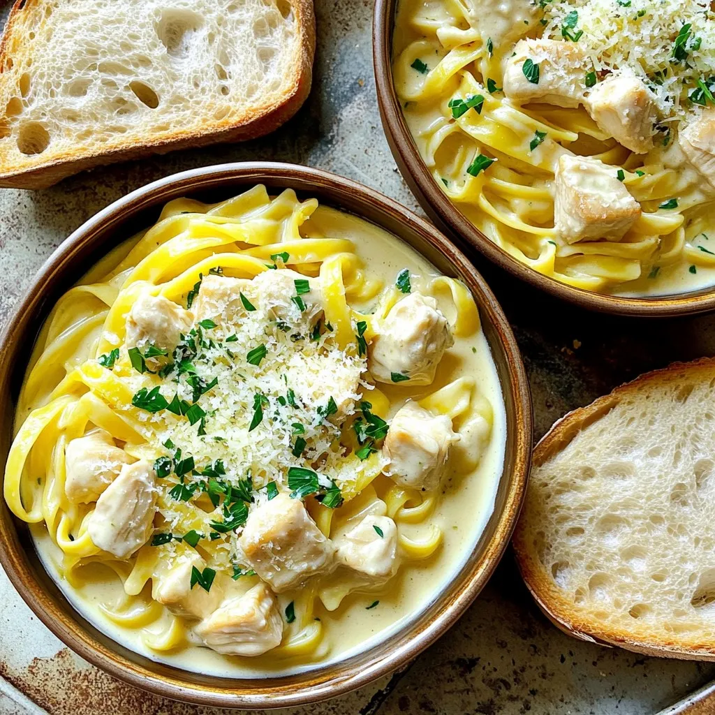 - 2 boneless, skinless chicken breasts, cut into bite-sized cubes - 8 oz fettuccine or your preferred pasta - 4 cloves garlic, finely minced The main ingredients set the stage for this dish. Chicken breasts bring protein and heartiness. I love using fresh, tender chicken for the best flavor. Pasta adds texture. Fettuccine works well, but any pasta you like will do. Garlic gives a punch of flavor. Fresh garlic creates a rich aroma and taste. - 3 tablespoons olive oil, divided - 1 cup heavy cream - 1 cup freshly grated Parmesan cheese - 1 teaspoon Italian seasoning - Salt and freshly cracked black pepper, to taste Olive oil is a must for cooking. It adds richness and helps with browning the chicken. Heavy cream makes the sauce creamy and smooth. I always use fresh Parmesan cheese. It melts beautifully and enhances the dish’s flavor. Italian seasoning brings warmth and depth. Salt and pepper are essential for rounding out all the tastes. - Fresh parsley, chopped, for garnish Fresh parsley adds color and a fresh taste. It makes the dish pop visually. I recommend using it as a final touch to elevate your meal. - Heat 2 tablespoons of olive oil in a large skillet over medium-high heat. - Add 2 boneless, skinless chicken breasts cut into bite-sized cubes. - Season the chicken with salt and freshly cracked black pepper. - Sauté for 6-8 minutes. The chicken should turn golden brown and be fully cooked. - Take the chicken out and place it on a plate. - In the same skillet, add 1 tablespoon of olive oil. - Add 4 cloves of finely minced garlic. - Sauté for 1-2 minutes. Watch carefully to avoid burning the garlic. - You want it fragrant and slightly golden. - Gradually pour 1 cup of heavy cream into the skillet. - Bring the mix to a gentle simmer over medium-low heat. - Add 1 cup of freshly grated Parmesan cheese and 1 teaspoon of Italian seasoning. - Stir continuously for 3-4 minutes. The cheese should melt and the sauce will thicken. - While the sauce simmers, cook 8 oz of fettuccine or your choice of pasta. - Follow the package instructions until the pasta is al dente. - Drain the pasta and set it aside while finishing the sauce. - Return the sautéed chicken to the skillet. - Add the drained pasta to the mix. - Toss everything together well. Ensure the pasta is coated in the creamy garlic Parmesan sauce. - Taste and adjust seasonings with more salt and pepper if needed. - Remove the skillet from the heat. - Garnish the dish with freshly chopped parsley. - Serve in individual bowls. Sprinkle more grated Parmesan on top for extra flavor. - For a complete meal, add warm, crusty bread on the side. To get the right sauce, you need the right mix. Start with heavy cream. Pour it slowly into your skillet after sautéing the garlic. This helps it blend well. Stir in the Parmesan cheese gradually. It melts better this way. If your sauce is too thick, add a splash of pasta water to loosen it. A smooth, creamy sauce makes all the difference in flavor. For juicy chicken, cut your chicken breasts into small, even pieces. This helps them cook quickly and evenly. Use a hot skillet with olive oil. Sear the chicken until it turns golden brown. This gives a nice flavor. Don’t overcook the chicken; it should be juicy, not dry. Always remember to season well with salt and pepper. To avoid overcooked pasta, check it early. Cook your pasta until it's al dente, meaning it has a slight bite. This keeps the texture firm and chewy. Drain it but save a little pasta water. This water can help your sauce stick to the pasta. Toss everything together right after draining for the best results. {{image_4}} You can switch up the pasta type for this dish. While fettuccine works great, you have options. Try penne, spaghetti, or even rotini. Each shape holds the sauce differently, adding unique bites. I love using whole wheat pasta for more fiber. Gluten-free pasta is also a good choice for those who need it. If you want to change the protein, shrimp or tofu are excellent choices. Shrimp cooks quickly and adds a nice seafood flavor. Just sauté them for a few minutes until they turn pink. Tofu is great for a plant-based twist. Make sure to press it to remove extra moisture. Then, cut it into cubes and sauté until golden. Adding vegetables boosts flavor and nutrition. Think about bell peppers, spinach, or broccoli. They add color and crunch to your dish. You can sauté them with the garlic for extra flavor. Zucchini or cherry tomatoes also work well. Just be mindful of cooking times to keep them fresh and bright. To store leftovers well, let the pasta cool first. Place it in an airtight container. This keeps the creamy sauce fresh. Store it in the fridge for up to three days. When you are ready to eat, just reheat it gently on the stove. You can freeze this dish for later use. First, allow it to cool completely. Transfer it to a freezer-safe container. It will stay good for about three months. To reheat, thaw it overnight in the fridge. Heat it slowly on low in a skillet. Add a splash of cream if it looks dry. To keep the dish tasty, avoid freezing it with fresh parsley. It can get mushy. Also, cook the pasta just until al dente. This helps it hold up better when reheating. Always taste before serving. You might want to add more cheese or seasoning for that fresh flavor. To make this dish gluten-free, you can swap out traditional pasta. Use gluten-free pasta made from rice or quinoa. These options cook nicely and still taste great. Just check the package for cooking times, as they may vary. You can also use gluten-free flour to thicken the sauce if needed. This keeps your meal tasty and safe for those avoiding gluten. Yes, you can use pre-cooked chicken for this recipe. Just make sure it is cut into bite-sized pieces. Start by sautéing the garlic in olive oil. Then, add the cooked chicken to the pan after the garlic is fragrant. This cuts down on cooking time while still giving you that delicious flavor. Just heat the chicken until it is warm and then mix in the creamy sauce. For a complete meal, serve a fresh green salad with a light dressing. This adds a nice crunch and balances the creaminess of the pasta. Garlic bread also pairs well, perfect for soaking up any extra sauce. Roasted vegetables like broccoli or asparagus can add color and nutrition to your plate. These sides will make your meal even more delightful. This blog post covered key ingredients and step-by-step instructions for a creamy pasta dish. You learned about chicken, pasta, and essential seasonings. I shared helpful tips for cooking each part perfectly. Variations let you customize with different proteins and veggies. Remember to store your leftovers right. This keeps your meal tasty for later. Enjoy trying these ideas in your kitchen. You can create a dish that delights and satisfies every time.