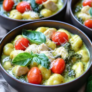 - 1 lb (450g) chicken breast, diced into bite-sized pieces - 16 oz (450g) potato gnocchi - 1 cup (240ml) heavy cream - 1 cup (240ml) vibrant basil pesto - 1 cup (approximately 150g) ripe cherry tomatoes, halved - 2 cups (approximately 60g) fresh baby spinach - 1 tablespoon extra virgin olive oil - 1 teaspoon garlic powder - Salt and fresh black pepper to taste - Freshly grated Parmesan cheese for serving When I prepare this dish, I focus on using fresh and high-quality ingredients. The chicken breast gives a nice protein base, while the potato gnocchi adds a fun, chewy texture. Heavy cream is key for richness, and the basil pesto brings that herby punch we love. Cherry tomatoes add brightness, and baby spinach not only brings color but also nutrients. A drizzle of extra virgin olive oil enhances flavors. For seasoning, garlic powder, salt, and black pepper create a simple yet delicious taste. Finally, I top it all with freshly grated Parmesan cheese for that cheesy, savory finish. Using these ingredients, you can create a creamy and satisfying meal in no time. To start, heat one tablespoon of extra virgin olive oil in a large pot over medium heat. Once the oil is hot, add 1 pound of diced chicken breast. Season the chicken with salt, black pepper, and 1 teaspoon of garlic powder. Cook the chicken for about 5 to 7 minutes, stirring often. You want it to turn golden brown and be cooked through. Ensure there is no pink left in the center. After your chicken is cooked, it's time to add flavor. Toss in 1 cup of halved cherry tomatoes. Stir and cook for another 2 minutes. This helps the tomatoes soften and release their sweet juices. Next, pour in 1 cup of heavy cream and 1 cup of vibrant basil pesto. Stir until everything is mixed well. Bring this tasty blend to a gentle simmer. Now, add 16 ounces of potato gnocchi to the pot. Make sure each piece is coated in the creamy sauce. Cover the pot and let it simmer for about 3 to 5 minutes. This will cook the gnocchi until they are tender. Finally, fold in 2 cups of fresh baby spinach. Cook for an additional minute until the spinach wilts down. Taste your dish and adjust the seasoning if needed. Enjoy the rich, creamy delight you’ve created! To make your Creamy One-Pot Pesto Chicken Gnocchi shine, focus on seasoning. Taste as you cook. If it needs more flavor, add a pinch of salt or pepper. Garlic powder brings great depth. Adjust based on your preference. Cooking the gnocchi properly is key. Follow the package instructions. They should be tender but not mushy. Watch them closely as they simmer in the sauce. Stir gently to coat them without breaking. Serving this dish can be fun! Use deep bowls to hold the creamy gnocchi. This adds warmth and comfort. For a pop of color, top with fresh basil leaves. A light sprinkle of Parmesan cheese adds a nice touch, too. Pair it with warm crusty bread for a complete meal. The bread soaks up the sauce, making every bite delightful. Use a large pot or deep skillet for this recipe. A heavy-bottomed pan helps cook the chicken evenly. Make sure your pot has a lid for simmering the gnocchi. A wooden spoon or spatula is great for stirring. You might also want a zester for grating Parmesan cheese. Having these tools ready will make cooking easier and more enjoyable. {{image_4}} Alternative proteins You can swap chicken for shrimp or tofu. Shrimp cooks fast and adds a nice flavor. Tofu is a great choice for a plant-based meal. Simply cube the tofu and sauté until golden. Dairy-free options For a dairy-free dish, use coconut cream instead of heavy cream. This keeps the dish creamy without dairy. You can also use nutritional yeast for a cheesy flavor without the cheese. Additional herbs and spices Try adding fresh basil or oregano for extra flavor. A pinch of red pepper flakes adds a nice kick. Experiment with your favorite spices to make it your own. Vegetable options You can add zucchini or bell peppers for more color and nutrition. Simply chop them up and toss them in with the tomatoes. They will cook down and add great taste. Pairing with side dishes This dish pairs well with a simple green salad. You can also serve it with crusty bread to soak up the sauce. Garlic bread is another great choice for added flavor. Incorporating leftovers into new meals Leftovers can be mixed into a frittata for breakfast. You can also use them in wraps for a quick lunch. Just heat them up and enjoy anew! To keep your Creamy One-Pot Pesto Chicken Gnocchi fresh, use airtight containers. Glass or plastic containers work well. Make sure to let the dish cool before sealing. Place the leftovers in the fridge. They will stay fresh for about three days. The best way to reheat this dish is on the stove. Heat a pan over low heat. Add a splash of cream or broth to keep it creamy. Stir often to prevent sticking. You can also use the microwave. Heat in short bursts, stirring in between. This helps to maintain the creaminess. You can freeze this dish, but the texture may change. To freeze, let it cool completely. Place it in freezer-safe bags or containers. Remove as much air as possible before sealing. It will last up to three months in the freezer. To thaw, move it to the fridge overnight. Reheat on the stove or in the microwave. Stir well to combine everything again. It takes about 25 minutes to make this dish. This includes 10 minutes of prep time and 15 minutes of cooking time. You can have a tasty meal ready in no time. Yes, you can use homemade pesto. Fresh basil, garlic, nuts, and cheese create a great flavor. Homemade pesto adds a personal touch to your dish. You can use turkey, tofu, or even shrimp instead of chicken. These options work well and keep the dish tasty. Choose what you like best! Yes, this dish is great for meal prep. Store it in airtight containers in the fridge. You can enjoy it for lunch or dinner throughout the week. Yes, you can make this recipe dairy-free. Use coconut cream instead of heavy cream and skip the Parmesan cheese. This way, everyone can enjoy a creamy meal! This recipe for Creamy One-Pot Pesto Chicken Gnocchi is easy and delicious. We discussed the main ingredients, like chicken, gnocchi, and pesto. You learned how to cook and combine everything in one pot. Remember to adjust the seasoning to your taste and enjoy the visual appeal of your dish. It’s flexible too; feel free to swap proteins or add veggies. With proper storage, you can save leftovers for later. Experiment and make this dish your own!