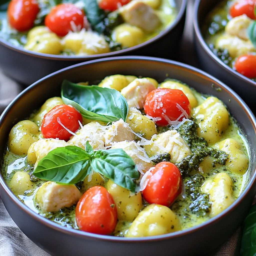 - 1 lb (450g) chicken breast, diced into bite-sized pieces - 16 oz (450g) potato gnocchi - 1 cup (240ml) heavy cream - 1 cup (240ml) vibrant basil pesto - 1 cup (approximately 150g) ripe cherry tomatoes, halved - 2 cups (approximately 60g) fresh baby spinach - 1 tablespoon extra virgin olive oil - 1 teaspoon garlic powder - Salt and fresh black pepper to taste - Freshly grated Parmesan cheese for serving When I prepare this dish, I focus on using fresh and high-quality ingredients. The chicken breast gives a nice protein base, while the potato gnocchi adds a fun, chewy texture. Heavy cream is key for richness, and the basil pesto brings that herby punch we love. Cherry tomatoes add brightness, and baby spinach not only brings color but also nutrients. A drizzle of extra virgin olive oil enhances flavors. For seasoning, garlic powder, salt, and black pepper create a simple yet delicious taste. Finally, I top it all with freshly grated Parmesan cheese for that cheesy, savory finish. Using these ingredients, you can create a creamy and satisfying meal in no time. To start, heat one tablespoon of extra virgin olive oil in a large pot over medium heat. Once the oil is hot, add 1 pound of diced chicken breast. Season the chicken with salt, black pepper, and 1 teaspoon of garlic powder. Cook the chicken for about 5 to 7 minutes, stirring often. You want it to turn golden brown and be cooked through. Ensure there is no pink left in the center. After your chicken is cooked, it's time to add flavor. Toss in 1 cup of halved cherry tomatoes. Stir and cook for another 2 minutes. This helps the tomatoes soften and release their sweet juices. Next, pour in 1 cup of heavy cream and 1 cup of vibrant basil pesto. Stir until everything is mixed well. Bring this tasty blend to a gentle simmer. Now, add 16 ounces of potato gnocchi to the pot. Make sure each piece is coated in the creamy sauce. Cover the pot and let it simmer for about 3 to 5 minutes. This will cook the gnocchi until they are tender. Finally, fold in 2 cups of fresh baby spinach. Cook for an additional minute until the spinach wilts down. Taste your dish and adjust the seasoning if needed. Enjoy the rich, creamy delight you’ve created! To make your Creamy One-Pot Pesto Chicken Gnocchi shine, focus on seasoning. Taste as you cook. If it needs more flavor, add a pinch of salt or pepper. Garlic powder brings great depth. Adjust based on your preference. Cooking the gnocchi properly is key. Follow the package instructions. They should be tender but not mushy. Watch them closely as they simmer in the sauce. Stir gently to coat them without breaking. Serving this dish can be fun! Use deep bowls to hold the creamy gnocchi. This adds warmth and comfort. For a pop of color, top with fresh basil leaves. A light sprinkle of Parmesan cheese adds a nice touch, too. Pair it with warm crusty bread for a complete meal. The bread soaks up the sauce, making every bite delightful. Use a large pot or deep skillet for this recipe. A heavy-bottomed pan helps cook the chicken evenly. Make sure your pot has a lid for simmering the gnocchi. A wooden spoon or spatula is great for stirring. You might also want a zester for grating Parmesan cheese. Having these tools ready will make cooking easier and more enjoyable. {{image_4}} Alternative proteins You can swap chicken for shrimp or tofu. Shrimp cooks fast and adds a nice flavor. Tofu is a great choice for a plant-based meal. Simply cube the tofu and sauté until golden. Dairy-free options For a dairy-free dish, use coconut cream instead of heavy cream. This keeps the dish creamy without dairy. You can also use nutritional yeast for a cheesy flavor without the cheese. Additional herbs and spices Try adding fresh basil or oregano for extra flavor. A pinch of red pepper flakes adds a nice kick. Experiment with your favorite spices to make it your own. Vegetable options You can add zucchini or bell peppers for more color and nutrition. Simply chop them up and toss them in with the tomatoes. They will cook down and add great taste. Pairing with side dishes This dish pairs well with a simple green salad. You can also serve it with crusty bread to soak up the sauce. Garlic bread is another great choice for added flavor. Incorporating leftovers into new meals Leftovers can be mixed into a frittata for breakfast. You can also use them in wraps for a quick lunch. Just heat them up and enjoy anew! To keep your Creamy One-Pot Pesto Chicken Gnocchi fresh, use airtight containers. Glass or plastic containers work well. Make sure to let the dish cool before sealing. Place the leftovers in the fridge. They will stay fresh for about three days. The best way to reheat this dish is on the stove. Heat a pan over low heat. Add a splash of cream or broth to keep it creamy. Stir often to prevent sticking. You can also use the microwave. Heat in short bursts, stirring in between. This helps to maintain the creaminess. You can freeze this dish, but the texture may change. To freeze, let it cool completely. Place it in freezer-safe bags or containers. Remove as much air as possible before sealing. It will last up to three months in the freezer. To thaw, move it to the fridge overnight. Reheat on the stove or in the microwave. Stir well to combine everything again. It takes about 25 minutes to make this dish. This includes 10 minutes of prep time and 15 minutes of cooking time. You can have a tasty meal ready in no time. Yes, you can use homemade pesto. Fresh basil, garlic, nuts, and cheese create a great flavor. Homemade pesto adds a personal touch to your dish. You can use turkey, tofu, or even shrimp instead of chicken. These options work well and keep the dish tasty. Choose what you like best! Yes, this dish is great for meal prep. Store it in airtight containers in the fridge. You can enjoy it for lunch or dinner throughout the week. Yes, you can make this recipe dairy-free. Use coconut cream instead of heavy cream and skip the Parmesan cheese. This way, everyone can enjoy a creamy meal! This recipe for Creamy One-Pot Pesto Chicken Gnocchi is easy and delicious. We discussed the main ingredients, like chicken, gnocchi, and pesto. You learned how to cook and combine everything in one pot. Remember to adjust the seasoning to your taste and enjoy the visual appeal of your dish. It’s flexible too; feel free to swap proteins or add veggies. With proper storage, you can save leftovers for later. Experiment and make this dish your own!