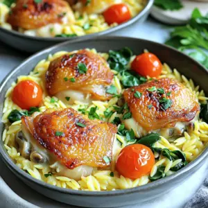 - 1 pound boneless, skinless chicken thighs, cut into bite-sized pieces - 2 cups orzo pasta - 4 cloves garlic, minced - 1 medium onion, finely diced - 1 cup cherry tomatoes, halved - 1 cup baby spinach - 1 teaspoon dried oregano - 1 teaspoon smoked paprika - Salt and freshly cracked black pepper to taste - 3 cups chicken broth - 4 tablespoons unsalted butter, divided - Fresh parsley, chopped - Additional seasoning - Cut 1 pound of chicken thighs into bite-sized pieces. - Mince 4 cloves of garlic and dice 1 medium onion. - Melt 2 tablespoons of butter in a large skillet over medium heat. - Add the diced onion and cook until it is soft and clear, about 3-4 minutes. - Raise the heat to medium-high and add the chicken. - Season the chicken with salt, pepper, oregano, and smoked paprika. - Cook until the chicken is brown on all sides, around 5-7 minutes. - Add the minced garlic and cook for another minute until fragrant. - Stir in 1 cup of halved cherry tomatoes and cook for 2 minutes. - Pour in 3 cups of chicken broth and bring to a boil. - Add 2 cups of orzo pasta, stirring well to mix everything. - Lower the heat, cover, and simmer for 10-12 minutes. - Stir occasionally to stop the orzo from sticking. - When the orzo is tender, fold in 1 cup of baby spinach. - Stir in the last 2 tablespoons of butter until the spinach wilts. - Taste and adjust with more salt and pepper if needed. - Let it rest for a few minutes before serving. To ensure proper browning of chicken, pat the pieces dry before cooking. This helps them brown better. Cook the chicken in a hot skillet and avoid overcrowding it. This way, each piece gets a nice crust. To avoid orzo sticking, stir it often while cooking. Add a bit of extra broth if it looks too dry. This keeps the pasta fluffy and tender. Adjusting seasoning to taste is key. After cooking, taste your dish. If it needs more flavor, add salt or pepper. You can also add a splash of lemon juice for brightness. For extra flavor, consider adding a splash of white wine or some parmesan cheese. These will give your dish a tasty boost. Fresh herbs like basil or thyme can also enhance the flavor. For serving styles, wide, shallow bowls work best. They give an elegant look for any meal. Garnish your dish with freshly chopped parsley for a pop of color. You can also drizzle a bit of melted butter over the top before serving. This adds a rich finish. Enjoy serving this dish with a side salad or crusty bread to round out the meal! {{image_4}} You can easily change the protein in this dish. Try shrimp or tofu for a twist. Both options cook quickly and soak up the garlic butter flavor well. If you want a lighter meal, shrimp works great. Tofu is perfect for a vegetarian choice. Another fun swap is the pasta. If you don't have orzo, use other types like rice or small shells. Each will give a unique taste and texture. Just make sure to adjust the cooking time as needed. To make this dish gluten-free, choose gluten-free pasta. There are many options available that cook just like regular pasta. Follow the package instructions for cooking time. For a dairy-free option, swap unsalted butter for olive oil or a dairy-free butter. This change keeps the dish rich while accommodating dietary needs. Want to add more veggies? Toss in bell peppers, zucchini, or even peas. Just add them when you cook the onions. This adds more color and nutrients to your meal. You can also play with herbs and spices. Try fresh basil or thyme for a different flavor. Adding a pinch of red pepper flakes gives a nice kick too. Be creative and have fun with it! To store leftovers, let the Garlic Butter Chicken Orzo Skillet cool down first. Once cool, place it in an airtight container. This keeps the flavors fresh and prevents spills. I recommend using glass or BPA-free plastic containers. These materials help keep your food safe and tasty. You can keep it in the fridge for up to three days. The best way to reheat this dish is on the stove over low heat. This method warms it evenly and keeps the orzo from getting mushy. Stir it often to maintain the texture. You can also use the microwave. Just cover the bowl with a microwave-safe lid or wrap. Heat in short bursts, stirring in between. This way, you keep the flavor intact. Yes, you can freeze Garlic Butter Chicken Orzo Skillet! To freeze it, let it cool completely. Then, place it in a freezer-safe container. Make sure to leave some space at the top since things expand when frozen. This meal can last up to three months in the freezer. To reheat, thaw it in the fridge overnight. Then, warm it on the stove or in the microwave. Enjoy your easy meal anytime! What can I serve with Garlic Butter Chicken Orzo Skillet? You can serve this dish with a fresh side salad or crusty bread. A simple green salad with vinaigrette works well. If you want something warm, garlic bread complements the flavors. Can I make this recipe ahead of time? Yes, you can make this dish ahead of time. Store it in an airtight container in the fridge. It tastes great the next day. Just reheat on the stove or in the microwave. How do I know when chicken is cooked through? Check the chicken with a meat thermometer. The internal temperature should reach 165°F. If you don’t have a thermometer, cut into a piece. The meat should be white, not pink. What can I substitute for unsalted butter? You can use salted butter if you prefer. Just reduce the added salt. Olive oil also works well for a healthier option. It adds great flavor and keeps the dish light. Can I add a side salad or bread? Absolutely! A crisp side salad adds freshness. Crusty bread or garlic bread is perfect for soaking up the sauce. Both options enhance the meal and make it more filling. How spicy is this dish? This dish is not very spicy. The smoked paprika adds depth without heat. If you want more spice, add crushed red pepper flakes to taste. This blog post examined a delicious Garlic Butter Chicken Orzo Skillet recipe. We looked at the main ingredients, step-by-step instructions, and useful tips. You can make this dish your own by swapping proteins and adjusting flavors. We also covered how to store and reheat leftovers. Enjoy experimenting with this recipe and make it unique to your taste. A simple, tasty meal can bring joy to your table. Happy cooking!