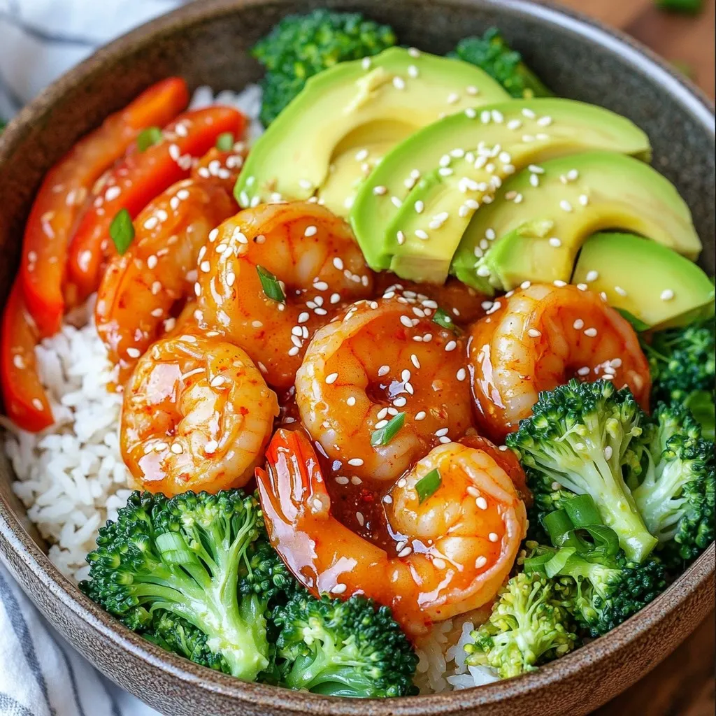- 1 pound large shrimp, peeled and deveined - 1/4 cup sweet chili sauce - 1 tablespoon soy sauce - 1 teaspoon sesame oil - 1 teaspoon garlic powder - 1 teaspoon ground ginger - 1 tablespoon fresh lime juice - 2 cups cooked jasmine rice - 1 cup broccoli florets, trimmed - 1 red bell pepper, thinly sliced - 1 ripe avocado, sliced - Sesame seeds and finely chopped green onions for garnish Gathering ingredients for Air Fryer Sweet Chili Shrimp Bowls is simple and fun. You will need fresh shrimp, which adds a sweet and tender bite. The sweet chili sauce brings in a nice balance of sweetness and heat. Soy sauce adds depth, while sesame oil gives a nutty flavor. Garlic powder and ground ginger offer aromatic notes. Fresh lime juice brightens the dish. Jasmine rice serves as a soft base for the bowl. For veggies, broccoli florets add crunch and color. Red bell pepper gives sweetness, and avocado adds creaminess. Finally, garnishing with sesame seeds and green onions adds a lovely finish. Having everything ready makes cooking smooth and fast. This way, you can enjoy your meal sooner! To start, you need to make the marinade. Grab a medium bowl. In that bowl, combine: - 1/4 cup sweet chili sauce - 1 tablespoon soy sauce - 1 teaspoon sesame oil - 1 teaspoon garlic powder - 1 teaspoon ground ginger - 1 tablespoon fresh lime juice Whisk all these ingredients together. This sauce will give the shrimp a tasty kick. Now, take 1 pound of large shrimp, peeled and deveined. Add the shrimp to the bowl with the marinade. Make sure each shrimp gets coated well. Let it sit for 15 minutes. This step helps the shrimp soak up all the great flavors. While the shrimp is marinating, prepare the vegetables. In a separate bowl, toss together: - 1 cup broccoli florets, trimmed - 1 red bell pepper, thinly sliced Drizzle a little olive oil over the veggies. Add salt and pepper to taste. Toss them well. This adds flavor and helps them cook nicely. Next, preheat your air fryer to 380°F (190°C). This usually takes about 5 minutes. Once hot, arrange the marinated shrimp in a single layer in the air fryer basket. Cook for 6-8 minutes. Halfway through, gently shake the basket. This helps the shrimp cook evenly. After 4 minutes, add the broccoli and bell pepper to the air fryer. Cook until the shrimp is fully cooked and the veggies are tender-crisp. Now it’s time to put everything together. Take four serving bowls. Start by layering each bowl with: - 2 cups cooked jasmine rice Then top with the air-fried shrimp and vegetables. Add fresh avocado slices on top. Finish with a sprinkle of sesame seeds and finely chopped green onions. This makes the bowls look vibrant and tasty. To get the best flavor from shrimp, start by peeling and deveining them. This step is simple. Hold the shrimp in one hand and twist off the shell. Use your fingers or a small knife to remove the dark vein along the back. Rinse the shrimp under cold water, then pat them dry with paper towels. This helps the marinade stick better. For added flavor, let the shrimp marinate in sauce for at least 15 minutes. For perfect air-fried shrimp, set your air fryer to 380°F (190°C). The cooking time should be 6 to 8 minutes. Shake the basket halfway through cooking. This ensures even cooking and crispiness. Add vegetables after 4 minutes to cook them just right. They should be tender but still crisp. Keep an eye on the shrimp; they are done when they turn pink and opaque. A beautiful bowl makes a meal more appealing. Start with a base of jasmine rice. Then, layer on the air-fried shrimp and vegetables. For a pop of color, fan avocado slices on top. Sprinkle sesame seeds and chopped green onions for nice texture and flavor. Add a lime wedge for some zing. This not only looks good but also enhances the taste. Enjoy your vibrant and colorful Air Fryer Sweet Chili Shrimp Bowls! {{image_4}} You can swap shrimp for other proteins. Chicken works great here. Use boneless chicken thighs or breasts. Cut them into bite-sized pieces. Marinate them the same way as shrimp. Cook them until golden and juicy. Tofu is another tasty option. Choose firm tofu for better texture. Press it to remove excess water, then cut it into cubes. Coat it in the marinade and air fry until crispy. Tempeh is also a good choice. Slice it thin and marinate like shrimp. Air fry it until it’s golden. Each protein gives a unique taste to your bowl. Feel free to mix up the veggies. Snap peas add a nice crunch. Carrots cut into thin strips are sweet and colorful. Zucchini slices can also work well. Just remember to adjust cooking time. You want them tender, but still crisp. Mushrooms offer rich flavors. Use shiitake or button mushrooms. They add a meaty texture. Spinach or kale can brighten up your bowl. Toss them in the air fryer for a few minutes. You can change the sauce for different flavors. For a tangy twist, try teriyaki sauce. It pairs well with chicken or tofu. A spicy Sriracha sauce adds heat if you like kick. For a creamy option, use a yogurt-based sauce. Mix yogurt with lime juice and garlic. This gives a fresh taste to your dish. Peanut sauce is another fun choice. It adds a nutty flavor that complements shrimp perfectly. Each variation lets you put your own spin on this dish. Have fun experimenting! To keep your shrimp and vegetables fresh, store them in an airtight container. Place them in the fridge within two hours of cooking. This keeps flavors intact. Use leftover shrimp within two days for the best taste. Keep the vegetables in a separate container. This helps prevent sogginess. Reheat your shrimp and veggies in an air fryer for best results. Set the air fryer to 350°F (175°C) for about 3-5 minutes. This method helps restore crispiness. You can also use a skillet on medium heat. Add a splash of water to keep the shrimp moist. Stir gently until heated through. Prep your ingredients ahead for quick meals. Peel and devein the shrimp a day before cooking. Store them in the fridge in a sealed bag. Chop the broccoli and bell pepper and keep them in containers. You can make the marinade in advance too. This saves time on busy days. Just mix the sauce and store it in a jar. Yes, you can use frozen shrimp. Just make sure to thaw them first. To thaw, place shrimp in the fridge overnight. If you're short on time, you can also run them under cold water for about 10 minutes. Once thawed, pat them dry with paper towels. This helps the shrimp absorb the flavors better. If you don't have sweet chili sauce, you can make a simple swap. Mix equal parts of honey and sriracha for a quick alternative. This gives you sweetness and heat. You can also use a mix of ketchup and soy sauce for a different flavor. Both options work well in this dish. To add more heat, try using more sriracha in the marinade. You can also sprinkle red pepper flakes on the shrimp before cooking. Another option is to slice fresh jalapeños and add them to the air fryer with the veggies. Each of these methods boosts the spice level. Yes, making this dish gluten-free is easy. Use gluten-free soy sauce instead of regular soy sauce. Many brands offer this option. Check the labels to be sure. You can also use tamari, which is a great gluten-free alternative. This keeps your meal tasty and safe. This blog post showed you how to make a tasty shrimp bowl using simple ingredients. You learned about marinating shrimp, cooking vegetables, and assembling the bowl for a great meal. Remember, you can swap shrimp for other proteins and use different veggies for variety. Store leftovers properly and reheat them to keep that yummy taste. Enjoy creating your own shrimp bowls!