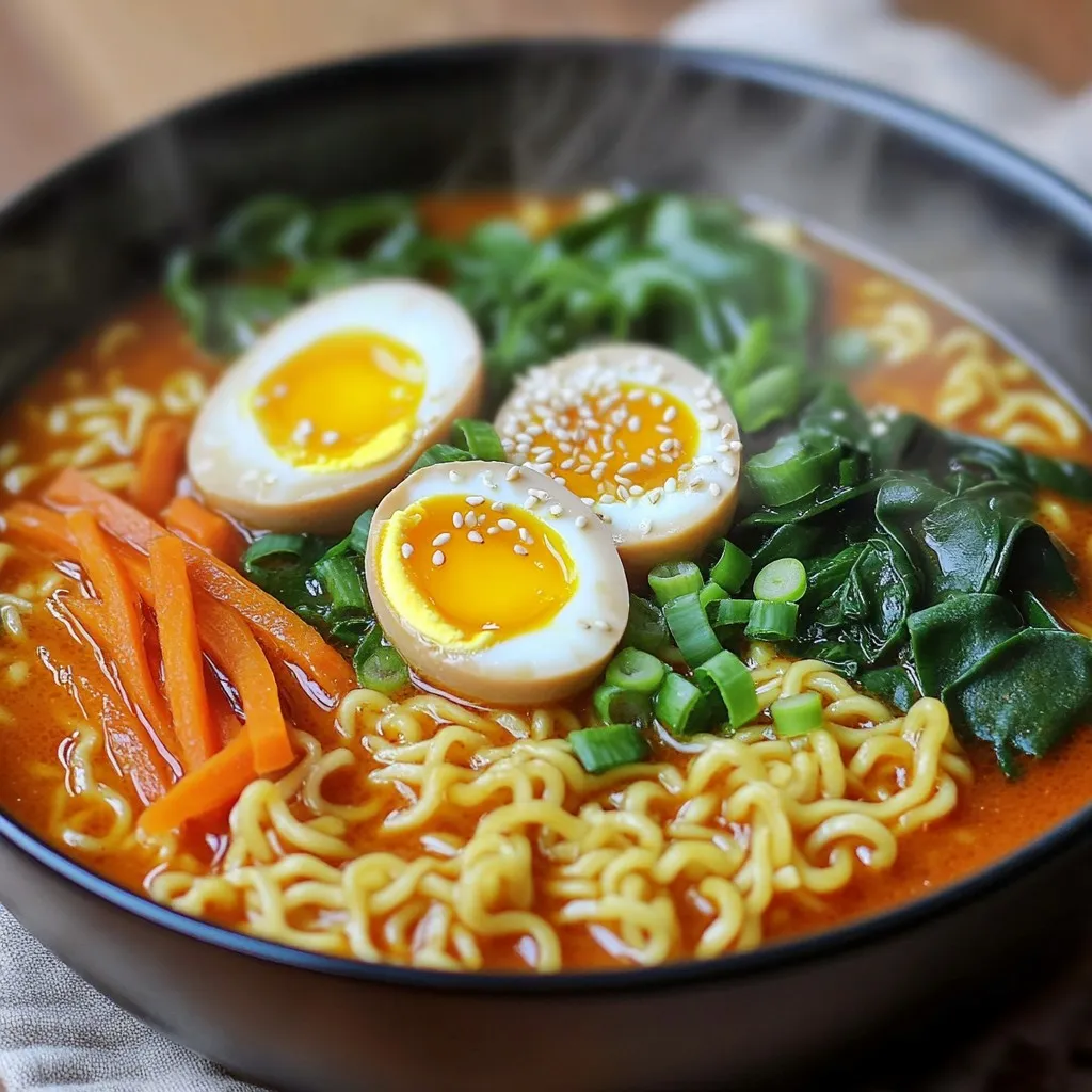 - 2 packets instant ramen noodles - 4 cups vegetable broth - 2 tablespoons red miso paste - 1 tablespoon soy sauce - 1 tablespoon sriracha - 1 teaspoon sesame oil - 2 green onions, thinly sliced - 1 cup baby spinach - 1 medium carrot, julienned - 2 large eggs - Sesame seeds, for garnish - Medium-sized pot - Small pot for boiling eggs - Bowl for ice water - Serving bowls When making Minute Spicy Miso Ramen with Jammy Egg, you need fresh ingredients. The instant ramen noodles cook fast and taste great. The vegetable broth adds depth to the dish. Red miso paste gives the broth its rich, savory flavor. Soy sauce and sriracha bring saltiness and heat. Adjust the sriracha to your taste for spice. Sesame oil adds a wonderful nutty aroma. Fresh green onions offer a crisp bite, while baby spinach adds color and nutrients. The julienned carrot adds a sweet crunch to each spoonful. Finally, the jammy eggs are the star of the dish. Boiling them for the right time gives a soft yolk that pairs well with the ramen. Don’t forget sesame seeds for a nice garnish. For tools, use a medium pot for the broth and noodles. A small pot is needed for the eggs. An ice water bowl cools the eggs after boiling. Lastly, have serving bowls ready for this tasty meal. To make jammy eggs, start with a small pot of water. Bring this water to a rolling boil. Once boiling, carefully lower in your eggs. Boil them for 6 to 7 minutes. This gives you that perfect jammy yolk. After the time is up, move the eggs to a bowl of ice water. Let them cool for about 5 minutes. This cooling step makes them easy to peel. Once cool, gently peel the eggs and set them aside. Next, grab a medium-sized pot. Pour in 4 cups of vegetable broth. Bring the broth to a gentle simmer over medium heat. Once it simmers, add the two packets of ramen noodles. Cook the noodles for 3 to 4 minutes. You want them just tender but still firm. This gives the noodles a nice bite. Now, lower the heat to low. Gradually whisk in 2 tablespoons of red miso paste. Keep whisking until the miso dissolves and becomes smooth. Next, add 1 tablespoon of soy sauce, 1 tablespoon of sriracha, and 1 teaspoon of sesame oil. Stir well to mix all the flavors together. This broth will be rich and spicy. It's time to add some crunch and color. Toss in the julienned carrots and baby spinach into the broth. Cook for an additional 1 to 2 minutes. This will allow the spinach to wilt and the carrots to become tender. Make sure the carrots still have some crunch for great texture. Take two serving bowls and divide the cooked ramen noodles evenly. Pour the rich and spicy miso broth over the noodles in each bowl. Carefully halve the jammy eggs. Place a half on top of each bowl of ramen. Finish with a sprinkle of sliced green onions and sesame seeds. This adds flavor and a nice crunch for each delicious bite. - For the best jammy eggs, boil them for exactly 6-7 minutes. This timing gives you that perfect runny yolk. - After boiling, cool the eggs in ice water for 5 minutes. This stops the cooking and makes peeling easier. - To peel, gently tap the egg on a hard surface. Roll it lightly to crack the shell. This helps to remove the shell smoothly. - Want more spice? Add sriracha based on your heat preference. Start with a little, then taste before adding more. - If you need a broth alternative, try using mushroom broth or homemade broth. Both add a nice depth of flavor. - For a beautiful plate, use brightly colored bowls. They make the dish pop visually. - Arrange your toppings artfully. Place the jammy egg halves on top, then add green onions and sesame seeds. - Add a side of pickled ginger for a touch of flavor and color contrast. {{image_4}} You can easily change up the protein in your ramen. - Tofu for a vegetarian option: Tofu is a great choice for a meatless meal. Cut firm tofu into cubes. Sauté it until golden brown. Add it to your ramen for a nice texture. - Chicken or shrimp: For a heartier meal, add cooked chicken or shrimp. Just toss them in with the broth. They warm up quickly and add flavor. Switching up the veggies can keep your ramen fresh and exciting. - Seasonal veggies to incorporate: Use what’s in season! Try zucchini, bell peppers, or mushrooms. They add color and taste. Simply chop them and add to the broth with the carrots. - Substitute greens for spinach: If you want a different green, use bok choy or kale. Both add great flavor and nutrients. Just chop and stir them in with the broth. The broth is the heart of the ramen. You can make it your own. - Using chicken or beef broth: If you want a richer flavor, use chicken or beef broth. These add depth and warmth. Just swap it for the vegetable broth when cooking. - Gluten-free miso options: If you need a gluten-free option, look for gluten-free miso paste. It works just as well and keeps the dish tasty. Always check labels to be sure! To keep your ramen fresh, store the components separately. This helps maintain texture and flavor. - Noodles: Keep cooked noodles in a small container. Use a bit of oil to prevent sticking. - Broth: Pour broth into a sealable jar or container. This keeps it flavorful. - Eggs: Place jammy eggs in a bowl with some water. Cover this bowl to avoid drying out. - Vegetables: Store any leftover veggies in a separate bag or container. Reheating ramen can be easy with the right methods. Here’s how to do it without losing taste. - Noodles and Broth: Heat your broth in a pot over medium heat. Once hot, add the noodles. Stir gently for even heating. - Jammy Eggs: For the best results, place the eggs in warm water for a few minutes. This warms them without cooking further. Now, you can enjoy your Minute Spicy Miso Ramen with Jammy Egg again! This delicious ramen comes together with simple steps and fresh ingredients. You learned how to make jammy eggs and a rich miso broth. I shared tips on enhancing flavors and storing leftovers. Remember, you can customize your dish with different proteins and veggies. Enjoy your tasty ramen, your way. Cooking can be fun and rewarding, so get creative and make it your own!