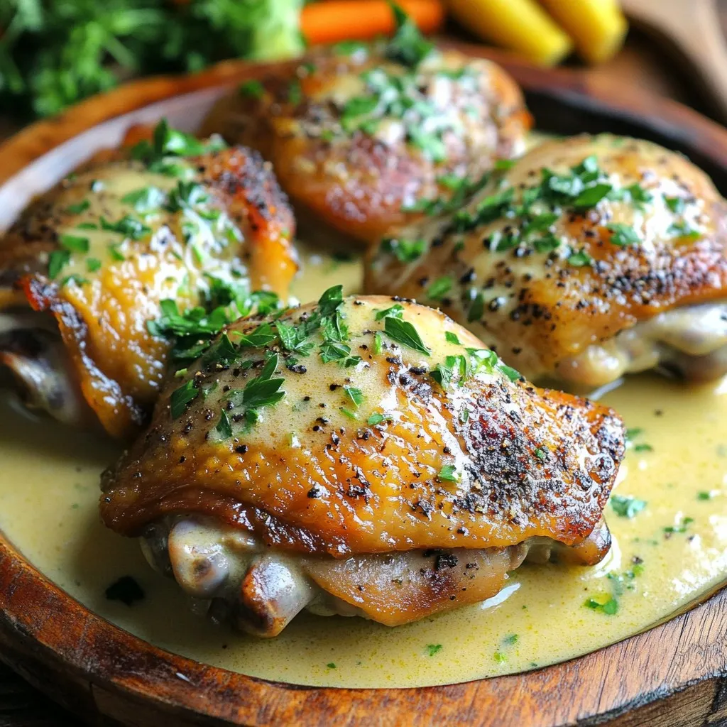 - 4 bone-in, skin-on chicken thighs - 2 tablespoons olive oil - 4 cloves garlic, finely minced - 1 cup chicken broth - 1 cup heavy cream - 1 tablespoon Dijon mustard - 2 teaspoons dried Italian herbs - Sea salt and freshly cracked black pepper to taste - Fresh parsley, chopped, for garnish Gather these ingredients for a tasty dish. The chicken thighs will give you great flavor and crispiness. Olive oil helps to sear the chicken well. Garlic adds a nice aroma and taste. The sauce comes together with chicken broth, heavy cream, and Dijon mustard. The Italian herbs bring warmth and depth. Don't forget the salt and pepper to enhance the flavors. Finally, fresh parsley adds a pop of color and freshness. This mix of ingredients makes every bite of the skillet creamy garlic herb chicken thighs memorable. To start, I season the chicken thighs. I sprinkle sea salt and cracked pepper on both sides. This simple step enhances the flavor greatly. Next, I heat the olive oil in a large skillet over medium-high heat. I wait until the oil shimmers. This means it's ready for the chicken. Now, I sear the chicken thighs skin-side down. I place them carefully in the hot skillet. I let them cook for about 7-8 minutes. I want the skin to turn golden and crispy. This gives a nice texture to the dish. Once the skin is browned, I flip the chicken using tongs. I cook them for another 5 minutes. This helps ensure even cooking. For the sauce, I begin by sautéing minced garlic in the same skillet. I cook it for about 30 seconds. The garlic should smell fragrant but not brown. Next, I deglaze the skillet with chicken broth. I use a wooden spoon to scrape up the brown bits. This adds a lot of flavor to the sauce. After that, I stir in the heavy cream. Then, I add Dijon mustard and dried Italian herbs. I bring the mixture to a gentle simmer. This allows it to thicken for about 2-3 minutes. Finally, I return the chicken thighs to the skillet, skin-side up. I spoon the creamy sauce over them. I cover the skillet with a lid and reduce the heat to low. I let it simmer for 15-20 minutes. I check that the chicken reaches an internal temperature of 165°F. Before serving, I taste the sauce and add more salt or pepper if needed. A sprinkle of fresh parsley on top gives a nice color and flavor. To get chicken skin that is crispy, start with a good sear. This means heating the olive oil until it is hot and shimmering. Place the chicken skin-side down in the skillet. Let it cook without moving it for about 7-8 minutes. This allows the skin to get that nice golden color. Season each thigh well with sea salt and cracked pepper. This makes the skin flavorful and enhances its crunch. For a perfect sauce, you may want to adjust its thickness. If it's too thin, let it simmer longer. If it’s too thick, add a splash of chicken broth or cream. Balance the flavors with salt and pepper. Taste as you go, so you get it just right. A well-seasoned sauce makes the dish shine. To check if the chicken is done, use a meat thermometer. The inside should reach 165°F. This ensures it is safe to eat. To prevent overcooking, keep an eye on the time. After simmering, check the chicken. If it looks juicy and the skin is intact, you did it right. {{image_4}} You can swap chicken thighs for other cuts. Try chicken breasts or drumsticks. They work well but may cook faster. If you want a non-dairy option, use coconut cream or cashew cream. Both give a nice texture. You can also try almond milk with a thickener for a lighter dish. Adding veggies can boost nutrition and taste. Consider spinach, mushrooms, or bell peppers. Sauté them with garlic for added flavor. Toss them in during the sauce stage for a colorful dish. You can also switch up the herbs. Try fresh basil or thyme for a different taste. A pinch of red pepper flakes adds heat if you like spice. If you prefer oven-baked chicken, preheat your oven to 375°F. Sear the thighs first, then transfer them to a baking dish. Pour the sauce over and bake for about 25-30 minutes. For a quicker meal, use an Instant Pot. Sear the thighs on the sauté setting first. Then, add all the sauce ingredients. Cook on high pressure for 10-12 minutes for tender chicken. To store leftovers, let the chicken cool first. Place it in an airtight container. This keeps the chicken fresh and safe. The cooked chicken thighs can last in the fridge for up to four days. When you reheat them, make sure they reach a safe temperature of 165°F. For freezing, wrap the chicken tightly in plastic wrap or foil. Then, place it in a freezer-safe bag. This helps prevent freezer burn. The chicken can stay good in the freezer for about three months. When you want to enjoy it, thaw it overnight in the fridge. This keeps the chicken juicy. To reheat, you have a few options. You can use the oven, microwave, or skillet. If using the oven, preheat to 350°F and heat for about 20 minutes. For the microwave, heat in short bursts, checking often. In a skillet, add a splash of broth or cream and heat gently. Always check that the chicken is at least 165°F before eating. This ensures it is safe and tasty. Cooking chicken thighs takes about 30 to 40 minutes. Searing the thighs takes 7-8 minutes per side. After that, simmer in the creamy sauce for 15-20 minutes. Always check that the internal temperature reaches 165°F. This ensures the chicken is safe to eat. Yes, you can use boneless chicken thighs. They cook faster than bone-in thighs. Sear them for about 5-6 minutes per side. Check the internal temperature often. Boneless thighs may need less time in the creamy sauce, around 10-15 minutes. You can serve this dish with several tasty sides. Steamed seasonal vegetables add a fresh crunch. Mashed potatoes soak up the creamy sauce well. Rice or pasta also make great companions. For a light option, a salad with a zesty dressing works nicely. In this post, we covered everything you need for Skillet Creamy Garlic Herb Chicken Thighs. We discussed the main ingredients, the step-by-step cooking process, and valuable tips for success. Remember, crispy skin and a creamy sauce make this dish shine. You can even switch ingredients or methods for your taste! With proper storage and reheating, your leftovers will stay delicious. Enjoy making this easy, flavorful meal that impresses everyone at the table. Happy cooking!