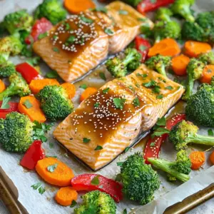 - 4 salmon fillets - 2 tablespoons Dijon mustard - 3 tablespoons pure maple syrup - 1 cup broccoli florets - 1 cup baby carrots, cut in half lengthwise - 1 red bell pepper, sliced into strips - 1 tablespoon olive oil (plus extra for veggies) - 1 teaspoon garlic powder - 1 teaspoon onion powder - Salt and pepper to taste - 1 tablespoon sesame seeds (for garnish) - Fresh parsley, chopped (for garnish) Gathering fresh ingredients sets the stage for a tasty meal. Salmon fillets are the star of this dish. They are rich in omega-3 fats and full of flavor. Dijon mustard adds a tangy kick. Pure maple syrup gives a sweet balance. The mix creates a glaze that shines on the salmon. For veggies, I love using broccoli florets. They add crunch and color. Baby carrots bring a nice sweetness, especially when roasted. Red bell pepper adds bright flavor and pairs well with salmon. Together, these vegetables make a colorful, nutritious plate. Seasonings are key for flavor. Olive oil helps the veggies roast well. Garlic powder and onion powder add depth. Salt and pepper enhance all the tastes. Sesame seeds and fresh parsley finish the dish with texture and freshness. With these ingredients, you're ready to create a delightful meal. 1. First, preheat your oven to 400°F (200°C). This heat is key for cooking the salmon and veggies just right. 2. Next, line a large baking sheet with parchment paper. This helps with easy cleanup and prevents sticking. 1. In a small bowl, whisk together the Dijon mustard, pure maple syrup, and olive oil. 2. Add garlic powder, onion powder, and a pinch of salt and pepper. 3. Keep whisking until the mixture is smooth and well blended. This glaze adds a sweet and tangy flavor that makes the dish shine. 1. Now, place the salmon fillets on one side of the baking sheet. 2. Generously brush the maple Dijon mixture over each salmon fillet. Make sure each piece is well coated for maximum flavor. 3. In another bowl, combine the broccoli florets, halved baby carrots, and red bell pepper strips. 4. Drizzle a little olive oil over the veggies. Season with salt and pepper, then toss to coat evenly. 1. Spread the seasoned vegetables on the empty side of the baking sheet. Keep them in a single layer for even roasting. 2. Slide the baking sheet into the preheated oven. Roast for about 15 to 20 minutes. 3. The salmon is ready when it flakes easily with a fork, and the veggies are tender yet slightly crisp. 4. Once done, remove the baking sheet and sprinkle sesame seeds and fresh parsley over the dish for a lovely finish. Enjoy the bright colors and great flavors! - Checking for doneness: To know when your salmon is ready, look for a change in color. The salmon should turn from bright pink to a lighter, opaque shade. You can also check if it is firm to the touch. If it feels soft, it needs more time. - Flaking with a fork: Once you think the salmon is done, take a fork and gently press down on it. If it flakes easily, it is ready to eat. This method works best to ensure the fish is perfectly cooked. - Achieving uniform roasting: To get your veggies just right, cut them into similar sizes. This helps them cook evenly. Spread them out in a single layer on the baking sheet, so they do not steam. - Best veggie pairings: Broccoli, carrots, and red bell peppers are excellent choices. You can also try zucchini, asparagus, or green beans. Each adds a unique taste and color to your dish. - Making it spicier or sweeter: If you like a kick, add a pinch of cayenne pepper or a dash of hot sauce to the glaze. For more sweetness, you can increase the maple syrup. Just mix it in until you reach your desired flavor. {{image_4}} You can swap salmon for chicken or tofu. Chicken thighs are juicy and cook well. Use boneless skinless chicken breasts for a leaner option. For a plant-based choice, firm tofu works nicely. Press the tofu to remove excess water. Then cut it into cubes and coat with the glaze just like the salmon. Bake as you would the salmon, adjusting time as needed. Feel free to switch up the vegetables. Asparagus, zucchini, and green beans also roast well. You can use cauliflower florets for a hearty bite. Sweet potatoes add a nice sweetness and texture. Just remember to cut them into small pieces for even cooking. Get creative with your glaze! You can try other mustards, like whole grain or spicy brown mustard. Honey or agave syrup can replace maple syrup for a different sweetness. You might even add a splash of soy sauce for a savory twist. A pinch of chili flakes can add heat if you like spice. To keep your leftovers fresh, use airtight containers. Glass or plastic containers work great. Make sure to let the food cool first. This way, it won’t steam and get soggy. Store your leftovers in the fridge for up to three days. For the best taste, reheat your salmon and veggies in the oven. Preheat the oven to 350°F (175°C). Place the leftovers on a baking sheet. Heat for about 10-15 minutes or until warm. You can also use a microwave. If you do, cover the dish with a microwave-safe lid to keep it moist. You can freeze the salmon and veggies. Place them in a freezer-safe bag. Remove as much air as possible. This helps prevent freezer burn. Your meal will stay good for up to three months. To eat, thaw it overnight in the fridge before reheating. Yes, you can use frozen salmon. Thaw it first for best results. To thaw, place the salmon in the fridge overnight. If you're short on time, use a sealed bag and submerge it in cold water for about an hour. Once thawed, pat it dry with a paper towel before cooking. This step helps the glaze stick better. This dish goes well with many sides. Try serving it with: - Quinoa or rice - Mashed potatoes - A fresh green salad - Garlic bread These sides will complement the salmon and veggies nicely. You can tell the salmon is done when it flakes easily with a fork. The color should change from a bright pink to an opaque shade. If you have a meat thermometer, the inside temperature should reach 145°F (63°C). Yes, you can prepare the glaze ahead of time. Mix all the glaze ingredients and store it in an airtight container. Keep it in the fridge for up to three days. When you are ready to cook, just give it a good stir before using it. This makes meal prep quick and easy! This dish combines simple, fresh ingredients for a tasty meal. You learned about selecting salmon, easy veggies, and a great glaze. Following the steps ensures your meal turns out perfect every time. Don’t forget the tips and tricks to adjust flavors and check for doneness. Storing leftovers or trying variations keeps your meals exciting. Enjoy cooking and experimenting with this delightful recipe! You’ll impress family and friends with your delicious creations.