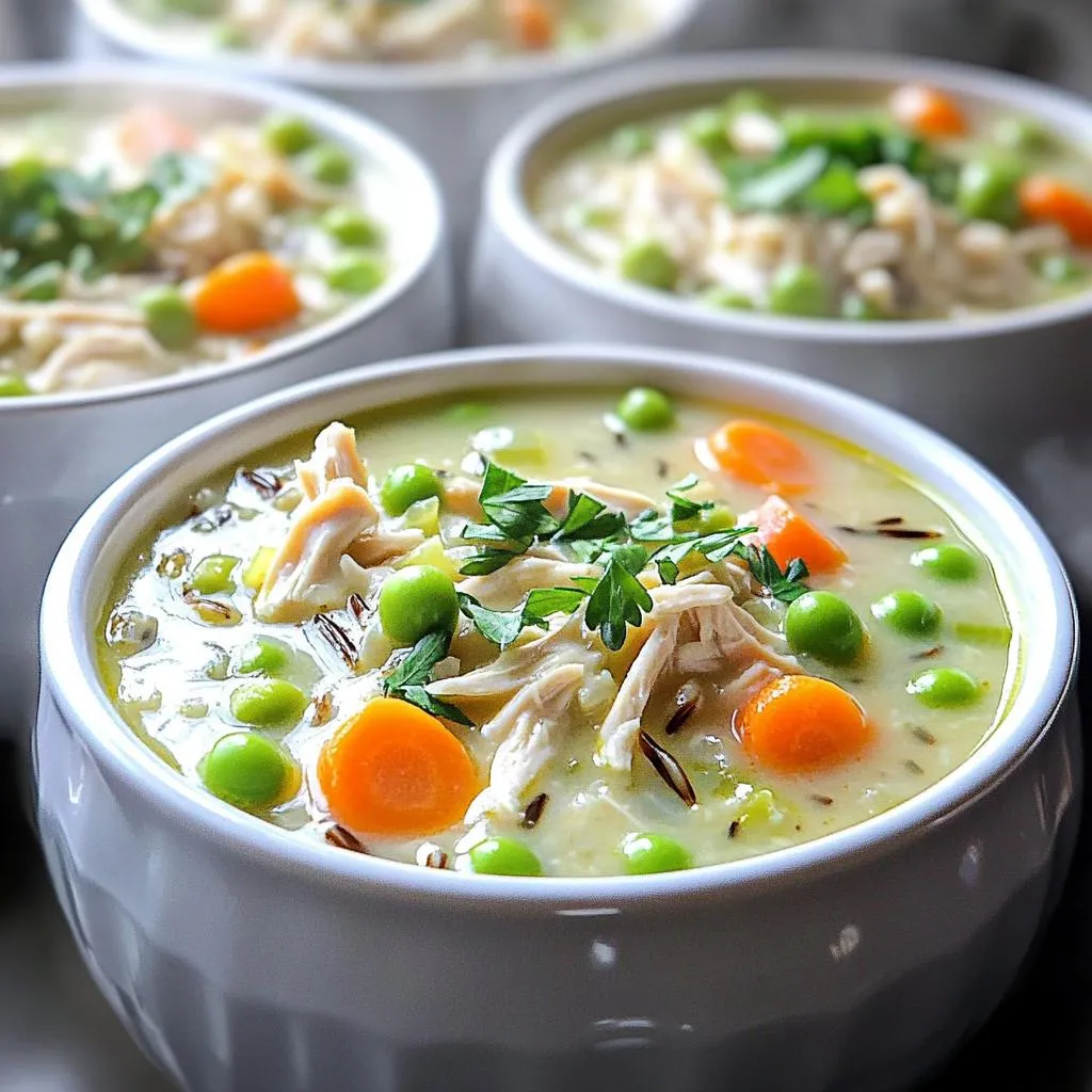 For this slow cooker creamy chicken wild rice soup, you will need: - 2 cups cooked wild rice - 1 lb boneless, skinless chicken breasts - 4 cups chicken broth - 1 cup heavy cream - 1 cup carrots, diced - 1 cup celery, diced - 1 medium onion, chopped - 2 cloves garlic, minced These ingredients create a rich base for the soup. The wild rice adds a nutty flavor, while the chicken provides heartiness. You will also need these pantry staples: - 1 teaspoon dried thyme - 1 teaspoon dried rosemary - Salt and pepper to taste - 2 tablespoons olive oil These spices enhance the taste, giving it a warm, comforting aroma. You can customize the soup with these optional additions: - 1 cup frozen peas - Fresh parsley, chopped (for garnish) Adding peas gives a pop of color and sweetness. Fresh parsley adds freshness and a lovely touch. Feel free to get creative with what you have on hand! Start by peeling and dicing the carrots and celery. Make sure they are in even pieces. Chop one medium onion and mince two garlic cloves. Set all your prepared ingredients aside. This makes cooking easier and faster. In a medium skillet, heat two tablespoons of olive oil. Use medium heat until the oil is shiny. Add the chopped onion, diced carrots, and diced celery. Sauté for about five minutes. Stir occasionally. You want the vegetables to become soft and smell good. Now, transfer the sautéed vegetables to the slow cooker. Spread them out evenly in the bottom. Next, place one pound of boneless, skinless chicken breasts on top of the veggies. Pour in four cups of chicken broth. Then, add the minced garlic, one teaspoon of dried thyme, and one teaspoon of dried rosemary. Season with salt and pepper to taste. Stir gently to mix everything without moving the chicken. Cover the slow cooker with its lid. Set it to cook on low for six to seven hours or on high for three to four hours. The chicken will become tender and fully cooked during this time. To enhance the taste of your soup, use good quality chicken broth. Homemade broth works best if you have time. The more flavors, the better! Add fresh herbs like parsley and thyme at the end for a bright taste. You can also include a splash of lemon juice for a zesty kick. Don’t forget salt and pepper; they make a big difference. Taste as you go, and adjust the seasoning to your liking. For that rich and creamy texture, heavy cream is key. Stir it in after cooking, and let the soup heat through. If you're looking for a lighter option, you can use half-and-half or coconut cream. Mix in the cooked wild rice, as it soaks up the creamy goodness. This will keep your soup thick and satisfying. Avoid adding cream too early, as it can curdle during long cooking. Shredding chicken is simple! After cooking, take the chicken out of the slow cooker. Use two forks to pull apart the chicken into bite-sized pieces. This method works well and is quick. If you have a stand mixer, you can use it to shred chicken in seconds. Just place the cooked chicken in the bowl and mix on low speed. It’s fast and easy, making cleanup a breeze! {{image_4}} You can easily make this soup gluten-free. Just use gluten-free chicken broth. For a dairy-free version, swap heavy cream for coconut milk. This change keeps the soup creamy and adds a hint of sweetness. Always check labels on your ingredients to ensure they fit your diet. Want to switch up the grain? You can use brown rice instead of wild rice. Just remember to adjust the cooking time. Brown rice takes longer to cook—about 30 minutes more. Quinoa is also a great choice. It cooks faster and adds protein. Use 1 cup of quinoa and reduce the broth by half a cup. Feel free to get creative with spices. Add a pinch of cayenne for heat, or use Italian seasoning for a twist. Fresh herbs like dill or basil can also brighten the flavor. If you love garlic, toss in an extra clove. Each change gives the soup a new personality. Experiment and find your favorite blend! You can store leftover soup in the fridge. Use an airtight container to keep it fresh. Your creamy chicken wild rice soup lasts up to three days in the fridge. Make sure it cools down before storing. This helps prevent bacteria growth and keeps your soup safe to eat. If you want to save some for later, freezing works great. Use freezer-safe containers or bags to avoid freezer burn. The soup can stay good for about three months in the freezer. Just remember to leave some space in the container for expansion. This keeps your soup tasty when you thaw it. When you're ready to enjoy your soup again, reheating is easy. You can use a pot on the stove over medium heat. Stir often to warm it evenly. If frozen, let it thaw overnight in the fridge first. You can also microwave it. Just heat in short bursts, stirring in between. Make sure it's hot throughout before serving. Enjoy your warm, creamy delight! Slow Cooker Creamy Chicken Wild Rice Soup lasts about 3-4 days in the fridge. Store it in an airtight container to keep it fresh. If you want to enjoy it later, you can freeze it. It freezes well for up to three months. Just make sure to let it cool before freezing. Yes, you can use frozen chicken! Just add it to the slow cooker without thawing. The cooking time will stay the same. Ensure the chicken reaches a safe internal temperature of 165°F. This method saves time and makes meal prep easier. This soup pairs well with many sides. Here are some ideas: - Crusty bread or rolls - A simple green salad - Garlic bread - Crackers or breadsticks These sides add texture and flavor to your meal. Absolutely! This soup is great for meal prep. You can make a large batch and divide it into portions. It reheats well, so it's perfect for quick lunches or dinners. Just store it in the fridge or freezer, and you’ll have a delicious meal ready to go! This blog post covered all you need for Slow Cooker Creamy Chicken Wild Rice Soup. We explored main ingredients and useful pantry staples. I shared step-by-step cooking instructions and helpful tips for flavor and texture. You learned how to adjust the recipe for different diets and how to store leftovers. Now you can enjoy this delicious dish anytime, knowing exactly how to make it. Dive in and let your kitchen work its magic.