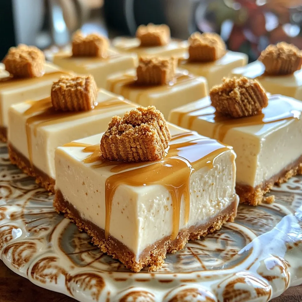 - 1 ½ cups Biscoff cookie crumbs - ½ cup unsalted butter, melted - 16 oz cream cheese, softened - 1 cup powdered sugar - 1 teaspoon pure vanilla extract - 1 cup heavy cream - ½ cup Biscoff spread (plus extra for drizzling) - Optional: Whole Biscoff cookies for topping To make these No-Bake Biscoff Cheesecake Bars, you need simple ingredients. Biscoff cookie crumbs create a tasty crust. Melted unsalted butter helps bind the crumbs together. Cream cheese adds richness and creaminess to the filling. Powdered sugar sweetens the mix without graininess. Pure vanilla extract gives a lovely flavor. Heavy cream adds lightness when whipped. Biscoff spread mixes in for an extra boost of flavor. If you want, top with whole Biscoff cookies for a fun touch. - Mixing bowls - Electric mixer - Spatula - Measuring cups and spoons - 9x9 inch baking dish Gather your tools before you start. Mixing bowls are essential for combining ingredients. An electric mixer helps smooth out the cream cheese quickly. Use a spatula to fold mixtures without losing air. Measuring cups and spoons ensure accurate portions. A 9x9 inch baking dish is perfect for setting the bars. Having everything ready makes the process smooth and fun. 1. In a medium mixing bowl, combine 1 ½ cups of Biscoff cookie crumbs with ½ cup of melted unsalted butter. 2. Mix well until it feels like damp sand. You want it evenly moistened. 3. Press this mixture firmly into the bottom of a 9x9 inch baking dish. 4. Use the back of a measuring cup to make it smooth and even. 1. In a large mixing bowl, beat 16 oz of softened cream cheese until it's smooth. 2. Gradually add 1 cup of powdered sugar and 1 teaspoon of pure vanilla extract. Mix until fluffy. 3. In another bowl, whip 1 cup of heavy cream until stiff peaks form. This lightens the filling. 4. Carefully fold the whipped cream into the cream cheese mixture in batches. 5. Once mixed, fold in ½ cup of Biscoff spread until it is fully combined. 1. Pour the cheesecake filling over the prepared cookie crust. 2. Smooth the top with a spatula for a nice finish. 3. Cover the dish with plastic wrap and refrigerate for at least 4 hours. Overnight is best. 1. After chilling, take the bars out of the fridge. 2. Cut them into squares with a sharp knife. 3. For toppings, add a whole Biscoff cookie on each square and drizzle extra Biscoff spread if you like. To make the best No-Bake Biscoff Cheesecake Bars, start with room temperature ingredients. This ensures that your cream cheese blends smoothly. Cold cream cheese can lead to lumps in your filling. Leave it out for about 30 minutes before mixing. Next, whip the heavy cream until it forms stiff peaks. This step is key for a light and fluffy texture. When you fold the whipped cream into the cream cheese mixture, do it gently. Use a spatula and a folding motion. This keeps the air in the cream, making your bars airy and delicious. For a stunning finish, drizzle extra Biscoff spread on top. This gives a glossy look and adds extra flavor. You can warm the spread slightly for easier drizzling. Garnish each bar with a whole Biscoff cookie. This not only looks great but also adds a nice crunch. Serve your cheesecake bars on a pretty platter. Sprinkle a few cookie crumbs around for an eye-catching display. Your guests will love it! {{image_4}} You can change the flavor of your No-Bake Biscoff Cheesecake Bars. Adding chocolate chips gives a sweet twist. I suggest using semi-sweet or dark chocolate for balance. Mix in about ½ cup of chocolate chips into the cheesecake filling. This adds a rich taste that pairs well with the Biscoff. Another fun option is to swap Biscoff spread for other nut butters. Almond butter or peanut butter can create new flavors. Choose a creamy nut butter for the best texture. You can use the same amount as the Biscoff spread. This change opens up a world of flavors, making each bite unique. If you need gluten-free options, use gluten-free cookies for the crust. Many brands offer gluten-free Biscoff-style cookies. Just crush them like regular cookies. This keeps the same great taste while meeting dietary needs. For vegan alternatives, use plant-based cream cheese. There are many brands available that taste great. Replace the heavy cream with coconut cream for a creamy texture. By making these swaps, you still enjoy a delicious treat without animal products. To keep your No-Bake Biscoff Cheesecake Bars fresh, refrigeration is key. First, let the bars chill for at least four hours. This helps them set properly. Once they are firm, cover the dish with plastic wrap. If you have leftovers, cut the bars into squares. Place them in an airtight container. This prevents moisture loss and keeps them tasty. - Best practices for refrigeration: Always store your cheesecake bars in the fridge. They taste best cold. - Using airtight containers: Use a container that seals well. This keeps the flavors intact. You can freeze these cheesecake bars if you want to save some for later. Freezing is simple and helps maintain their taste. Start by cutting the bars into squares. Wrap each square tightly in plastic wrap. After wrapping, place them in a freezer-safe bag or container. - Steps for freezing the bars: Freeze them for up to three months. Just be sure they are wrapped well. - Thawing tips before serving: When you’re ready to eat, take the bars out of the freezer. Let them thaw in the fridge for a few hours. This will bring them back to their creamy texture. Enjoy! No-Bake Biscoff Cheesecake Bars last about five days in the refrigerator. Store them in an airtight container. This keeps them fresh and prevents them from drying out. Yes, you can make these bars in advance. Prepare them the day before you plan to serve. This gives them time to chill and set well. Just remember to cover them tightly with plastic wrap to keep them fresh. You can use other spreads like Nutella or peanut butter. Almond butter also works well for a different taste. Just choose a spread you enjoy. Each one will change the flavor but still be delicious. Yes, refrigerating the bars is crucial. It helps them set properly, making them firm and easy to cut. If you skip this step, they may be too soft. A good chill time is at least four hours, but overnight is best. These No-Bake Biscoff Cheesecake Bars are easy to make and delicious. We covered the main ingredients, baking tools, step-by-step instructions, and tips to perfect your bars. You can customize flavors and find dietary alternatives too. In conclusion, this recipe is fun and versatile. Whether you make them for a party or a treat, you will impress everyone. Enjoy your cheesecake bars right from the fridge or freezer. They are sure to be a hit!