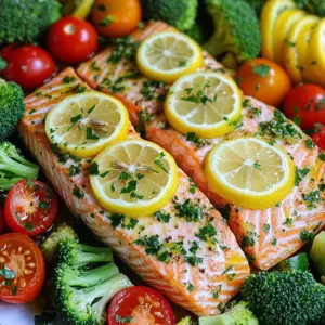 - 4 salmon fillets (6 oz each) - 2 cups broccoli florets - 1 cup cherry tomatoes, halved - 1 red bell pepper, sliced into thin strips - 1 medium zucchini, sliced into half-moons - 3 tablespoons extra-virgin olive oil - 2 lemons (1 for zest and juice, 1 for thin slices) - 3 cloves garlic, finely minced - 2 teaspoons dried dill - 1 teaspoon dried oregano - Salt and freshly ground black pepper to taste - Fresh parsley, finely chopped The main ingredients create a colorful feast. Salmon is rich in omega-3s and pairs well with veggies. Broccoli, tomatoes, bell pepper, and zucchini add nutrition and crunch. Each vegetable offers its own flavor and texture. The marinade brings everything together. It adds zest and depth. Olive oil keeps the salmon moist. Lemon juice brightens the dish. Garlic gives a savory kick. Dill and oregano add a touch of earthiness. Salt and pepper balance the flavors. Lastly, fresh parsley adds a touch of green. It enhances the look and taste. This dish is not just healthy; it's a joy to eat. With these ingredients, you set the stage for a delightful meal. - Preheat the oven to 400°F (200°C) and prepare the sheet pan. - In a small bowl, whisk together the marinade ingredients. This includes olive oil, lemon juice, lemon zest, minced garlic, dried dill, dried oregano, salt, and pepper. This mix will give your dish a bright and fresh flavor. - Take the salmon fillets and place them on one side of the sheet pan. Use a basting brush to coat the tops with the marinade. Make sure they are well covered for the best taste. - In a large bowl, combine the broccoli, cherry tomatoes, red bell pepper, and zucchini. Drizzle the remaining marinade over the veggies. Toss gently so that all pieces are coated evenly. - Spread the salmon and veggies on the sheet pan. Make sure they are in a single layer for even cooking. - Slice the second lemon into thin rounds and place them on top of both the salmon and the veggies. The lemon adds a lovely flavor as it bakes. - Put the sheet pan in the preheated oven. Bake for about 15 to 20 minutes. The salmon should be opaque and flake easily with a fork. The veggies should be tender yet still bright in color. - To ensure even cooking, place salmon and veggies in a single layer. - Salmon’s thickness affects its cooking time. Thicker fillets need extra time. - Fresh herbs like parsley or dill boost aroma and taste. - For deeper flavor, marinate salmon for at least 30 minutes. - Pair your dish with fluffy quinoa or couscous for a hearty meal. - Complement flavors with a light salad or a citrus dressing. {{image_4}} You can switch out the broccoli and cherry tomatoes. Asparagus or green beans work well too. Feel free to use seasonal vegetables. Carrots, bell peppers, or even sweet potatoes can add new flavors. Mixing different colors of veggies makes the dish more fun and tasty. If you want a change, try using chicken or tofu instead of salmon. Chicken thighs or breasts can soak up the marinade nicely. Tofu is a great plant-based option. You can also explore using other fish like cod or trout. Each swap brings its own flavor. Get creative with your marinade! You can try different herbs or spices. Basil, thyme, or even chili flakes can add a kick. For a sweet twist, add honey or mustard. These small changes can make a big difference in taste. Experiment and find what you love! To store leftovers, let the dish cool down first. Place the salmon and veggies in an airtight container. This keeps them fresh for up to three days. Make sure to separate the salmon from the veggies to prevent sogginess. To reheat without drying out, use the oven or a skillet. Set the oven to 350°F (175°C) and warm for about 10-15 minutes. If using a skillet, heat on low for 5-7 minutes. Cover with a lid to keep moisture in. To freeze the dish, allow it to cool completely. Wrap the salmon and veggies tightly in plastic wrap, then place them in a freezer-safe bag. This keeps them safe for up to three months. When ready to eat, thaw it overnight in the fridge. Reheat as mentioned above for best results. Bake the sheet pan salmon for about 15-20 minutes. The salmon is done when it turns opaque and flakes easily with a fork. The veggies should be tender and bright. If you have thicker fillets, you might need a few extra minutes. Always check the salmon's center for doneness. Yes, you can use frozen salmon. Just make sure to thaw it first for even cooking. If you cook it from frozen, add about 5 to 10 extra minutes to the bake time. Check the salmon often to avoid overcooking. Remember, fresh salmon gives the best flavor, but frozen works in a pinch. Salmon pairs well with many sides. Here are some tasty options: - Quinoa - Couscous - Rice - A fresh green salad - Garlic bread These sides soak up the tasty lemon juices. Feel free to mix and match! This recipe combines salmon and fresh veggies for a tasty, healthy meal. By using a simple marinade, you enhance the flavors. Remember, you can swap ingredients or try new herbs for variety. Store leftovers properly to keep them fresh. With these tips and variations, you can make this dish your own. I hope you enjoy cooking and sharing it with others.