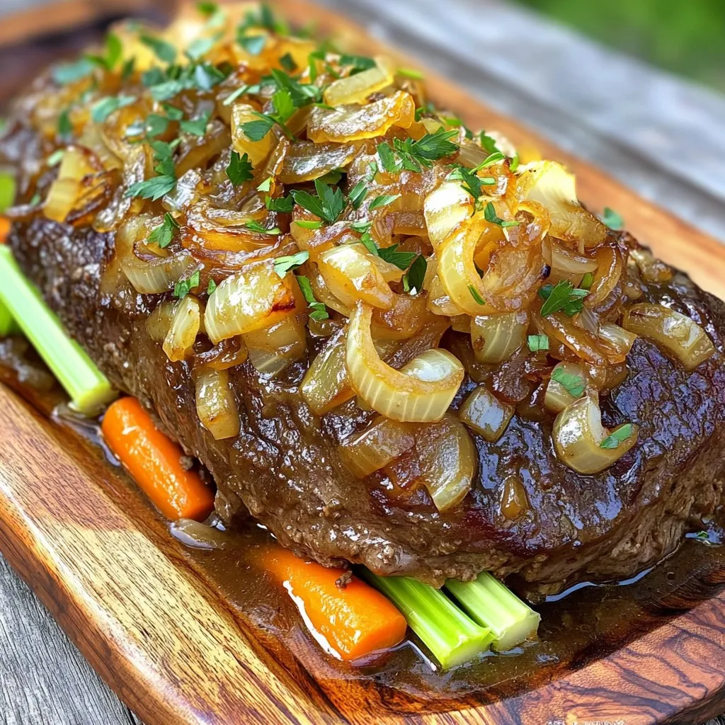 To make this delicious Slow Cooker French Onion Pot Roast, you need some simple yet flavorful ingredients. Each one plays a key role in creating a mouth-watering dish. Here’s the list you will need: - 3-4 pounds of chuck roast - 3 large yellow onions, thinly sliced - 4 cloves of garlic, minced - 2 cups of beef broth - 1 tablespoon of Worcestershire sauce - 2 teaspoons of dried thyme - 2 teaspoons of dried rosemary - 1 teaspoon of salt - 1 teaspoon of freshly ground black pepper - 1 tablespoon of olive oil - 4 large carrots, cut into 2-inch pieces - 3 stalks of celery, cut into 2-inch pieces - Fresh parsley, chopped for garnish Each ingredient adds to the rich taste and aroma of the dish. The chuck roast is tender and juicy. Onions bring a sweet depth, while garlic adds a nice kick. The beef broth and Worcestershire sauce create a savory base. Thyme and rosemary give it that warm, herby flavor. Carrots and celery add a sweet crunch, making the dish well-rounded. Finally, a sprinkle of parsley gives a fresh finish. When you gather these items, you prepare for a wonderful cooking experience. Enjoy the process and watch as these ingredients come together to create something special. Searing the Chuck Roast Start with your chuck roast. It should weigh 3 to 4 pounds. Heat olive oil in a skillet over medium-high heat. Season the roast with salt and black pepper. When the oil is hot, add the roast. Sear it for 4 to 5 minutes on each side. This browning adds a lot of flavor. Once browned, remove the roast and set it aside. Seasoning Tips Use a good amount of salt and pepper. This helps to enhance the meat's taste. You can also add dried herbs like thyme and rosemary for extra flavor. Just rub them all over the roast before searing. Caramelizing Techniques Next, it's time for the onions. Slice 3 large yellow onions thinly. Use the same skillet with the leftover oil. Cook the onions over medium heat. Stir them often for about 15 to 20 minutes. They should turn soft and golden brown. This caramelization brings out their natural sweetness. Incorporating Garlic After the onions are caramelized, add 4 minced garlic cloves. Cook the garlic for 1 to 2 minutes. It should smell amazing! The garlic adds a nice depth to the dish. Layering Vegetables and Roast Now, grab your slow cooker. Place cut carrots and celery at the bottom. These veggies create a cozy bed for the roast. After that, nestle the seared roast on top of the veggies. Mixing Broth and Seasonings In a bowl, mix 2 cups of beef broth, 1 tablespoon of Worcestershire sauce, and the dried herbs. Pour half of this mixture over the vegetables. Then, spoon the caramelized onions and garlic over the roast. Drizzle the remaining broth mixture on top. Low vs. High Heat Cooking Times Put the lid on your slow cooker. You can cook on low heat for 8 to 10 hours. If you’re in a hurry, use high heat for 4 to 6 hours. Desired Texture and Flavor Outcomes Your goal is a fork-tender roast. It should melt in your mouth. The low and slow method will make the meat juicy and flavorful. Letting the Roast Rest When cooking is done, carefully remove the roast and veggies from the slow cooker. Let the roast rest for 5 to 10 minutes. This helps the juices settle, making it more tasty. Presentation Tips Slice the roast into thick pieces. Arrange them on a serving platter with the veggies. Drizzle some cooking juices over the meat. Finally, sprinkle fresh parsley on top for a pop of color. To make your French onion pot roast shine, focus on the seasoning. Start with salt and black pepper, but feel free to adjust them. If you love bold flavors, add more thyme or rosemary. You can also try adding a splash of red wine for depth. When searing meat, heat your skillet until the oil shimmers. This helps to form a nice crust on the roast, which locks in flavor. For a melt-in-your-mouth experience, cook the roast low and slow. Aim for 8-10 hours on low heat or 4-6 hours on high. Always check for doneness by using a fork. If it easily pulls apart, it's ready. This slow cooking method allows the meat to absorb all the rich flavors. Once cooked, slice the roast into thick pieces for a hearty look. Arrange the meat on a large platter, surrounded by colorful vegetables. For a fresh touch, garnish with chopped parsley. You can also drizzle some of the rich cooking juices over the meat. Pair it with sides like creamy mashed potatoes or crusty bread for a complete meal. {{image_4}} You can switch up the meat in this recipe. Try using pork instead of chuck roast. Pork adds a lovely sweetness. Chicken is another option for a lighter dish. Both meats soak up the flavors well. Adding different vegetables can also change the taste. You could toss in potatoes for extra heartiness. Green beans or peas can add color and freshness. Just make sure to cut them into similar sizes. Want to add depth to your pot roast? Using wine can elevate the dish. A dry red wine pairs well with the beef. You can also swap beef broth for chicken broth for a lighter flavor. If you like some heat, try adding chili flakes or pepper. This will give your dish a nice kick. You can even add a touch of hot sauce for more excitement. Mashed potatoes are a perfect side dish for this pot roast. The creamy texture pairs well with the savory meat. You can also serve it over rice or noodles for a filling meal. Leftovers can make great sandwiches. Just slice the roast thin and pile it on bread. Top it with cheese and onions for a tasty twist. You can even add some mustard or horseradish for extra flavor. To keep your Slow Cooker French Onion Pot Roast fresh and tasty, follow these tips: - Refrigeration Guidelines: Let the pot roast cool to room temperature before storing. Place it in an airtight container. It can stay in the fridge for up to 3 days. Make sure to store the meat and vegetables together with some broth to keep them moist. - Freezing Instructions: If you want to keep it longer, freezing is a great option. Slice the roast and place it in a freezer-safe bag. Add some broth to keep it juicy. It can last in the freezer for up to 3 months. When ready to eat, thaw in the fridge overnight. Reheating your pot roast properly is key to keeping it delicious. - Best Practices for Keeping Moisture: Use a slow cooker or stovetop to reheat. Add a splash of broth to keep the meat moist. Cover it with a lid to trap steam. This method will help maintain the flavors. - Quick Microwave vs. Slow Cooker Reheat: The microwave is quick but can dry out the meat. If you choose this method, use low power and stir the meat halfway. The slow cooker takes longer but keeps the texture and taste intact. It’s worth the wait for a great meal. Cooking a French onion pot roast takes about 8-10 hours on low heat. If you choose high heat, it will take about 4-6 hours. The slow cooking makes the meat tender and flavorful. You want it to be fork-tender. That means it should fall apart easily when you poke it with a fork. Yes, you can use other cuts. Some good options are brisket or round roast. They also work well in a slow cooker. Each cut has a different taste and texture. Just remember to adjust the cooking time if needed. You can serve pot roast with many sides. Mashed potatoes are a classic choice. You can also try roasted veggies or a fresh salad. Bread rolls are nice for soaking up juices too. Choose what you enjoy most! To make this recipe gluten-free, use gluten-free Worcestershire sauce. Check the beef broth as well. Many brands are gluten-free, but it’s best to read labels. This way, you get all the flavors without the gluten. Absolutely! You can add more veggies like potatoes, parsnips, or green beans. Just remember to cut them into similar sizes. This ensures even cooking and great flavor throughout. Feel free to get creative! This blog post covered how to make a delicious slow-cooked French onion pot roast. You learned about the key ingredients, step-by-step instructions, and helpful tips to ensure flavor and tenderness. I shared simple ways to personalize the dish and how to store leftovers properly. Remember, cooking is about exploring flavors. Don't hesitate to try new ingredients or methods. Enjoy your cooking journey, and savor every bite of your pot roast!