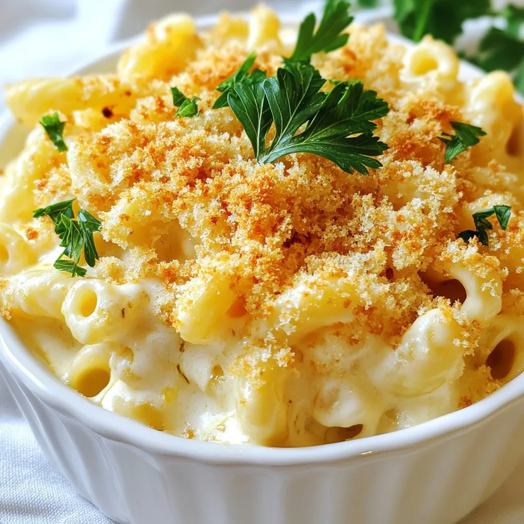 - 8 oz elbow macaroni - 2 cups shredded sharp cheddar cheese - 1 cup shredded mozzarella cheese - 1 cup cream cheese, softened - 1 cup whole milk - 1/4 cup unsalted butter - 1 teaspoon garlic powder - 1 teaspoon onion powder - 1 tablespoon Dijon mustard - Salt and black pepper to taste - 1/2 cup breadcrumbs (for topping) - Fresh parsley, chopped (for garnish) Gather these ingredients to make the TikTok viral mac and cheese. The elbow macaroni serves as the base for a creamy and cheesy dish. Sharp cheddar gives it that classic flavor. The mozzarella adds a stretchy texture, and cream cheese makes it extra rich. You will also need whole milk and unsalted butter for the cheese sauce. Garlic powder and onion powder bring depth to the flavor. Dijon mustard adds a slight tang that balances the cheese. Finally, breadcrumbs on top create a crunchy layer, while fresh parsley gives a splash of color. This combination of ingredients makes a dish that is both simple and delightful. Get ready to impress your friends and family with your cooking skills! {{ingredient_image_2}} - Bring salted water to a boil. - Cook macaroni until al dente, typically 7-8 minutes. Start by filling a large pot with water and adding about a tablespoon of salt. This helps flavor the pasta. Once the water boils, add the elbow macaroni. Stir it a little to keep it from sticking. When the time is up, drain the macaroni in a colander. Rinse it with cold water to stop the cooking process and set it aside. - Melt butter and mix in cream cheese. - Gradually add whole milk and seasonings. In the same pot, melt unsalted butter over medium heat. Be careful not to let it brown. Once melted, add the softened cream cheese. Stir until smooth. Now, slowly add the whole milk, mixing as you go. This keeps your sauce creamy. Then, add garlic powder, onion powder, and Dijon mustard. Stir well. Allow this to heat for about 3-5 minutes until it thickens. - Add shredded cheeses and mix until melted. - Stir in cooked macaroni until fully coated. Turn the heat to low. Gradually add the shredded sharp cheddar and mozzarella cheese, one handful at a time. Keep stirring until each bit melts. Season with salt and black pepper to taste. Next, add the cooked macaroni back to the pot. Stir gently until every piece is coated in that creamy cheese sauce. - Preheat oven to 350°F (175°C). - Transfer mac and cheese to a baking dish. While mixing the macaroni and cheese, preheat your oven to 350°F (175°C). Lightly grease a 9x13 inch baking dish. Then, pour the delicious mac and cheese into the dish, spreading it out evenly. - Mix breadcrumbs with melted butter. - Sprinkle topping and bake until golden brown. In a small bowl, mix breadcrumbs with a little melted butter. This adds flavor and helps it crisp up. Sprinkle the breadcrumb mixture evenly over the top of the mac and cheese. Place the dish in the oven and bake for 20-25 minutes. You want the top to be golden brown and crispy. To get the best cheese sauce, you need to soften the cream cheese first. This helps it blend easily with the butter. Make sure to stir consistently to avoid any lumps. A smooth sauce creates a better texture for your mac and cheese. For a crispy top finish, I recommend using a broiler during the last few minutes of baking. This gives you that golden crust we all love. You can also cover the dish with foil to prevent over-browning while it bakes. This keeps the mac and cheese creamy inside. I love serving this mac and cheese in cute individual bowls. It makes each serving feel special. You can also pair it with a light salad for a balanced meal. The freshness of the salad complements the richness of the cheese perfectly. Pro Tips Use High-Quality Cheese: For the best flavor and creaminess, opt for high-quality cheeses. Sharp cheddar and fresh mozzarella deliver a rich taste that elevates your mac and cheese. Don’t Overcook the Pasta: Cook the macaroni until just al dente. It will continue to cook in the oven, preventing a mushy texture in your final dish. Experiment with Cheeses: Feel free to mix in different cheeses like Gruyère or Fontina for a unique flavor profile. Combining cheeses can create a more complex taste. Add Extra Flavor: Incorporate additional spices like smoked paprika or cayenne pepper for a kick, or stir in sautéed vegetables like spinach or mushrooms for added nutrition. {{image_4}} You can make your mac and cheese even better! Here are some tasty ideas: - Add cooked bacon or ham for a protein punch. This adds flavor and a nice crunch. - Include sautéed vegetables like spinach or bell peppers. This makes the dish colorful and adds nutrients. Switching up the cheese is fun! Here are some suggestions: - Experiment with different cheese blends. Try gouda or fontina for a creamier taste. - Add pepper jack for a spicy kick. This will wake up your taste buds! If you need to change things for diets, no problem! Here’s how: - Use gluten-free pasta if you are gluten-sensitive. Many brands offer great options today. - Swap dairy for non-dairy cream cheese and milk. This works well for vegan diets. Feel free to mix and match these ideas. Your mac and cheese will be a hit every time! Cool the mac and cheese completely before you store it. This step helps keep the texture nice. Use an airtight container to keep it fresh. You can store it in the fridge for 3-4 days. If you want to enjoy it later, make sure to check for any off smells before eating. For longer storage, transfer the mac and cheese to freezer-safe containers. This will keep it safe and tasty for up to three months. When you want to eat it again, thaw it in the fridge overnight. This slow thaw helps maintain the flavor and texture. Reheat the mac and cheese in the oven for the best texture. Preheat to 350°F (175°C) and bake until warmed through. If the macaroni seems dry, add a splash of milk before reheating. This little trick brings back the creaminess. Enjoy your cheesy delight again! This mac and cheese became viral due to TikTok. Users share their unique spins on the recipe. The creamy texture and cheesy flavor make it irresistible. People love how easy it is to make. Watching others enjoy it makes you want to try it too. Yes, you can make this recipe ahead of time. Cook the pasta and cheese sauce, then combine them. Place the mixture in a baking dish and cover it. Store it in the fridge until you are ready to bake. Just pop it in the oven before serving, and you are good to go. To make mac and cheese creamier, add more cheese. You can also add a splash of heavy cream. Mixing in either of these ingredients before baking will help. This will give your dish a smooth and rich texture that everyone will love. If you want to switch things up, use pasta shapes like shells or cavatappi. These alternatives work well with the cheese sauce. You can also use gluten-free pasta if needed. Each option will give you a delicious mac and cheese. This recipe for mac and cheese blends classic ingredients into a creamy dish. From the elbow macaroni and cheeses to the tasty seasonings, each step adds flavor. Baking gives it a crispy top. You can make it your own by adding proteins or veggies. Store leftovers in the fridge or freezer for later. Enjoy this comforting meal any time. It’s sure to become a favorite.