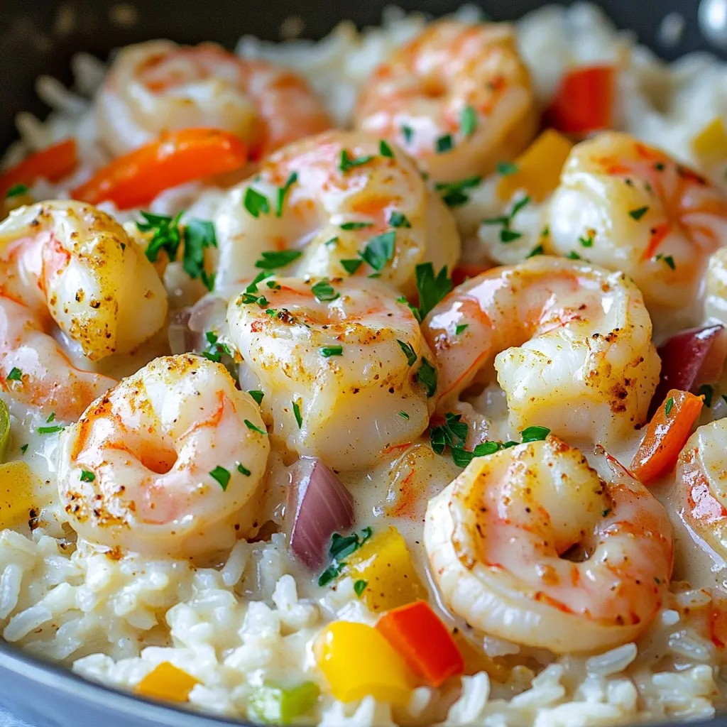 - 1 lb (450g) shrimp, peeled and deveined - 1 cup long-grain rice - 1 medium onion, finely diced - 1 bell pepper (red or green), diced - 3 cloves garlic, minced - 2 tablespoons Cajun seasoning (adjust to taste) - 1 teaspoon smoked paprika - Salt and freshly ground pepper to taste - 1 tablespoon olive oil In this dish, shrimp takes center stage. Fresh, juicy shrimp adds a nice flavor and texture. The rice acts as a comforting base. It absorbs all the flavors during cooking. I love using long-grain rice for its fluffy texture. The vegetables bring color and nutrition to the meal. Onion, garlic, and bell pepper create a great aroma when cooked. The Cajun seasoning gives the dish its signature kick. Smoked paprika adds depth to the overall taste. Salt and pepper round out the flavors, making each bite satisfying. - 1 cup heavy cream - 1 cup chicken broth (low-sodium preferred) Heavy cream makes this dish creamy and rich. It balances the spices perfectly. Chicken broth adds extra flavor and moisture. Using low-sodium broth helps keep the dish healthy. - Fresh parsley, finely chopped for garnish - Lemon slices Garnishes add a nice touch. Fresh parsley brightens up the dish with color and a fresh taste. Lemon slices enhance the flavors and add a zesty note. You can serve them on the side for your guests to add if they like. - Heating the oil: Begin by warming the olive oil in a large skillet. Set the heat to medium. Wait until the oil shimmers, which takes about one to two minutes. - Sautéing aromatics: Add the diced onion and bell pepper. Stir the mix often for about three to four minutes. You want the onion to turn soft and clear. - Adding garlic and spices: Next, mix in the minced garlic, Cajun seasoning, and smoked paprika. Stir this for one minute. This step helps the spices release their great smells. - Toasting the rice: Pour in the rice. Stir it well to coat it with the spice mix. Allow it to sauté for two more minutes. This toasting brings out a lovely flavor in the rice. - Incorporating liquids: Gradually add the chicken broth. Stir it in to combine everything. Bring this mixture to a light simmer. - Adding shrimp and cream: Once the rice is cooked, gently fold in the shrimp and heavy cream. Add salt and pepper to taste. - Finishing cooking the shrimp: Cook without a lid for five to seven minutes. Look for the shrimp to turn pink and opaque. This means they are ready to eat, but be careful not to overcook them. - Preventing sticky rice: To stop rice from sticking, stir it often while cooking. This helps separate the grains. Use low heat and cover the pan to create steam. - Ensuring shrimp doneness: Cook shrimp until they turn pink and opaque. This usually takes 5-7 minutes. Overcooking makes shrimp tough, so watch them closely. - Adjusting spice levels: If you like it spicy, add more Cajun seasoning. For a milder taste, cut back on the seasoning. Taste as you go to find your perfect balance. - Experimenting with fresh herbs: Fresh herbs like cilantro or basil can brighten the dish. Sprinkle them on top before serving for added flavor and color. - Serving suggestions: Serve the dish in shallow bowls. This helps showcase the shrimp and rice. Add a slice of lemon on the side to brighten the meal. - Creating an appealing plate: Garnish with freshly chopped parsley for a pop of color. A colorful plate makes the dish more inviting and fun to eat. {{image_4}} You can easily change the protein in this dish. Instead of shrimp, use chicken, sausage, or tofu. Each protein brings a new twist. For veggies, think of adding spinach, peas, or even corn. These options add color and nutrients. You can mix and match to fit your taste! Do you like it spicy? Add more Cajun seasoning! If you prefer mild flavors, reduce the spice level. This recipe is flexible to your heat preference. For those avoiding dairy, try coconut milk or almond milk instead of heavy cream. These swaps keep the dish creamy without dairy. To make this dish ahead, cook the rice and shrimp as directed. Let them cool, then store in the fridge for up to three days. You can also freeze the dish. Place it in an airtight container. It will stay good for about three months. Just reheat in a skillet or microwave when ready to eat. - Let the dish cool down to room temperature before storing. - Use airtight containers to keep the shrimp and rice fresh. - Reheat in a skillet over medium heat, adding a splash of broth. - Stir often to keep the flavors and texture intact. - Store in the fridge for up to 3 days. - Look for changes in smell or texture as signs of spoilage. Cooking shrimp in this recipe takes about 5 to 7 minutes. You want to cook them until they turn pink and opaque. This ensures they are tender and juicy. If you keep them on the heat too long, they can become tough. Stir gently to combine them with the rice and cream. Yes, you can easily double this recipe. Just use 2 pounds of shrimp and 2 cups of rice. You should also double the veggies and liquids. However, keep an eye on the cooking time. The rice may need a bit more time to absorb all the liquid. Stir often to prevent sticking. This dish is great for meal prep! You can cook it ahead of time and store it in the fridge. Just let it cool before placing it in a container. Use airtight containers to keep it fresh. You can reheat portions in the microwave or on the stove. Just add a splash of broth if it seems dry. In this blog post, I covered how to make a tasty shrimp and rice dish. We looked at main ingredients, cooking steps, and ways to enhance flavor. You learned tips for cooking and serving the dish. Remember, you can also swap ingredients or try new flavors. Always store leftovers properly to keep them fresh. Enjoy making this dish your own and impress your family! Cooking can be fun and rewarding. Don't hesitate to experiment with what you love.