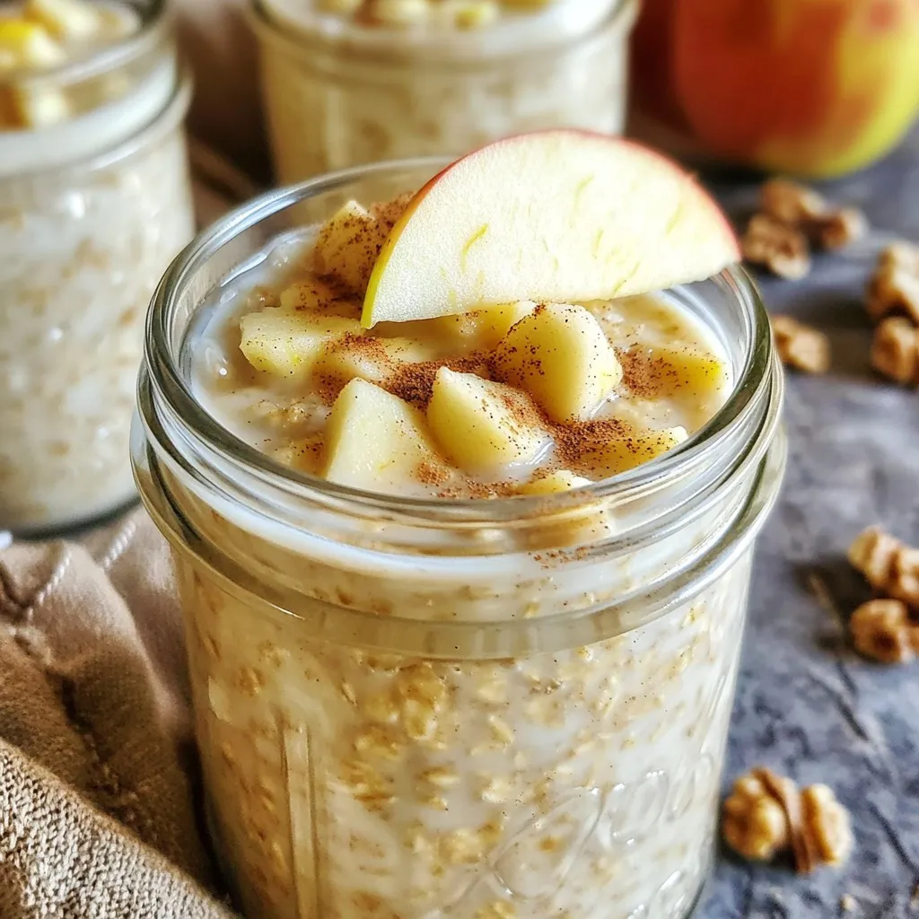 - 1 cup rolled oats - 1 cup unsweetened almond milk (or milk of your choice) - 1 scoop vanilla protein powder - 1 medium sweet apple, diced (like Honeycrisp or Fuji) - 1 teaspoon ground cinnamon - 1 tablespoon pure maple syrup (or honey) - 2 tablespoons Greek yogurt (optional) - 1 tablespoon chia seeds - A pinch of freshly grated nutmeg These key ingredients give the dish its rich flavor and creamy texture. The oats serve as the base, soaking up the milk and flavors overnight. The protein powder adds a nice boost, making this a filling breakfast. The apples and spices bring that classic apple pie taste to life. - 2 tablespoons Greek yogurt (for creaminess) - A scoop of nut butter (like almond or peanut) - A dash of vanilla extract You can switch things up to fit your taste. If you want it creamier, stir in Greek yogurt. Nut butter adds protein and a rich flavor. A dash of vanilla extract can enhance sweetness without extra sugar. - Chopped walnuts or pecans - Granola - Sliced almonds Toppings are where you can get creative! I love adding chopped walnuts or pecans for crunch. Granola gives a delightful crunch and extra flavor. Sliced almonds also add texture and taste. You can mix and match to make it your own! Start by grabbing a medium bowl. Add 1 cup of rolled oats, 1 cup of unsweetened almond milk, and 1 scoop of vanilla protein powder. If you want extra creaminess, add 2 tablespoons of Greek yogurt. Whisk these ingredients well. You want a smooth and even mix. This base will make your oats delicious and filling. Now it’s time to add flavor! Take a medium sweet apple, like Honeycrisp or Fuji, and dice it into small pieces. Gently fold the apple into the oat mixture. Next, add 1 teaspoon of ground cinnamon, 1 tablespoon of pure maple syrup, and 1 tablespoon of chia seeds. Don’t forget a pinch of freshly grated nutmeg! Mix everything until the apple is spread evenly. This step brings the classic apple pie flavor right into your oats. Once your mixture is ready, divide it evenly between two jars or airtight containers. Seal the jars tightly and place them in the fridge. Let them sit overnight, or at least for 4 hours. This soaking time is key. The oats will absorb the almond milk and soften. In the morning, take them out and stir well. If the oats look thick, add a splash of almond milk to get your favorite texture. Enjoy the taste of apple pie with every bite! To get the right texture, use rolled oats. They soak up the milk well. If you want it creamier, add Greek yogurt. This makes a thick and smooth base. After soaking, stir in a splash of almond milk in the morning. This step helps make the oats softer and easier to eat. To boost the taste, use fresh, sweet apples like Honeycrisp or Fuji. Their natural sweetness shines through. Adding a pinch of nutmeg gives a warm, festive touch. Don't skip the cinnamon; it brings the apple pie flavor alive. Use pure maple syrup for a rich sweetness. It pairs perfectly with the spices. These oats are great for meal prep. You can make a batch at the start of the week. Just divide them into jars. They last well in the fridge for up to five days. This means you can enjoy a quick breakfast all week. Add toppings like nuts or seeds just before eating. This keeps them crunchy and fresh. {{image_4}} You can switch the protein powder to fit your taste. Try chocolate or cinnamon flavors. Each choice brings a new twist to your apple pie oats. Chocolate adds richness, while cinnamon enhances warmth. Just remember, the flavor needs to blend well with the apple and spices. Seasonal fruits can make your oats even better. In fall, add pears or cranberries for a festive touch. In summer, mix in peaches or berries for a refreshing bite. The fruits add natural sweetness and extra nutrients. You can even try mixing two or three types for a colorful treat! If you're going dairy-free or vegan, it’s easy to adapt. Use almond milk or oat milk instead of regular milk. Skip the Greek yogurt and use a plant-based yogurt for creaminess. These swaps keep the dish tasty while fitting your dietary needs. Enjoy your healthy breakfast without missing out! To keep your Apple Pie Protein Overnight Oats fresh, store them in airtight containers. Use jars or bowls with tight lids to prevent air from getting in. Place them in the fridge right after you make them. This helps keep the oats from drying out and losing their flavor. Avoid stacking heavy items on top of them in the fridge. This can squish the jars and make a mess. When stored properly, your overnight oats can last for up to five days in the fridge. After that, the taste and texture start to change. The oats may become too soft or mushy. It’s best to enjoy them within the first three days for the freshest taste. If you notice any off smells or colors, it’s time to toss them out. If you prefer warm oats, you can reheat them. Start by removing the lid from the jar. Heat the oats in the microwave for about 30 seconds to one minute. Stir them halfway through for even heating. If they seem too thick, add a splash of milk to loosen them up. Enjoy them warm for a cozy breakfast! Yes, you can use quick oats. Quick oats cook faster and absorb liquid quickly. This means your overnight oats may be softer. If you prefer a thicker texture, rolled oats are better. They hold their shape well and give a nice chew. To make your overnight oats creamier, add Greek yogurt. It adds richness and smoothness. You can also add an extra splash of almond milk. Mixing well before eating helps combine the flavors too. If you want more creaminess, try blending the oats with milk before soaking. You can mix and match flavors easily. Here are some tasty ideas: - Banana and peanut butter: For a nutty twist. - Chocolate and strawberry: Perfect for a dessert vibe. - Carrot cake: Add shredded carrots, walnuts, and cinnamon. - Berry mix: Use fresh or frozen berries for a fruity kick. Feel free to experiment and create your own unique blends! This blog post covered how to make Apple Pie Protein Overnight Oats. We explored key ingredients, options for customization, and tasty toppings. I shared simple steps for preparation, storage tips, and tricks for the best consistency. You can also try different flavors and make it dairy-free. In short, these oats are easy to prepare, delicious, and great for meal prep. Give them a try and enjoy a tasty start to your day!