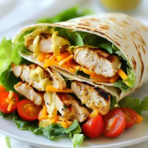 - Chicken and Marinade Ingredients - 2 boneless, skinless chicken breasts - 1 tablespoon olive oil - 1 teaspoon garlic powder - 1 teaspoon onion powder - 1 teaspoon smoked paprika - ½ teaspoon freshly cracked black pepper - ½ teaspoon sea salt - Tortilla and Filling Ingredients - 4 large tortillas (whole wheat or traditional) - 1 cup Romaine lettuce, chopped - 1 cup cherry tomatoes, halved - ½ cup shredded carrots - ½ cup sharp cheddar cheese, grated - Optional Toppings - ½ cup ranch dressing (or to taste) In this recipe, you need fresh chicken breasts for the best flavor. Marinading the chicken makes it juicy and tasty. I like the mix of spices in the marinade. Garlic powder and onion powder give a nice kick. Smoked paprika adds a warm, smoky flavor. For the wraps, I use big tortillas. Whole wheat is healthy, while traditional is soft and tasty. You can fill them with crunchy Romaine, sweet cherry tomatoes, and soft carrots. Grated cheddar cheese adds richness. Don’t forget the ranch dressing! It brings all the flavors together. You can adjust the amount based on your taste. If you want extra flavor, try adding fresh herbs or hot sauce as toppings. {{ingredient_image_2}} Marinating the Chicken Breasts Start with two boneless, skinless chicken breasts. In a bowl, mix one tablespoon of olive oil, one teaspoon of garlic powder, one teaspoon of onion powder, one teaspoon of smoked paprika, half a teaspoon of black pepper, and half a teaspoon of sea salt. Whisk until smooth. Brush this marinade on both sides of the chicken. This step adds great flavor. Grilling Instructions Preheat your grill to medium-high heat. Place the marinated chicken on the hot grill. Cook for about 6-7 minutes on each side. Use a meat thermometer to check if the chicken reaches 165°F (75°C). Once cooked, take it off the grill and let it rest for five minutes. This helps keep the chicken juicy. Slice the chicken into strips after resting. Resting and Slicing the Chicken Letting the chicken rest allows the juices to settle. After five minutes, cut it into strips. This makes it easier to layer in your wraps. Preparing the Tortillas Lay out your tortillas on a clean surface. You can use whole wheat or traditional tortillas. Make sure they are flat and ready for filling. Layering the Filling Ingredients In the center of each tortilla, add a layer of chopped Romaine lettuce. Then, place halved cherry tomatoes on top for sweetness. Sprinkle shredded carrots for a nice crunch. Add grated sharp cheddar cheese for richness. Drizzling with Ranch Dressing Now, add the sliced grilled chicken on top of the veggies. Drizzle ranch dressing over everything. You can adjust the amount based on your taste. Wrapping Instructions To wrap your tortillas, fold the sides inward. Then, roll from the bottom up tightly. This keeps all your tasty fillings inside. Grilling for Texture For extra texture, put the wraps back on the grill. Grill for 1-2 minutes. This step gives them nice grill marks and warms them through. Serving Suggestions Slice each wrap in half diagonally for easy handling. Serve on a large platter. You can add extra ranch dressing and fresh herbs for a colorful touch. Enjoy your delicious Grilled Chicken Ranch Wraps! - Alternative Protein Options You can swap chicken for turkey or tofu. Both options grill well and keep the flavor. - Vegan or Vegetarian Alternatives Use grilled portobello mushrooms or chickpeas for a hearty veggie wrap. They add texture and taste. - Cheese Variations Try mozzarella or pepper jack cheese. Each adds a unique twist to your wrap. - Achieving Perfect Grill Marks Preheat the grill. Place the chicken and do not move it for 6-7 minutes. Flip carefully for equal marks. - Cooking Temperatures and Times Cook chicken breasts until they reach 165°F (75°C). Use a meat thermometer for accuracy. - Ensuring Juicy Chicken Let the chicken rest for 5 minutes after grilling. This keeps the juices inside for a tender bite. - Pairing with Side Dishes Serve with a side salad or sweet potato fries. Both make a balanced meal. - Presentation Ideas for Gatherings Arrange wraps on a platter. Add fresh herbs and extra ranch dressing for a pop of color. - Enhancing Flavor with Additional Ingredients Consider adding sliced jalapeños or fresh herbs. They can brighten flavors and add a kick to your wrap. Pro Tips Marinate Longer for Flavor: Allow the chicken to marinate for at least 30 minutes, or even overnight, for a more intense flavor. Use a Meat Thermometer: Ensure the chicken is perfectly cooked by using a meat thermometer to check that it reaches an internal temperature of 165°F (75°C). Customize Your Fillings: Feel free to add other vegetables or toppings like avocado, bell peppers, or different cheeses to suit your taste. Grill for Texture: Grilling the assembled wraps for a couple of minutes adds a nice texture and makes them crispy on the outside. {{image_4}} You can switch up your grilled chicken ranch wraps for fun. Here are some tasty ideas: - Southwest Style with Avocado: Add creamy avocado slices and black beans. The flavors blend well with ranch dressing. This creates a smooth, rich taste that feels fresh. - Mediterranean Version with Hummus: Spread hummus on the tortilla instead of ranch. Add cucumbers and olives for extra crunch. This gives a zesty twist to the wrap. - Spicy Buffalo Chicken Variation: Use cooked buffalo chicken instead of grilled. The heat from the buffalo sauce pairs well with ranch. This is perfect for those who love a kick. The type of tortilla can change your wrap game. Here are some options: - Whole Wheat vs. Traditional Tortillas: Whole wheat tortillas add fiber and a nutty flavor. Traditional tortillas give a soft, classic taste. You can choose based on your health goals or mood. - Gluten-Free Options: If you need gluten-free, look for rice or corn tortillas. They work just as well and still taste great. This way, everyone can enjoy the wraps. - Creative Wrapping Ideas: Try using lettuce leaves instead of tortillas for a lighter option. This gives a fresh crunch and cuts down on carbs. You could also use pita bread for a fun twist. Experiment with these ideas to make your wraps exciting and tasty! - Best Practices for Refrigeration Store any leftover wraps in an airtight container. Keep them in the fridge. They stay fresh for up to three days. If you want the best taste, eat them sooner. - Freezing Instructions You can freeze the wraps if you have extra. Wrap each one tightly in plastic wrap. Then place them in a freezer bag. They can last up to three months in the freezer. - Reheating Tips To reheat, take the wrap out of the fridge or freezer. If frozen, let it thaw in the fridge overnight. Warm it up in the microwave for about 1-2 minutes. You can also grill it for a few minutes to get crispy edges again. - How Long Do They Last? Wrapped leftovers last three days in the fridge. If frozen, they can last for three months. - Signs of Spoilage Look for changes in color or smell. If the wrap smells off or the ingredients look bad, throw it away. - Best Practices for Maintaining Freshness Keep the wraps sealed tightly. Use fresh ingredients when making them. This helps maintain their flavor and texture for longer. Yes, you can use frozen chicken breasts. Just remember to thaw them first. Thawing helps the chicken cook evenly. You can use the fridge overnight or a quick method in cold water. You can check the chicken's internal temperature. It should reach 165°F (75°C). Use a meat thermometer for accuracy. The chicken should also look white and no longer pink inside. If you want a change, try Greek yogurt or a creamy avocado dressing. You can also use blue cheese dressing for a different flavor. Salsa or hummus are tasty alternatives too. Yes, you can make these wraps ahead. Prepare them a few hours in advance. Keep them in the fridge, wrapped tightly. Just be sure to eat them within a day for the best taste. A refreshing iced tea or lemonade works great. You can also serve them with a light beer or sparkling water. For a fun twist, try a fruity mocktail to enhance your meal experience. In this post, we explored how to make tasty Grilled Chicken Ranch Wraps. We covered the key ingredients, from the chicken and marinade to optional toppings. I shared steps for grilling the chicken and assembling the wraps. Helpful tips offered ingredient swaps and grilling advice for perfect results. Wrapping it up, these wraps are easy and delicious. You can make them your own with different flavors or toppings. Enjoy your cooking and impress others with your tasty creations!