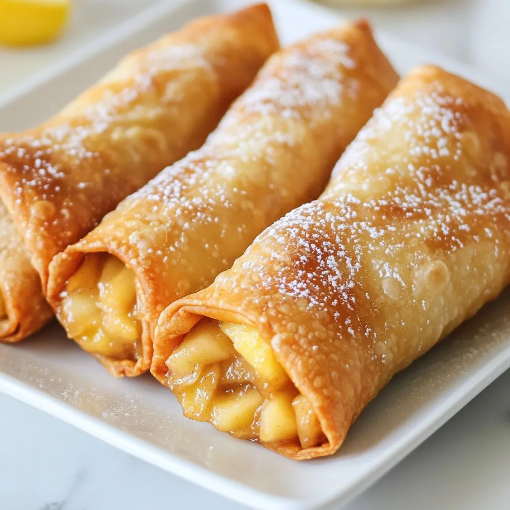 - 2 large apples (Granny Smith or Honeycrisp) - 1/4 cup packed brown sugar - 1 teaspoon ground cinnamon - 1/4 teaspoon ground nutmeg - 1 tablespoon freshly squeezed lemon juice - 1 tablespoon cornstarch - 10 egg roll wrappers - Vegetable oil for frying - Powdered sugar for dusting (optional) You can use other apple types, like Fuji or Gala. Both work well for sweetness. If you want less sugar, try a sugar substitute. Options like stevia or monk fruit are great. You can also use gluten-free wrappers. They will taste just as good. Choose ripe apples. Look for firm ones that are shiny and smell sweet. Store your apples in the fridge for best results. Keep the egg roll wrappers in the fridge too. Use them before the expiration date for the best taste. {{ingredient_image_2}} Start by dicing two large apples. I like using Granny Smith or Honeycrisp. Place the diced apples in a medium bowl. Add 1/4 cup of packed brown sugar, 1 teaspoon of ground cinnamon, and 1/4 teaspoon of ground nutmeg. Pour in 1 tablespoon of freshly squeezed lemon juice and sprinkle in 1 tablespoon of cornstarch. Mix everything gently. Make sure all the apples get coated well. Let this sit for about 10 minutes. This step allows the flavors to meld, resulting in a delicious filling. Now, let’s roll up the egg rolls! Take one egg roll wrapper and lay it flat. Make sure one corner points toward you. Scoop about 2 tablespoons of the apple filling and place it in the center of the wrapper. Fold the bottom corner over the filling. Then fold in the two side corners toward the center. Continue rolling the wrapper tightly up to the top corner. Use a little water to moisten the edge, and press to seal it. Repeat this until you use all the wrappers or filling. For frying, heat about 2 inches of vegetable oil in a deep pan. Set the heat to medium and wait for the oil to reach 350°F (175°C). Carefully add a few egg rolls to the hot oil. Do not overcrowd the pan. Fry them for 3 to 4 minutes on each side. Look for a golden brown color and crispy texture. When done, use a slotted spoon to remove the egg rolls. Place them on a paper towel-lined plate to drain extra oil. Let them cool slightly before serving. Dust with powdered sugar if you like! Enjoy the warm, crispy treat! To avoid soggy egg rolls, ensure you use a dry filling. Drain any excess liquid from the apples after mixing. Also, do not overfill the wrappers. This helps keep them crispy. Fry egg rolls in small batches. This keeps the oil temperature steady. The right heat makes all the difference. Aim for 350°F (175°C) for perfect frying. For presentation, arrange the hot egg rolls on a nice platter. Serve with a bowl of caramel sauce for dipping. Ice cream also pairs well, especially vanilla. You can sprinkle some powdered sugar on top for a sweet touch. For drinks, try serving apple cider or sweet tea. These beverages complement the flavors nicely. One common mistake is overfilling the wrappers. This can lead to messy frying. Another mistake is not sealing the edges well. Use a little water to moisten the wrapper edges. This helps them stick together. Make sure the egg rolls are tightly wrapped. Loose wrappers can open during frying, making a mess. Pro Tips Choose the Right Apples: For the best flavor and texture, use tart apples like Granny Smith or sweet ones like Honeycrisp. This balance enhances the overall taste of your egg rolls. Don’t Overfill: To prevent the egg rolls from bursting while frying, make sure not to overfill them with the apple mixture. Stick to about 2 tablespoons per wrapper. Maintain Oil Temperature: Keep an eye on the oil temperature while frying. If it’s too hot, the egg rolls will brown too quickly without cooking through. If it’s too low, they will absorb more oil and become greasy. Serve Fresh: For the best crispy texture, serve the egg rolls immediately after frying. They tend to lose their crunchiness as they cool down. {{image_4}} You can make apple pie egg rolls even more fun! Try adding cranberries or raisins for a twist. They add a nice tartness that pairs well with the sweet apples. You can also experiment with spices like ginger. A pinch of ginger gives your egg rolls a warm, spicy kick. Just be sure to balance the spices so they enhance the apple flavor. If you want a vegan option, use applesauce instead of the egg filling. It gives a nice texture and keeps it moist. For a keto-friendly version, swap the brown sugar with a keto sweetener. This way, you can enjoy the delicious flavors without all the carbs. Both options keep the essence of the recipe while catering to different diets. Pair your apple pie egg rolls with ice cream for a delightful treat. Vanilla ice cream is classic, but try caramel or cinnamon ice cream for a twist. You can also serve them with sauces like caramel or chocolate syrup. These dips add extra sweetness and richness to each bite. Enjoy the combinations to make your dessert even better! After making your crispy apple pie egg rolls, you might have some left. To keep them fresh, store the egg rolls in the fridge. Place them in an airtight container. This helps prevent them from getting soggy. They last about three days in the fridge. If you want to save them longer, freeze the egg rolls. Lay them on a baking sheet in a single layer. Freeze for about an hour until firm. Then, transfer them to a freezer bag. They can stay good for up to two months. When it's time to enjoy your leftovers, you can reheat them in two ways. The oven is the best choice for keeping them crispy. Preheat your oven to 375°F (190°C). Place the egg rolls on a baking sheet. Heat for about 10-15 minutes until warm and crispy. If you are short on time, you can use the microwave. Place the egg rolls on a microwave-safe plate. Heat them for 30 seconds, then check. If they are not warm, keep heating in 15-second bursts. However, this method may make them less crispy. Your apple pie egg rolls stay fresh for about three days in the fridge. When you freeze them, they can last for two months. Always check for any signs of spoilage before eating. If they look or smell off, it’s best to throw them out. I like to use Granny Smith or Honeycrisp apples. These apples are tart and sweet. They hold up well when cooked. This gives you a nice texture in your egg rolls. Other good options include Fuji or Gala apples. You can mix different types for fun flavors. Yes, you can bake the egg rolls! Preheat your oven to 400°F (200°C). Place the egg rolls on a baking sheet. Brush them lightly with oil to help them crisp up. Bake for about 15-20 minutes, flipping halfway through. They won't be as crispy as fried, but they will still taste great! Look for a golden brown color. This usually takes about 3-4 minutes on each side. If they float, they are likely done. Use a slotted spoon to take them out. Drain them on paper towels to remove excess oil. Yes, you can prepare the filling ahead of time. Mix the apples and spices, then store them in the fridge. You can keep it for up to 24 hours. Just remember to wrap the egg rolls when ready to cook. Absolutely! You can make a batch and store them. Keep them in an airtight container in the fridge. They stay fresh for 2-3 days. You can also freeze them for longer storage. Just fry or bake them when you're ready to eat! You’ve learned how to make delicious apple pie egg rolls. We covered the key ingredients and tips, how to prepare the filling, and wrap the egg rolls. I also shared variations for different tastes. Remember to choose fresh apples and store any leftovers correctly. Enjoy these tasty treats with friends or family. You’ll impress everyone with your cooking skills. Get ready to fry up some fun!
