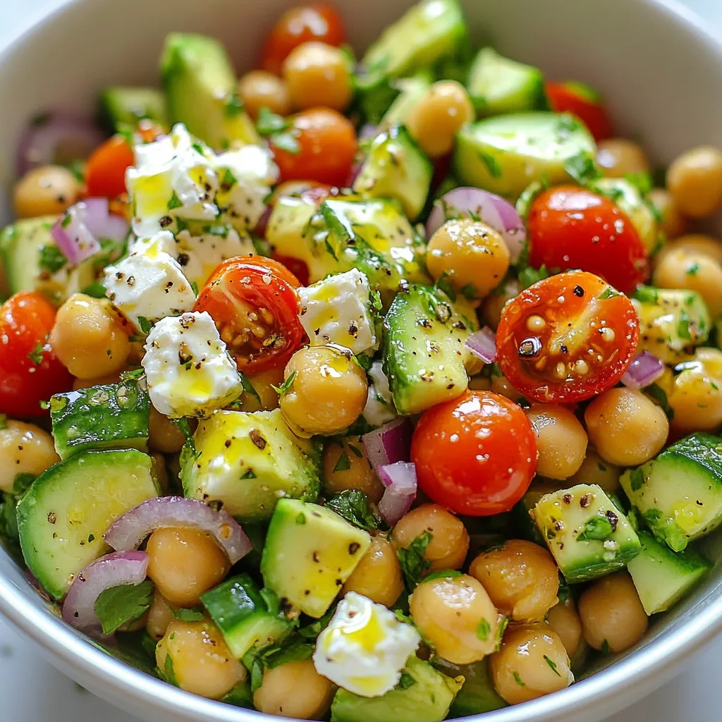 - 1 can (15 oz) chickpeas, thoroughly rinsed and drained - 1 large ripe avocado, diced into bite-sized pieces - 1 cup cherry tomatoes, halved for a burst of sweetness - 1 small cucumber, peeled and diced for crunch - 1/2 red onion, finely chopped for a zesty kick - 1/2 cup crumbled feta cheese for creaminess - 1/4 cup fresh parsley, finely chopped for a herbal note - 3 tablespoons extra virgin olive oil for richness - 2 tablespoons freshly squeezed lemon juice for brightness - Salt and freshly cracked black pepper to taste - 1/2 teaspoon red pepper flakes (optional, for a hint of heat) This salad is not just tasty; it is also good for you. Each serving is packed with protein, fiber, and healthy fats. Here’s a quick look at what you get per serving: - Calories: About 250 - Protein: 8g - Fiber: 10g - Healthy Fats: 15g - Carbs: 20g Chickpeas provide protein and fiber. Avocado adds healthy fats. Feta gives a creamy touch. Tomatoes, cucumber, and parsley boost vitamins and minerals. You can change things up based on what you have. Here are some options: - Use black beans instead of chickpeas for a different flavor. - Swap feta with vegan cheese for a dairy-free option. - Try lime juice in place of lemon for a new twist. - Replace red onion with green onion if you prefer a milder taste. - Use spinach instead of parsley for a different herb taste. These swaps keep the dish fresh and fun while still being healthy! {{ingredient_image_2}} Start by rinsing and draining one can of chickpeas. This helps remove extra salt and liquid. Next, grab a large bowl and add the chickpeas. Now, dice one large avocado into bite-sized pieces. Add the avocado to the bowl. Halve one cup of cherry tomatoes and add them for sweetness. Peel and dice one small cucumber for a nice crunch. Chop half a red onion finely and add it for a zesty kick. With a gentle touch, stir all the ingredients in the bowl. Be careful not to mash the avocado. You want it to stay chunky. This adds a creamy texture to the salad. Once mixed, it should look colorful and fresh. In a small bowl, whisk together three tablespoons of extra virgin olive oil and two tablespoons of freshly squeezed lemon juice. Add salt and black pepper to taste. If you like heat, toss in half a teaspoon of red pepper flakes. Whisk until everything blends together smoothly. Drizzle the dressing over the salad mixture. Gently toss the salad to coat all the ingredients without breaking the avocado. Now, fold in a quarter cup of finely chopped fresh parsley for extra freshness. Taste the salad and adjust the seasoning if needed. Let it sit at room temperature for about ten minutes. This time lets the flavors meld together nicely. Enjoy your vibrant and tasty Chickpea Feta Avocado Salad! Keeping your avocado fresh is easy. First, use lemon juice. Squeeze some over the cut avocado. The acid slows browning. If you have leftover avocado, store it in an airtight container. Place it with the pit still inside. This helps keep it green longer. Wrap it in plastic wrap if you want extra protection. Balancing flavors makes your salad shine. You want a mix of salty, sweet, and tangy. The feta adds saltiness, while the cherry tomatoes bring sweetness. The lemon juice gives a bright, tangy kick. Always taste as you go. Add a pinch of salt or a dash of pepper if needed. If you like heat, sprinkle in some red pepper flakes. This adds a nice zing! Want to save time? Prep your ingredients ahead. Chop the veggies and store them in the fridge. You can also drain your chickpeas a day early. When it’s time to make the salad, just mix everything. Another trick is to use pre-crumbled feta. This cuts down on prep time too. Enjoy your quick and tasty salad! Pro Tips Choose Ripe Avocados: Make sure your avocados are perfectly ripe for the best creamy texture. They should yield slightly to gentle pressure when squeezed. Season Gradually: Start with a little salt and pepper, then adjust to taste. You can always add more, but it's hard to fix an overly salty dish. Experiment with Herbs: Feel free to swap parsley for other fresh herbs like cilantro or basil for a different flavor profile. Perfect for Meal Prep: This salad keeps well for a day in the fridge, making it a great option for meal prepping. Just keep the dressing separate until ready to serve! {{image_4}} You can easily boost the protein in your Chickpea Feta Avocado Salad. Here are some great choices: - Grilled Chicken: Dice cooked chicken for a hearty touch. - Shrimp: Add cooked shrimp for a seafood twist. - Tofu: Use firm tofu for a plant-based option. - Quinoa: Mix in cooked quinoa for extra fiber and protein. Each of these options adds a new flavor and texture. Try them out to fit your taste! Seasonal swaps can keep this salad fresh and exciting. Use what's in season: - Spring: Add fresh peas for a sweet crunch. - Summer: Toss in diced bell peppers for color and sweetness. - Fall: Include diced apples or pears for a sweet contrast. - Winter: Use roasted butternut squash for warmth and richness. These ingredients make the salad more fun and keep it vibrant all year round! You can make this salad vegan or dairy-free without losing flavor. Here are some swaps: - Vegan Feta: Use a plant-based feta for creaminess. - Nutritional Yeast: Sprinkle this for a cheesy flavor. - Avocado: If you want more creaminess, add more avocado. These swaps keep the essence of the dish while catering to different diets. You won't miss the dairy at all! To keep your Chickpea Feta Avocado Salad fresh, store it in an airtight container. Make sure to cover it tightly. This way, the salad lasts up to three days in the fridge. If the avocado starts to brown, you can add a splash of lemon juice. This helps keep it green and bright. I don't recommend freezing this salad. The texture of the avocado and feta changes when frozen. They become mushy and lose their charm. Instead, enjoy the salad fresh. If you have extra chickpeas, you can freeze those separately. They can easily be added to future meals. If you happen to have a small portion left, simply let it sit at room temperature for about 10 minutes. This helps it warm up slightly. Avoid using a microwave; it can ruin the creamy texture of the avocado. Always serve the salad fresh for the best taste! Yes, you can make this salad ahead of time. Prepare it and store it in the fridge. However, I suggest adding avocado just before serving. This keeps the avocado fresh and green. If the salad sits too long, the avocado can turn brown. This salad pairs well with many dishes. You can serve it with grilled chicken or fish for protein. It also goes well with pita bread or crackers for added crunch. You can use it as a side for a light lunch or dinner. To add some heat, mix in red pepper flakes. You can also use fresh jalapeños or a dash of hot sauce. Start with a little, then taste it. Adjust the spice level to fit your taste. Enjoy the kick it adds! In this blog post, we explored how to make a Chickpea Feta Avocado Salad. We discussed the complete ingredients and their nutrition. You learned how to prepare the salad step-by-step, from making the dressing to mixing it all together. Tips on keeping avocados fresh and balancing flavors help you enhance your dish. We also covered healthy variations and storage options for leftovers. With these insights, you can easily create a delicious and fresh salad any time. Enjoy your cooking!