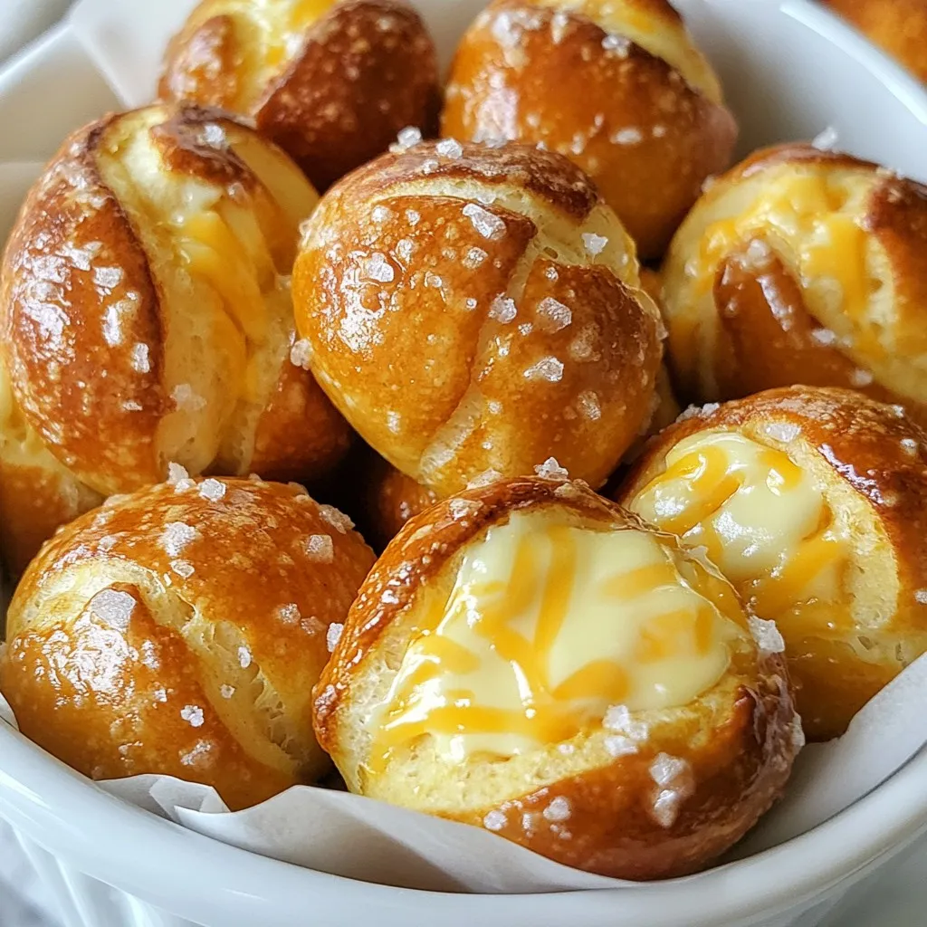 To make buttery soft pretzel bites, you'll need simple ingredients. These items create a fun, cheesy snack that everyone loves. - 1 ½ cups warm water (about 110°F) - 2 tablespoons granulated sugar - 2 teaspoons active dry yeast - 4 cups all-purpose flour - 1 teaspoon salt - ¼ cup unsalted butter, melted (plus extra for brushing) - 4 cups water (for boiling) - ¼ cup baking soda - Coarse sea salt (for sprinkling) - 1 cup shredded cheddar cheese Each ingredient plays a key role in making your pretzel bites flavorful and soft. The warm water helps activate the yeast. Sugar feeds the yeast, making it bubbly. The flour gives the bites their structure, while the butter adds richness. Baking soda in boiling water gives that classic pretzel flavor and color. Don't forget the coarse salt and cheese; they add extra flavor. Enjoy the process of creating these delightful bites! {{ingredient_image_2}} First, in a small bowl, mix warm water, sugar, and yeast. Stir gently. Let it sit for 5 minutes. You want it to froth and bubble. This shows the yeast is alive and ready. In a large bowl, whisk together flour and salt. Next, pour in the yeast mixture and melted butter. Mix with your hands or a wooden spoon. Keep mixing until a dough forms. It should be slightly sticky but come together well. Now, shape the dough into a ball. Place it in a greased bowl. Cover it with a damp cloth or plastic wrap. Let it rise in a warm spot for about 1 hour. It should double in size during this time. While the dough rises, preheat your oven to 425°F. In a large pot, bring 4 cups of water to a boil. Carefully add the baking soda, as it will bubble. Once the dough has risen, punch it down gently. Divide the dough into 8 pieces. Roll each piece into a rope about 1 inch thick. Cut each rope into bite-sized pieces, about 1-2 inches long. Place the pretzel bites into the boiling water, a few at a time. Boil them for 30 seconds. Remove with a slotted spoon and place them on a baking sheet. Brush each bite with melted butter. Sprinkle coarse sea salt on top. Make a small indentation on each bite. Push a piece of cheddar cheese into the opening. Bake the bites for 12-15 minutes. They should be golden brown. Let them cool for a few minutes before serving. Enjoy your warm, cheesy, buttery soft pretzel bites! To get that perfect soft pretzel bite, focus on the dough’s texture. You want it smooth and elastic. If your dough feels too sticky, add a bit more flour. On the other hand, if it's too dry, a little warm water can help. Adjust for humidity by adding flour in small amounts. At high altitudes, add a bit more water since the air is drier. Using baking soda is key for that classic pretzel flavor. It also helps the pretzel bites get a nice brown color. When boiling, keep the water at a rolling boil. Boil the pretzel bites for about 30 seconds. This quick dip makes them soft inside but gives them a lovely crust outside. You can add a twist to your pretzel bites by using different cheeses. Try mozzarella or pepper jack for a fun change! You can also use toppings like garlic powder or sesame seeds. For dips, mustard is great, but a creamy cheese dip makes for a perfect match too. Pro Tips Activate Your Yeast: Make sure the water is warm but not too hot; around 110°F is perfect. This ensures your yeast activates properly and results in a fluffy pretzel bite. Don’t Skip the Boil: Boiling the pretzel bites in baking soda water before baking gives them that classic pretzel texture and flavor. Make sure the water is at a rolling boil! Cheese Tips: For a gooey center, use shredded cheese rather than slices. It melts more evenly and fits perfectly into the pretzel bite's indentation. Storage Secrets: To keep pretzel bites fresh, store them in an airtight container at room temperature. Reheat in the oven for a few minutes to regain that crispy exterior. {{image_4}} You can stuff your pretzel bites with different cheeses. Cheddar is great, but try mozzarella or pepper jack for a twist. To stuff them, make a small indentation in each bite before boiling. Insert cheese into the space, then seal it carefully. This will keep the cheese inside while baking. Add flavor with spices and herbs. For a savory touch, use garlic powder or Italian herbs. If you crave something sweet, sprinkle cinnamon and sugar on top after baking. Each option gives you a new taste. You can mix and match to find your favorite. For a gluten-free version, swap all-purpose flour with a gluten-free flour blend. Use a blend that has xanthan gum to help the dough hold together. You may need to adjust the water amount to get the right dough texture. Follow the same steps, and you’ll enjoy these bites without gluten! To keep your pretzel bites fresh, store them in an airtight container. You can place them in the fridge for up to 3 days. If you want to store them longer, freeze them. They will last for about 2 months in the freezer. Just make sure they cool completely before packing them away. To bring back the soft texture, reheat your pretzel bites in the oven. Preheat to 350°F (175°C). Place the bites on a baking sheet for about 5 to 7 minutes. This keeps them warm and soft. You can also use a microwave, but they may lose some crunch. After reheating, serve them with your favorite mustard or cheese dip for a fun snack. You can skip baking soda by boiling pretzel bites in plain water. The texture will differ, but you will still have tasty bites. Just remember, baking soda gives that classic pretzel flavor and nice color. Yes, a stand mixer works great for mixing dough. Use the dough hook to knead until it's smooth and elastic. This saves time and makes it easier on your hands. Many dips go well with pretzel bites. Here are some favorites: - Yellow mustard - Spicy mustard - Cheese dip - Garlic butter - Ranch dressing These options add fun flavors to each bite! Homemade pretzel bites stay fresh for about 2 days at room temperature. If you want to keep them longer, store them in the fridge for up to a week. You can also freeze them for up to 3 months. It is not necessary to let the dough rise twice, but it helps improve texture. The first rise allows the dough to grow, and a second rise can make it lighter. If you're short on time, just let it rise once! You now have a solid guide to making delicious pretzel bites. We covered the key ingredients, from warm water to cheddar cheese, crucial steps for dough and boiling, and even some clever tips for perfecting your bites. Variations include cheese-stuffed or seasoned options, and we discussed storage to keep them fresh. Enjoy making pretzel bites at home. They are fun, tasty, and worth the effort! Give your twists a try today!