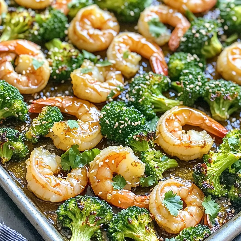 - 1 lb large shrimp, peeled and deveined - 4 cups broccoli florets - 1/4 cup honey - 1/4 cup low-sodium soy sauce - 3 cloves garlic, minced - 1 tablespoon fresh ginger, grated - 2 tablespoons sesame oil - 1 tablespoon rice vinegar - 1 teaspoon red pepper flakes - Salt and pepper to taste - 2 tablespoons sesame seeds (for garnish) - Fresh cilantro, chopped (optional) Gathering the right ingredients makes a big difference. The shrimp should be large, fresh, and ready to go. I prefer using peeled and deveined shrimp for ease. Broccoli is the perfect veggie here. It brings great crunch and color. I use four cups of florets to balance the shrimp. Honey is key for the sweetness. It adds a lovely glaze. Low-sodium soy sauce gives depth to the sauce. The garlic and ginger bring bold flavors. They make the dish bright and tasty. Don't skip the sesame oil and rice vinegar. They add richness and a slight tang. The red pepper flakes let you control the heat. Season with salt and pepper to taste. Sesame seeds and fresh cilantro add a perfect finish. They not only look good but taste great too! - Preheat the oven to 400°F (200°C). - Line the baking sheet with parchment paper. This makes cleanup easy later. - In a bowl, mix honey, soy sauce, minced garlic, grated ginger, sesame oil, rice vinegar, and red pepper flakes. - Whisk them together until fully blended. This sauce adds a sweet and savory touch. - Toss the shrimp with half of the sauce. Let it marinate for about 10 minutes. This helps the shrimp soak up the flavors. - Spread the broccoli florets on the baking sheet. Roast them for 10 minutes until they begin to soften. - After 10 minutes, remove the baking sheet from the oven. - Arrange the marinated shrimp over the broccoli and drizzle the remaining sauce on top. - Roast everything for an additional 8-10 minutes until the shrimp are pink and cooked through. To make this dish just right for you, adjust the red pepper flakes. Start with one teaspoon. If you love spice, add more. You can also brighten the flavor by adding a splash of lemon or lime juice. Just squeeze it in before serving. This adds a nice zest that pairs well with the shrimp and broccoli. To cook the shrimp and broccoli evenly, spread them out on the baking sheet. Avoid crowding them; this helps them roast nicely. Check the shrimp for doneness by looking for a pink color. They should be opaque and firm. If you cook them too long, they might get tough. So, keep an eye on the timer! You can serve the dish right from the baking sheet for a rustic look. If you prefer, plate the shrimp and broccoli separately. Drizzle any leftover sauce on top for extra flavor. For a complete meal, serve it with rice or quinoa. This adds a nice base and makes it filling. {{image_4}} You can switch shrimp for chicken or tofu. For chicken, use boneless thighs or breasts. Cut them into bite-sized pieces. Cook them until they reach an internal temp of 165°F (75°C). Tofu is a great choice for a vegan option. Press it to remove extra water, then cube it. Use the same marinade and bake until golden. Both options give you a tasty meal. Feel free to get creative with veggies. Bell peppers, snap peas, and carrots work well here. Cut them into small pieces to match the broccoli. Adjust cooking times based on what you add. For instance, bell peppers may need less time than broccoli. Start roasting the broccoli for 10 minutes before adding other veggies. This way, everything cooks evenly and stays crisp. Want some heat? Add sriracha to the honey garlic sauce for a spicy kick. Start with one tablespoon and adjust to taste. For a sweeter dish, add more honey or maple syrup. This change makes the sauce richer and thicker. Both variations give you new flavors to try while keeping the dish fun and tasty. Store your leftover shrimp and broccoli in an airtight container. This keeps them fresh and safe. You can keep them in the fridge for up to three days. After that, the shrimp may lose its texture, and the broccoli may not taste as good. To freeze the dish, let it cool completely first. Then, place it in a freezer-safe container or bag. Be sure to remove as much air as possible. This helps prevent freezer burn. You can store it in the freezer for up to three months. When it’s time to enjoy again, thaw it overnight in the fridge. For the best results, reheat in the oven. Preheat to 350°F (175°C). Place the shrimp and broccoli on a baking sheet and cover it with foil. This keeps the moisture in. Heat for about 15 minutes or until warm. If using the microwave, place the dish in a microwave-safe container. Heat in short bursts, stirring in between. This helps maintain the texture and flavor. Enjoy your meal! Cooking shrimp on a sheet pan takes about 8 to 10 minutes. You want to see the shrimp turn pink and opaque. This shows they are done. Make sure not to overcook them, or they will become tough. Keep an eye on them towards the end of cooking. Yes, you can use frozen shrimp. Just make sure to thaw them first. You can do this in cold water for about 15 minutes. Once thawed, peel and devein them if needed. The taste will be great, but fresh shrimp may cook faster. For sides, steamed rice or quinoa works well. You can also try serving with noodles or a light salad. Adding a squeeze of lemon or lime can brighten the meal. Fresh herbs like cilantro can also enhance the flavors. This dish combines shrimp, broccoli, and a tasty honey garlic sauce. We learned how to prepare the ingredients, make the sauce, and roast everything for a quick meal. You can adjust spice levels and try different proteins or veggies. Storing leftovers properly keeps the dish fresh. In the end, this recipe is easy, flavorful, and fun to make. Enjoy your cooking adventure!