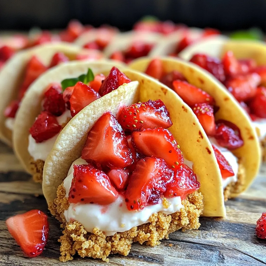 To make Strawberry Crunch Cheesecake Tacos, you need: - 1 cup graham cracker crumbs - 1/2 cup crushed freeze-dried strawberries - 1/3 cup unsalted butter, melted - 1 package (8 ounces) cream cheese, softened to room temperature - 1/2 cup powdered sugar - 1 teaspoon pure vanilla extract - 1 1/2 cups whipped cream (store-bought or homemade) - 1 cup fresh strawberries, diced into small pieces - 8 mini flour tortillas Each ingredient plays an important role. The graham cracker crumbs give a sweet crunch, while the freeze-dried strawberries boost the flavor. Cream cheese adds rich creaminess, and whipped cream keeps the filling light. You can swap some ingredients for different flavors. If you want a gluten-free option, use gluten-free graham crackers. You can also use other types of berries, like blueberries or raspberries, instead of strawberries. If you prefer dairy-free, try using vegan cream cheese and whipped cream. To make these tacos, you will need: - Mixing bowls - Electric mixer - Spatula - Skillet - Measuring cups and spoons Using the right equipment makes the process easier. The electric mixer helps make a smooth filling, while the skillet warms the tortillas perfectly. First, grab a medium bowl. In it, mix 1 cup of graham cracker crumbs and 1/2 cup of crushed freeze-dried strawberries. Pour in 1/3 cup of melted unsalted butter. Use a spatula to mix everything well. You want all the crumbs to be coated in butter. This mix will give your tacos a sweet and crunchy texture. Set it aside and let those flavors combine. Now, take a large bowl and add 8 ounces of softened cream cheese. Use an electric mixer to beat it on medium speed. You want it to be smooth and creamy. Slowly add in 1/2 cup of powdered sugar. Keep mixing until you have no lumps left. Then, add in 1 teaspoon of pure vanilla extract. This makes the filling taste so good! Next, heat 8 mini flour tortillas in a dry skillet. Put them over medium heat for about 30 seconds on each side. This will make them soft and easy to work with. Once they’re warm, dip the edges into your crunch topping mix. Press gently to make sure it sticks. Now it’s time to fill them! Spoon a nice amount of the cheesecake filling into the center of each tortilla. Add a handful of diced fresh strawberries on top. Finally, sprinkle more crunch topping over the strawberries. This layering gives you a mix of textures and flavors. Enjoy your tasty Strawberry Crunch Cheesecake Tacos! To make the best cheese filling, start with soft cream cheese. Let it sit at room temperature. This makes it easier to mix. Mix the cream cheese until it's smooth. Gradually add powdered sugar for sweetness. This helps avoid lumps. When you fold in whipped cream, do it gently. This keeps the filling light and fluffy. For a crunchy topping, blend graham cracker crumbs and crushed freeze-dried strawberries. Melt unsalted butter and mix it in well. This binds the ingredients together. Let the mixture sit for a few minutes. This helps the flavors blend. When you dip the tortillas, press lightly. Make sure the crunch sticks well. To make your tacos look amazing, use a colorful platter. Place the tacos neatly on it. Add whole strawberries and mint leaves for flair. You can also sprinkle extra crunchy topping on top. This adds a nice visual touch. The bright colors make the dish pop and look fun. {{image_4}} You can switch out strawberries for other fruits. Blueberries, raspberries, or peaches work well. Each fruit brings a unique taste. For example, blueberries add a sweet burst. Raspberries give a tart flavor. Feel free to mix fruits for a fun twist. Crunchy toppings can change the whole dessert. Try crushed nuts like almonds or pecans. They add a nice crunch and flavor. You can also use cookie crumbs for a different taste. Think about adding chocolate chips for a sweet touch. To make this treat gluten-free, use gluten-free tortillas. They are easy to find at stores. For a dairy-free option, swap cream cheese for a dairy-free version. Coconut cream or cashew cream works great. You can still enjoy this dessert without dairy! To store leftover Strawberry Crunch Cheesecake Tacos, place them in an airtight container. You can use plastic wrap or a sealed bag too. Keep them in the fridge for up to two days. This will help keep the flavors fresh. If you want to freeze them, it’s best to store the filling and tortillas separately. Wrap the tortillas in foil and place them in a zip-top bag. Store the cheesecake filling in a container. They can be frozen for up to three months. This way, you can enjoy them later! To serve the tacos after storing, warm the tortillas in a skillet. Heat them on low for about 15 seconds on each side. Do not overheat, or they will become tough. For the cheesecake filling, let it sit at room temperature for a bit. This will make it easier to spoon into the tortillas. Enjoy the fresh taste! Yes, you can prepare the filling ahead of time. Make the cheesecake filling and store it in the fridge for up to two days. Just keep the tortillas separate until you’re ready to serve. This way, they stay fresh and won't get soggy. If you want an alternative, try using mascarpone cheese. It gives a smooth texture and sweet taste. You can also use Greek yogurt for a lighter option, but it may change the flavor slightly. To avoid soggy tortillas, warm them just before filling. Use a dry skillet over medium heat for about 30 seconds on each side. This keeps them soft and helps the crunch topping stick better. Also, fill them right before you serve. To sum up, we explored the tasty world of Strawberry Crunch Cheesecake Tacos. You learned about essential ingredients, useful substitutions, and what equipment you'll need. We walked through the steps to make your tacos, from the crunch topping to the cheesecake filling. I shared tips for the best filling, achieving crunch, and presenting your dish. We also discussed tasty variations and smart storage tricks. Enjoy making these delightful treats and impress your friends!