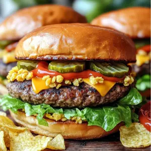 - 1 pound ground beef (80/20 recommended) - 1/2 cup crushed original flavor potato chips - 1/4 cup finely diced pickles - 1/4 cup shredded sharp cheddar cheese - 1 tablespoon Worcestershire sauce - 1 teaspoon garlic powder - 1 teaspoon onion powder - Salt and black pepper to taste - 4 hamburger buns - Fresh lettuce leaves, sliced tomatoes, additional pickles - Ketchup and mustard I love using 80/20 ground beef for these burgers. This blend gives a juicy taste you will crave. The potato chips add a crunch that makes each bite special. You can crush them easily with your hands or a rolling pin. Diced pickles bring a tangy flavor that balances the richness of the meat. Sharp cheddar cheese melts wonderfully over the patty, adding creaminess. Don't skip the Worcestershire sauce; it adds depth to the flavor. Garlic and onion powders enhance the taste without overpowering the burger. For seasoning, just use salt and pepper to taste. They help bring out the flavors of the meat and toppings. When it comes to the buns, choose fresh ones that will hold up to the juicy burger. Finally, don’t forget the toppings! Crisp lettuce, juicy tomatoes, and more pickles add freshness. Ketchup and mustard give that classic burger taste. Each ingredient plays a key role in making your Crack Burgers unforgettable! To start, I mix the ground beef with some tasty ingredients. In a large bowl, combine: - 1 pound ground beef (80/20 for juiciness) - 1/2 cup crushed potato chips - 1/4 cup finely diced pickles - 1/4 cup shredded sharp cheddar cheese - 1 tablespoon Worcestershire sauce - 1 teaspoon garlic powder - 1 teaspoon onion powder - Salt and pepper to taste I use my hands or a spoon to mix gently. I make sure not to overmix. Overmixing can make the burgers tough. Just combine until it looks even. Next, I divide the beef mixture into four equal parts. Each part becomes a patty. I shape each one to be about 1/2 inch thick. I also make a small indentation in the center. This helps the patties cook evenly and not puff up. Now it's time to cook! I preheat my grill or skillet to medium-high heat. I place the patties on the hot surface. I cook them for about 4-5 minutes on one side. This gives a nice sear. Then, I flip the patties and cook for another 3-4 minutes. I check for doneness by looking at the juices. They should run clear when done. While the burgers cook, I prepare the buns. I slice them in half and place them cut side down on a skillet. I toast them until they get golden brown. This adds a nice crunch to the meal. Once the patties are ready, I build my burgers. I take a toasted bun and add a patty to the bottom half. Then, I layer on: - Crisp lettuce - Juicy sliced tomatoes - Additional pickles I drizzle ketchup and mustard on top. Finally, I place the other half of the bun on top. For serving, I present the burgers warm. I like to add some extra potato chips on the side. They give a nice crunch with every bite! Enjoy this tasty treat! Using 80/20 ground beef gives your burgers great juiciness. The fat in this blend keeps them moist and flavorful. If you can't find 80/20, you can try 85/15. For a lighter option, use turkey or chicken. Instead of potato chips, you can use crushed crackers or panko breadcrumbs. They add crunch too. For cheese, feel free to try pepper jack or gouda. Both will change the flavor and make it fun! To ensure even cooking, preheat your grill or skillet. A hot surface helps the burgers sear nicely. Cook the patties for about 4-5 minutes on one side. Flip them and cook for another 3-4 minutes. To check if your burger is done, press gently in the center. If it feels firm, it's cooked well. If it’s soft, give it more time. This method works well without a thermometer. You can add more seasonings for a bolder taste. Try smoked paprika or chili powder for a kick. Fresh herbs like parsley or cilantro can brighten the flavor too. For sauces, consider making your own. Mix mayo with hot sauce for a creamy, spicy topping. A quick BBQ sauce or a tangy aioli can also elevate your burgers. These small changes make a big difference! {{image_4}} You can swap out the ground beef for turkey or chicken. Both options taste great and are leaner. Turkey crack burgers keep the same juicy flavor while being lighter. Chicken burgers can be moist if cooked right. Just watch the cooking time. For vegetarian options, use black beans or chickpeas. Mash them and mix with spices for texture. These alternatives let everyone enjoy crack burgers. Feel free to get creative with toppings. Try avocado slices or crispy bacon for a twist. You can also add jalapeños if you like heat. For a fresh touch, try coleslaw or grilled onions. Pair your burgers with sides like sweet potato fries or a simple salad. These sides balance the richness of the burgers. Want a spicy version? Add hot sauce or pepper jack cheese. You can mix in sriracha for extra flavor. For an international flair, try BBQ sauce or teriyaki glaze. These sauces change the taste and make each bite special. Think about using different seasonings to explore new flavors. Mix up your burger night with these fun takes! To keep your leftover burgers fresh, use a few smart methods. First, place the cooked burgers in a shallow container. Cover them tightly with plastic wrap or a lid. This helps keep moisture in. Store them in the fridge for up to three days. For toppings, like lettuce and tomatoes, store them separately. Use a sealed container for each topping. This prevents sogginess and keeps flavors bright. Reheating burgers needs care to keep them juicy. The best way is to use an oven. Set it to 350°F. Place the burger on a baking sheet. Heat for about 10 minutes. You can cover it with foil to trap moisture. If you prefer the stovetop, use a skillet. Heat it on medium-low. Add a little water, then cover. This will steam the burger and keep it moist. Freezing burgers works well if you have extra. For uncooked burgers, shape them first. Place each patty on a baking sheet. Freeze them for an hour, then transfer to a freezer bag. This prevents them from sticking together. For cooked burgers, let them cool first. Wrap each one in plastic wrap, then place in a freezer bag. When ready to cook, thaw in the fridge overnight. Cook them directly from frozen if needed. Just add a few extra minutes to the cooking time. A Crack Burger is a fun name for a tasty burger. It gets its name from the mix of flavors and textures. The key is adding crushed potato chips to the meat. This gives it a crispy crunch that you can't resist. The blend of savory beef, tangy pickles, and sharp cheddar makes each bite special. You may find yourself wanting more! Yes, you can make crack burgers ahead of time! To prep, mix the beef and other ingredients. Shape the patties and store them in the fridge. They stay fresh for up to 24 hours. When you are ready to cook, just grill or pan-fry them. This way, you save time for fun with your friends or family. Crack burgers taste great with many sides. Here are some yummy options: - Crispy French fries - Fresh coleslaw - Potato salad - Grilled corn on the cob These sides add a nice crunch and balance the burger's rich flavors. You can easily adjust this recipe! For a gluten-free version, use gluten-free buns. Check that your potato chips are also gluten-free. To make it dairy-free, skip the cheese or use a dairy-free alternative. Ground turkey or chicken can replace beef for lighter options. These changes keep the flavor while fitting your needs. Crack burgers combine tasty ingredients for a juicy bite. We covered everything: choosing ground beef, mixing in chips, and creating the perfect patty. Cooking tips ensure your burger is just right, while fun variations let you explore different flavors. Storing and reheating leftovers keeps the fun going. With these easy steps, you can make crack burgers that impress everyone. Enjoy experimenting with unique toppings and sides. Happy cooking!