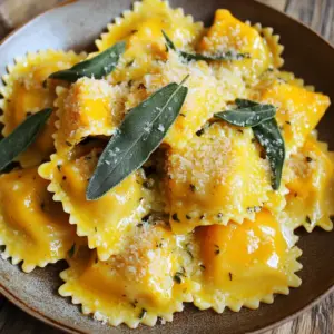 - 2 cups all-purpose flour - 2 large eggs - 1/2 teaspoon salt - 1 cup canned pumpkin puree - 1/2 cup ricotta cheese - 1 teaspoon grated Parmesan cheese - 1/2 teaspoon ground nutmeg - Salt and pepper to taste - 6 tablespoons unsalted butter - 10 fresh sage leaves - Grated Parmesan for serving When making creamy pumpkin sage ravioli, every ingredient matters. The dough starts with all-purpose flour, eggs, and a touch of salt. This mix gives the pasta its structure and flavor. Next, the filling needs canned pumpkin puree, ricotta cheese, Parmesan cheese, ground nutmeg, and some salt and pepper. This mix creates a rich, savory taste that pairs well with the pasta. For the brown butter sage sauce, you will need unsalted butter and fresh sage leaves. This sauce brings everything together with its warm, nutty flavor. Grated Parmesan on top adds a nice finish. Each ingredient plays a role, making this dish a true delight. 1. Start by sifting 2 cups of all-purpose flour and 1/2 teaspoon of salt into a large mixing bowl. This helps to aerate the flour and remove lumps. 2. Next, create a deep well in the center of the flour. Crack 2 large eggs into this well. 3. Use a fork to slowly mix the flour into the eggs. Incorporate the flour gradually until the dough forms. 4. Knead the dough on a lightly floured surface for about 8-10 minutes. It should become smooth and elastic. 5. Wrap the dough in plastic wrap and let it rest for 30 minutes at room temperature. This allows the gluten to relax. 1. In a medium bowl, mix 1 cup of canned pumpkin puree, 1/2 cup of ricotta cheese, and 1 teaspoon of grated Parmesan cheese. 2. Add 1/2 teaspoon of ground nutmeg and a pinch of salt and pepper. 3. Stir well until all ingredients are combined. Taste the filling and adjust the seasoning to your liking. 1. After resting, cut the dough into two equal portions. 2. Using a pasta machine or a rolling pin, roll each piece out to about 1/16-inch thickness. 3. Remember to flour the surface and the dough to avoid sticking. 1. Lay out one sheet of rolled pasta on a lightly floured surface. 2. Using a teaspoon, place small dollops of filling, about 1 teaspoon each, evenly spaced 1 inch apart along one half of the pasta sheet. 3. Brush the edges of the filling with water to help seal. 4. Carefully fold the other half of the pasta sheet over the filling. Press down firmly around each filling to seal. 5. Use a pasta cutter or a sharp knife to cut between the ravioli, separating them. 1. Bring a large pot of salted water to a gentle boil. 2. Add the ravioli in batches, cooking for 3-4 minutes or until they float to the surface. 3. Once cooked, use a slotted spoon to remove the ravioli and set them aside on a warm plate. 1. In a large skillet, melt 6 tablespoons of unsalted butter over medium heat until it begins to foam. 2. Add 10 fresh sage leaves to the skillet and sauté for about 3-4 minutes, stirring often. 3. Continue cooking until the butter turns a golden brown and the sage leaves become crispy. 4. Remove from heat and get ready to toss your ravioli in this delicious sauce. To get the best pasta, check for smoothness and elasticity. When you knead the dough, it should feel soft. You want it to bounce back when you press it. Resting the dough is key. Wrap it and let it sit for 30 minutes. This helps the gluten relax, making it easier to roll out. Adjusting flavors is fun. Taste your filling and play with spices. Add more nutmeg for warmth or extra salt for flavor. Fresh herbs can boost the taste. Try adding a pinch of thyme or a touch of parsley. This makes your filling stand out. Knowing when ravioli are done is important. Watch for them to float. This means they are cooked through. Cooking them for 3-4 minutes is usually perfect. Avoid overcooking; this makes them mushy. Once they float, use a slotted spoon to take them out. Enjoy your perfect ravioli! {{image_4}} You can change the filling in your ravioli. Butternut squash works well instead of pumpkin. It has a sweet and nutty flavor. If you want a different taste, try mixing cheeses. Use goat cheese or mascarpone for a creamy twist. Both add depth and richness to your dish. While brown butter is classic, you can switch it up. Try sage oil for a lighter taste. It gives a fresh, herbal note to your ravioli. You can also add cream to your brown butter. This makes the sauce richer and even more velvety. Just stir in a splash of cream after browning the butter. If you need gluten-free options, use gluten-free pasta. Many great brands make pasta that tastes amazing. For those who prefer vegan meals, swap out the cheese. Use a nut-based cheese or silken tofu. You can also replace butter with a plant-based option. This keeps the dish creamy and delicious. To keep your ravioli fresh, store them properly. Place leftover cooked ravioli in an airtight container. Refrigerate them for up to three days. If you want to keep them longer, freeze them. For freezing, lay the uncooked ravioli on a baking sheet. Make sure they do not touch. Freeze them until solid, then transfer them to a freezer bag. They will last up to three months in the freezer. When it's time to enjoy your ravioli again, reheating is key. The best way to reheat cooked ravioli is in a skillet. Add a little water or broth to the pan. Heat over medium-low heat and gently stir until warm. This keeps the ravioli moist. If you prefer the microwave, place them in a bowl, add a splash of water, and cover loosely. Heat for 30-second intervals until warmed through. Avoiding sogginess is important. Do not overcook them. If you use the microwave, check often to ensure they don't get too hot. Enjoy your ravioli with that delicious brown butter sage sauce! The ravioli are done when they float to the top of the water. This usually takes about 3-4 minutes. Once they float, they are ready to eat. Be careful not to overcook them, or they may fall apart. Yes, you can make the pasta dough ahead of time. Wrap it well in plastic wrap. Store it in the fridge for up to 2 days. When you are ready to use it, let it sit at room temperature for 15 minutes before rolling it out. This helps it soften. You can pair the ravioli with a simple green salad. A salad with mixed greens and a light vinaigrette works well. You can also serve it with garlic bread for a heartier meal. A glass of white wine, like Pinot Grigio, complements the dish nicely. Making creamy pumpkin sage ravioli is a rewarding journey. You learned about essential ingredients, step-by-step methods, and helpful tips. Perfecting the pasta and filling takes practice but leads to delicious results. You can experiment with variations and dietary needs to suit your taste. Store and reheat your ravioli for later enjoyment. With these insights, you can create a special meal that impresses everyone. Enjoy your cooking adventure!