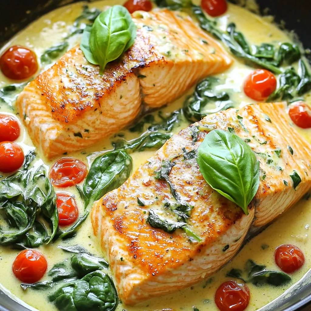 To create the One-Pan Creamy Tuscan Salmon, you need fresh and quality ingredients. Here’s a detailed list: - 4 salmon fillets, skin-on for crispiness - 2 tablespoons extra virgin olive oil - Salt and pepper, to taste - 3 cloves garlic, finely minced - 1 cup cherry tomatoes, halved - 1 cup fresh baby spinach, rinsed - 1 cup heavy cream - 1 teaspoon Italian seasoning blend - 1/2 cup freshly grated Parmesan cheese - A handful of fresh basil leaves, for garnish - Salmon: If you cannot find salmon, try trout or chicken breast. - Heavy Cream: For a lighter sauce, use half-and-half or coconut cream. - Spinach: Kale or Swiss chard works well too. - Parmesan: Pecorino Romano adds a fun twist. - Salmon: Look for bright, firm fillets with no fishy smell. - Olive Oil: Choose extra virgin for the best flavor. - Tomatoes: Pick ripe cherry tomatoes that feel firm. - Spinach: Fresh spinach should be vibrant green and crisp. - Parmesan: Buy block cheese and grate it fresh for better taste. Using fresh and high-quality ingredients makes this dish shine. Enjoy crafting this meal! To start, heat 2 tablespoons of extra virgin olive oil in a large skillet over medium heat. While the oil warms, season both sides of the salmon fillets with salt and pepper. Use enough seasoning so that it coats the fillets well. This step is key to flavor. Choosing the right skillet matters. A non-stick or cast-iron skillet works best. These types help the salmon sear nicely and prevent sticking. For the perfect sear, wait until the oil shimmers. This shows that it is hot enough. Carefully place the salmon skin-side down. Let it cook without moving it for 4-5 minutes. This helps form a nice crust. Timing and temperature are important here. After the first side gets that golden-brown color, flip the fillets. Cook the other side for another 4-5 minutes. The salmon is done when it flakes easily with a fork. When removing the salmon, use a spatula. This helps keep the fillets intact. Place them on a plate and set them aside while you make the sauce. Now, let’s focus on the sauce. In the same skillet, add 3 cloves of minced garlic. Sauté for about 30 seconds, stirring constantly. This prevents the garlic from burning and brings out its flavor. Next, toss in 1 cup of halved cherry tomatoes. Sauté for 3-4 minutes until they soften and release their juices. Then, add 1 cup of fresh baby spinach. Stir it until it wilts, which takes about 1-2 minutes. Pour in 1 cup of heavy cream and add 1 teaspoon of Italian seasoning. Stir the mixture and let it gently simmer. This step is vital for blending the flavors. To thicken the sauce, mix in 1/2 cup of freshly grated Parmesan cheese. Stir until the cheese melts and the sauce becomes creamy. Adjust the seasoning with salt and pepper as needed. Finally, return the cooked salmon to the skillet. Spoon the creamy sauce over the fillets. Let everything simmer together for 2-3 minutes. This allows the flavors to meld beautifully. One-pan cooking is simple and fun. Here are some tips to make it easier: - Use a large skillet to fit all ingredients. A wide pan helps cook evenly. - Always season your salmon well. This adds great flavor and makes it tasty. - Keep the skin on the salmon for crispiness. It adds texture and flavor. To keep your salmon moist: - Cook over medium heat. This helps it cook slowly and keeps it tender. - Don’t overcook the salmon. It should flake easily but still be juicy. If you use different cuts of salmon, adjust cooking times. - For thicker cuts, increase cooking time by a couple of minutes. - If using thinner fillets, reduce cooking time to avoid dryness. Pair your creamy salmon with these sides: - Serve it over fresh pasta for a hearty meal. - Crusty bread goes well for dipping into the creamy sauce. - A light salad can balance the richness of the dish. For garnishing, try: - Fresh basil leaves for a pop of color and flavor. - A sprinkle of extra Parmesan cheese adds richness. - A squeeze of lemon juice brightens the dish. Meal prepping? - Cook the salmon and sauce, then store them separately. - This keeps the salmon fresh and prevents sogginess. - Reheat gently on low heat to keep it moist. {{image_4}} You can switch proteins in this dish. If you prefer chicken, use boneless thighs or breasts. Cook them for about 6-7 minutes per side. Shrimp is also a great option. Just sauté them for 3-4 minutes until they turn pink. For a vegetarian version, replace salmon with hearty tofu or chickpeas. Both options soak up the creamy sauce well. You can also use mushrooms for a meaty texture. Seasonal vegetables can boost flavor and nutrition. In spring, try asparagus or peas. In fall, use roasted butternut squash. Both add color and taste. To change the flavor, add spices or herbs. A pinch of red pepper flakes gives a nice heat. Fresh dill or parsley can brighten the dish. For something tangy, squeeze fresh lemon juice over the salmon. It pairs well with the cream sauce. If you love cheese, try adding feta or goat cheese. They add a different twist to the creamy sauce. Each type brings its own flavor. To keep your One-Pan Creamy Tuscan Salmon fresh, follow these steps: - Refrigerating: Place leftovers in an airtight container. Store in the fridge for up to 3 days. - Freezing: You can freeze the salmon. Wrap each piece tightly in plastic wrap, then place in a freezer bag. It lasts for up to 3 months. - Reheating: Reheat on low heat. Use a skillet or microwave. This keeps the salmon moist and creamy. For easy meal prep, consider these tips: - Prepping Ingredients: Chop garlic, halve tomatoes, and wash spinach ahead. Store them in separate containers. - Storing Components: Keep the salmon and sauce separate. This helps maintain freshness. - Repurposing Leftovers: Use leftover salmon in salads or pasta dishes. It adds great flavor and saves time. You can use Greek yogurt or coconut milk as a lighter sauce. Both options provide creaminess without the heaviness. If you want even less fat, try using broth and a little cornstarch for thickness. Mix the yogurt or coconut milk with the sautéed garlic and tomatoes for a tasty twist. Yes, you can use frozen salmon! First, thaw it in the fridge overnight or place it in a sealed bag and submerge it in cold water for quick thawing. Once thawed, cook it just like fresh salmon. Keep an eye on the cooking time, as frozen pieces may need a minute or two longer. This dish pairs well with many sides. Here are some tasty options: - Garlic bread for a nice crunch - Steamed broccoli for a green side - Pasta, like fettuccine or penne, to soak up the sauce - A fresh salad with a light vinaigrette to balance the creaminess The best way to check salmon is by using a meat thermometer. The perfect internal temperature is 145°F. If you don’t have a thermometer, look for the salmon to turn from bright pink to a lighter shade. It should also flake easily with a fork. In this blog post, we explored the essential ingredients, step-by-step instructions, and helpful tips for making One-Pan Creamy Tuscan Salmon. We covered how to choose high-quality ingredients, perfect your cooking technique, and serve the dish with flair. Remember, cooking is about enjoying the process as much as the meal. Follow these steps, use your creativity, and you’ll impress anyone at your table. This dish can easily become a favorite in your kitchen. Enjoy the flavors and make it your own!
