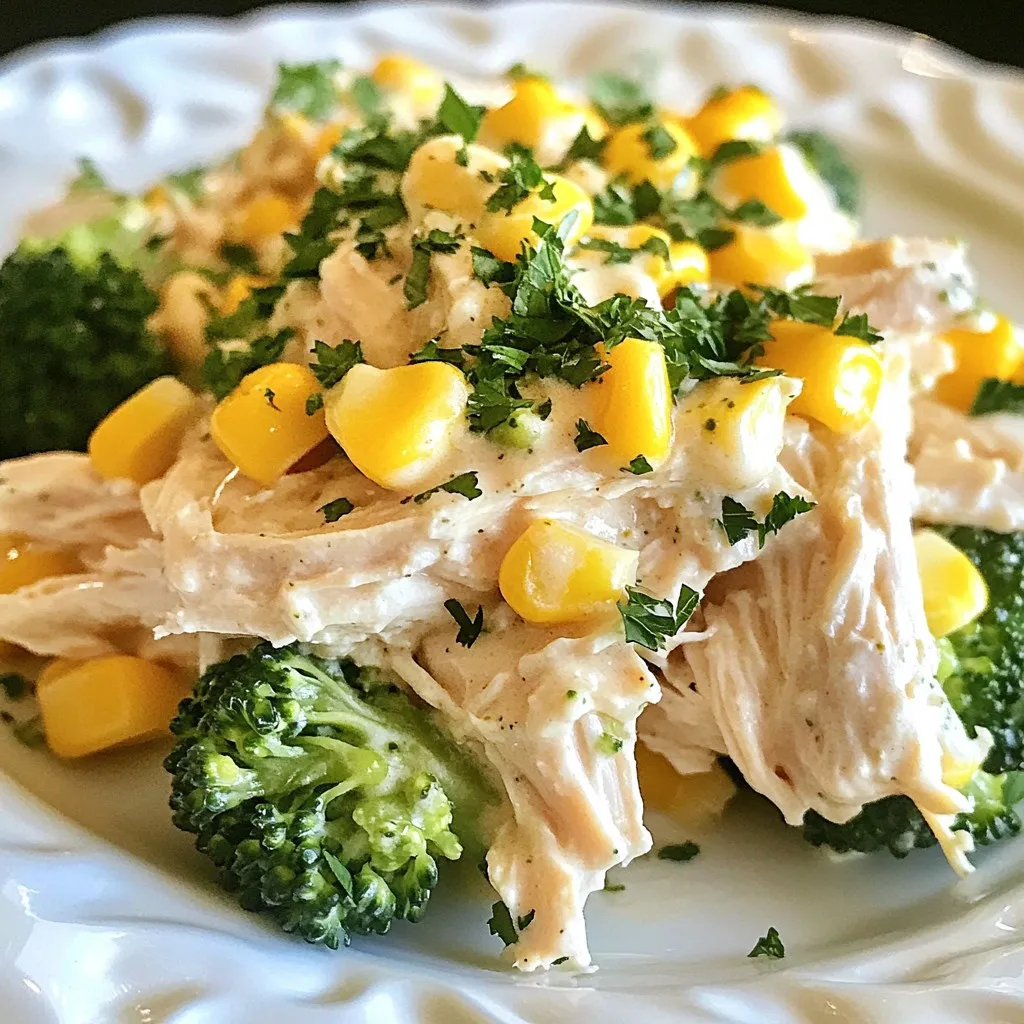 - 4 boneless, skinless chicken breasts - 1 packet ranch seasoning mix - 1 can cream of chicken soup - 1 cup chicken broth - 1 cup cream cheese - 1 cup frozen corn kernels - 1 cup chopped broccoli - Salt and black pepper to taste - Fresh parsley for garnish The main ingredients are simple but powerful. The chicken breasts form the base. The ranch seasoning mix adds a burst of flavor. Cream of chicken soup brings creaminess and richness to the dish. For the additional ingredients, chicken broth ensures the chicken stays moist. Cream cheese makes it super creamy and delicious. Frozen corn and chopped broccoli add color and nutrients. You can adjust salt and pepper for your taste. Finally, fresh parsley gives a nice touch on top! This dish is easy to make. You get great taste with just a few items. The ingredients work well together to create a warm meal. Enjoy cooking this delightful dish! {{ingredient_image_2}} Start by placing the four boneless, skinless chicken breasts flat at the bottom of your crockpot. Make sure they are arranged evenly. This helps the chicken cook uniformly. If they stack, some pieces may cook faster than others. In a mixing bowl, combine one packet of ranch seasoning mix, one can of cream of chicken soup, and one cup of chicken broth. Whisk these together until smooth. Once mixed, carefully pour this creamy blend over the chicken in the crockpot. This adds rich flavor and moisture. Next, take one cup of softened cream cheese. Scoop it in small dollops across the top of the mixture in the crockpot. This helps the cream cheese melt evenly. Then, layer one cup of frozen corn and one cup of chopped broccoli on top. Avoid stirring now to allow flavors to blend while cooking. Cover the crockpot with its lid. Choose your cooking setting. You can cook on low for 6-7 hours or on high for 3-4 hours. Check for doneness; the chicken should be tender and no longer pink inside. When cooking is done, use two forks to shred the chicken right in the crockpot. Mix everything together until creamy. This ensures all ingredients are well combined. Taste the dish and add salt and black pepper to your liking. To achieve the right creaminess, use softened cream cheese. This helps it melt smoothly into the sauce. Add it in small dollops over the chicken and other ingredients. This way, it blends well during cooking. For shredding chicken, let it cool a bit first. This makes it easier to handle. Use two forks to pull apart the chicken. Shred it right in the crockpot for less mess. Mix everything together so all flavors combine well. You can add extra spices to boost the flavor. Try garlic powder, onion powder, or paprika for a kick. Fresh herbs like thyme or dill also work great. You can adjust the richness by adding more chicken broth or less cream cheese. This change can make the dish lighter or creamier, depending on your taste. For this recipe, a 6-quart crockpot is best. It gives enough space for all the ingredients. A crockpot with a locking lid will help prevent spills during cooking. When preparing, use a large mixing bowl for the sauce. A whisk is great for mixing. Use measuring cups for accuracy. For serving, a large spoon or ladle is ideal. This way, you can scoop up all the creamy goodness easily. Pro Tips Use Fresh Ingredients: Whenever possible, opt for fresh broccoli and high-quality chicken for the best flavor and texture in your dish. Customize the Vegetables: Feel free to add or substitute other vegetables such as bell peppers or carrots to suit your taste. Adjust Creaminess: If you prefer a creamier texture, consider adding an extra dollop of cream cheese or even a splash of heavy cream before serving. Perfect Pairing: This dish pairs wonderfully with crusty bread or a fresh garden salad, adding a nice contrast to the creamy chicken. {{image_4}} You can switch up the chicken for other meats. Try using turkey or pork. You can also go for tofu if you want a plant-based option. For vegetables, you can use green beans or bell peppers. They add color and crunch. To make this dish gluten-free, choose a gluten-free ranch mix and cream soup. This way, everyone can enjoy it. If you want low-carb options, skip the corn. You can use cauliflower instead for a tasty twist. Get creative with seasonings! You can add garlic powder or onion powder for extra zest. If you're feeling bold, try different cream soups. Cream of mushroom or cream of celery can change the taste a lot. This keeps your meals exciting and fresh. To store leftovers, wait for the dish to cool. Then, transfer it to an airtight container. This helps keep it fresh for longer. Make sure to remove as much air as possible. You can use glass or plastic containers. Both are great for keeping your food safe. For reheating, use the microwave or the stove. If using a microwave, cover the dish to keep moisture. Heat in short bursts, stirring in between. This helps it warm evenly. On the stove, reheat over low heat while stirring often. Serve your leftovers over rice or potatoes for a quick meal. You can also add a fresh salad on the side. Enjoy the creamy goodness again! Cooking chicken in a crockpot is easy. If you set it on low, it takes 6 to 7 hours. On high, it cooks in 3 to 4 hours. Make sure the chicken is no longer pink inside for safe eating. It should be tender and juicy when done. Yes, you can use frozen chicken breasts. Just remember, if using frozen chicken, increase the cooking time. It will take about 1 to 2 hours longer on low. Always check if the chicken is fully cooked. The center should reach 165°F. This meal pairs well with many sides. You can serve it over fluffy rice or buttery mashed potatoes. Steamed vegetables or a fresh salad also work great. Try adding some bread for dipping in the creamy sauce too! You can prepare this dish ahead of time. Just layer all the ingredients in the crockpot and cover it. Store it in the fridge for up to 24 hours before cooking. When you're ready, just plug in the crockpot and let it cook. This blog post covered all you need for a tasty Crockpot Creamy Ranch Chicken. We explored ingredients, cooking steps, tips for success, and tasty variations. Remember, using fresh herbs or trying different veggies can change the dish. You can also store leftovers easily for later meals. Enjoy experimenting with this recipe to make it your own!