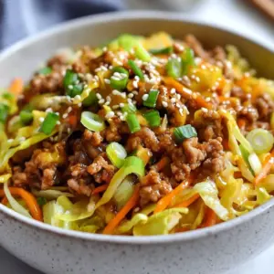 To make a tasty Low Carb Egg Roll in a Bowl, you need these ingredients: - 1 pound ground chicken or turkey - 4 cups coleslaw mix (shredded cabbage and carrots) - 3 green onions, thinly sliced - 2 cloves garlic, finely minced - 1 tablespoon fresh ginger, grated - 3 tablespoons soy sauce (or coconut aminos for less sodium) - 1 teaspoon sesame oil - 1 teaspoon rice vinegar - Salt and pepper, to taste - 1 tablespoon sesame seeds, for garnish These ingredients create a mix of flavors. The ground meat adds protein. The coleslaw mix gives crunch. Garlic and ginger enhance the taste, while soy sauce brings in umami. You can swap some ingredients if you like. Here are a few ideas: - Ground Chicken/Turkey: Use ground pork or beef if you prefer. - Coleslaw Mix: Shredded broccoli or spinach works well. - Soy Sauce: Try tamari for a gluten-free option. - Sesame Oil: Olive oil can replace it if needed. - Rice Vinegar: Apple cider vinegar is a great alternative. These swaps keep the dish flavorful while fitting your needs. This dish is low in carbs but high in protein. Here’s the breakdown per serving: - Calories: Around 300 - Protein: 30 grams - Carbohydrates: 10 grams - Fat: 15 grams This recipe serves four, making it a filling choice. It's perfect for anyone watching carbs but still wanting a hearty meal. Enjoy! {{ingredient_image_2}} Start by heating a large skillet over medium heat. Add 1 pound of ground chicken or turkey. Cook the meat for about 5 to 7 minutes. Stir it often to break it into small pieces. Make sure the meat is browned and fully cooked. If there is any fat left in the pan, carefully drain it off. This keeps your dish light and tasty. Once the meat is cooked, it's time to add flavor. Add 2 cloves of finely minced garlic and 1 tablespoon of freshly grated ginger to the skillet. Stir constantly for about 1 minute. You want both the garlic and ginger to smell great. Be careful not to burn them, as this can ruin the flavor. Now, add 4 cups of coleslaw mix and 3 thinly sliced green onions to the skillet. Pour in 3 tablespoons of soy sauce, 1 teaspoon of sesame oil, and 1 teaspoon of rice vinegar. These ingredients bring the dish together. Gently fold everything, cooking and stirring for about 5 to 7 minutes. You want the cabbage to be tender but still slightly crisp. This gives your dish a nice texture. After mixing, taste your dish. Add salt and pepper to your liking. If you want more flavor, a splash of soy sauce can help. Once you’re happy with the taste, remove the skillet from heat. Transfer the mixture to a large serving bowl or individual dishes. For a lovely crunch, sprinkle 1 tablespoon of sesame seeds on top. For a fun touch, you can serve with extra sliced green onions and a small bowl of soy sauce or sriracha on the side. Enjoy your Low Carb Egg Roll in a Bowl! To get the best texture, use a large skillet. This allows for even cooking. Cook the ground chicken or turkey until it's golden brown. This step adds flavor and keeps it juicy. Stir frequently to break up any clumps. Drain any excess fat after cooking to keep it light. For extra flavor, add more garlic and ginger. These aromatics bring warmth and depth. You can also add a splash of soy sauce toward the end. This intensifies the taste. Consider using coconut aminos for a lower sodium option. Don’t forget to season with salt and pepper to your liking. Serve in individual bowls for a nice touch. Top each bowl with sliced green onions and sesame seeds. This adds color and crunch. A small dish of soy sauce or sriracha on the side is great for those who want more flavor. This makes your dish look great and taste even better! Pro Tips Choose Lean Meat: Opt for lean ground chicken or turkey to keep the dish low in fat while still being packed with protein. Fresh Ingredients Matter: Use fresh garlic and ginger for the best flavor, as they enhance the overall aroma and taste of the dish. Customize Your Veggies: Feel free to add other vegetables like bell peppers or snap peas for extra crunch and nutrition. Make It Spicy: Add a splash of sriracha or red pepper flakes while cooking for a kick of heat that complements the flavors beautifully. {{image_4}} You can easily make this dish vegetarian or vegan. Replace the ground chicken or turkey with firm tofu or tempeh. Press the tofu to remove water. Crumble it before cooking for better texture. You can also use a veggie blend like mushrooms and bell peppers for more flavor. The coleslaw mix stays the same, adding great crunch and color. This recipe is flexible with protein. Use ground pork or beef if you prefer. Both add a rich taste. You can also try shrimp for a seafood twist. Cook shrimp until pink and tender. Each protein brings a unique flavor, so pick your favorite for this dish. You can change the flavor by adding new ingredients. Try adding water chestnuts for crunch. They give a nice texture. You can also toss in bell peppers or snap peas for color and taste. For a spicy kick, add red pepper flakes or sriracha. Experiment with different sauces, like teriyaki or hoisin, to switch things up. To keep your Low Carb Egg Roll in a Bowl fresh, store it in an airtight container. Make sure the bowl is cool before sealing. This helps prevent condensation. You can refrigerate it for up to four days. If you want to store it longer, freeze it. Use freezer-safe bags or containers. It can last for about three months in the freezer. When reheating, the best way is to use the stovetop. Place the leftovers in a skillet over medium heat. Stir often to heat evenly. This way, the cabbage stays crisp. If using a microwave, cover the bowl loosely. Heat in short intervals, stirring in between. This helps avoid sogginess. This dish is great for meal prep! You can make a big batch ahead of time. Divide it into single servings for easy lunches. Pair it with cauliflower rice or a side of veggies. If you have leftovers, feel free to add extra soy sauce or sesame oil for flavor. You can also mix in additional protein, like shrimp or tofu, to keep it exciting! Yes, you can make this dish ahead of time. Cook the egg roll in a bowl, then let it cool. Store it in an airtight container in the fridge for up to three days. When you're ready to eat, just heat it up in a skillet over medium heat. You may want to add a splash of soy sauce to refresh the flavors. To add heat, mix in some sriracha or chili paste. You can also add sliced jalapeños or crushed red pepper flakes. Start with a small amount, then taste and adjust. This way, you control the spice level to suit your taste. This dish is great on its own, but you can serve it with a side of steamed broccoli or cauliflower rice for extra veggies. If you like crunch, try serving it with crispy wonton chips or a fresh salad. For a refreshing drink, iced tea or sparkling water pairs well. This blog post covered a wide range of topics. I provided a detailed ingredient list and substitutions for flexibility. You learned how to cook the meat, add flavor, and mix in veggies. Tips and tricks helped improve texture and flavor. I shared variations for different diets, along with storage advice for leftovers. Remember, cooking is about experimenting and having fun. Use these guidelines to make the dish your own. Enjoy your meal and happy cooking!
