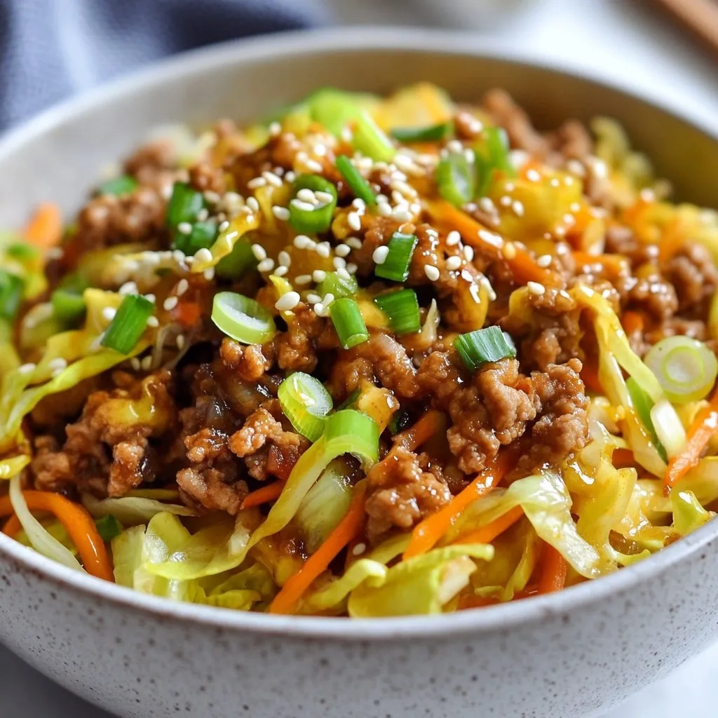 To make a tasty Low Carb Egg Roll in a Bowl, you need these ingredients: - 1 pound ground chicken or turkey - 4 cups coleslaw mix (shredded cabbage and carrots) - 3 green onions, thinly sliced - 2 cloves garlic, finely minced - 1 tablespoon fresh ginger, grated - 3 tablespoons soy sauce (or coconut aminos for less sodium) - 1 teaspoon sesame oil - 1 teaspoon rice vinegar - Salt and pepper, to taste - 1 tablespoon sesame seeds, for garnish These ingredients create a mix of flavors. The ground meat adds protein. The coleslaw mix gives crunch. Garlic and ginger enhance the taste, while soy sauce brings in umami. You can swap some ingredients if you like. Here are a few ideas: - Ground Chicken/Turkey: Use ground pork or beef if you prefer. - Coleslaw Mix: Shredded broccoli or spinach works well. - Soy Sauce: Try tamari for a gluten-free option. - Sesame Oil: Olive oil can replace it if needed. - Rice Vinegar: Apple cider vinegar is a great alternative. These swaps keep the dish flavorful while fitting your needs. This dish is low in carbs but high in protein. Here’s the breakdown per serving: - Calories: Around 300 - Protein: 30 grams - Carbohydrates: 10 grams - Fat: 15 grams This recipe serves four, making it a filling choice. It's perfect for anyone watching carbs but still wanting a hearty meal. Enjoy! {{ingredient_image_2}} Start by heating a large skillet over medium heat. Add 1 pound of ground chicken or turkey. Cook the meat for about 5 to 7 minutes. Stir it often to break it into small pieces. Make sure the meat is browned and fully cooked. If there is any fat left in the pan, carefully drain it off. This keeps your dish light and tasty. Once the meat is cooked, it's time to add flavor. Add 2 cloves of finely minced garlic and 1 tablespoon of freshly grated ginger to the skillet. Stir constantly for about 1 minute. You want both the garlic and ginger to smell great. Be careful not to burn them, as this can ruin the flavor. Now, add 4 cups of coleslaw mix and 3 thinly sliced green onions to the skillet. Pour in 3 tablespoons of soy sauce, 1 teaspoon of sesame oil, and 1 teaspoon of rice vinegar. These ingredients bring the dish together. Gently fold everything, cooking and stirring for about 5 to 7 minutes. You want the cabbage to be tender but still slightly crisp. This gives your dish a nice texture. After mixing, taste your dish. Add salt and pepper to your liking. If you want more flavor, a splash of soy sauce can help. Once you’re happy with the taste, remove the skillet from heat. Transfer the mixture to a large serving bowl or individual dishes. For a lovely crunch, sprinkle 1 tablespoon of sesame seeds on top. For a fun touch, you can serve with extra sliced green onions and a small bowl of soy sauce or sriracha on the side. Enjoy your Low Carb Egg Roll in a Bowl! To get the best texture, use a large skillet. This allows for even cooking. Cook the ground chicken or turkey until it's golden brown. This step adds flavor and keeps it juicy. Stir frequently to break up any clumps. Drain any excess fat after cooking to keep it light. For extra flavor, add more garlic and ginger. These aromatics bring warmth and depth. You can also add a splash of soy sauce toward the end. This intensifies the taste. Consider using coconut aminos for a lower sodium option. Don’t forget to season with salt and pepper to your liking. Serve in individual bowls for a nice touch. Top each bowl with sliced green onions and sesame seeds. This adds color and crunch. A small dish of soy sauce or sriracha on the side is great for those who want more flavor. This makes your dish look great and taste even better! Pro Tips Choose Lean Meat: Opt for lean ground chicken or turkey to keep the dish low in fat while still being packed with protein. Fresh Ingredients Matter: Use fresh garlic and ginger for the best flavor, as they enhance the overall aroma and taste of the dish. Customize Your Veggies: Feel free to add other vegetables like bell peppers or snap peas for extra crunch and nutrition. Make It Spicy: Add a splash of sriracha or red pepper flakes while cooking for a kick of heat that complements the flavors beautifully. {{image_4}} You can easily make this dish vegetarian or vegan. Replace the ground chicken or turkey with firm tofu or tempeh. Press the tofu to remove water. Crumble it before cooking for better texture. You can also use a veggie blend like mushrooms and bell peppers for more flavor. The coleslaw mix stays the same, adding great crunch and color. This recipe is flexible with protein. Use ground pork or beef if you prefer. Both add a rich taste. You can also try shrimp for a seafood twist. Cook shrimp until pink and tender. Each protein brings a unique flavor, so pick your favorite for this dish. You can change the flavor by adding new ingredients. Try adding water chestnuts for crunch. They give a nice texture. You can also toss in bell peppers or snap peas for color and taste. For a spicy kick, add red pepper flakes or sriracha. Experiment with different sauces, like teriyaki or hoisin, to switch things up. To keep your Low Carb Egg Roll in a Bowl fresh, store it in an airtight container. Make sure the bowl is cool before sealing. This helps prevent condensation. You can refrigerate it for up to four days. If you want to store it longer, freeze it. Use freezer-safe bags or containers. It can last for about three months in the freezer. When reheating, the best way is to use the stovetop. Place the leftovers in a skillet over medium heat. Stir often to heat evenly. This way, the cabbage stays crisp. If using a microwave, cover the bowl loosely. Heat in short intervals, stirring in between. This helps avoid sogginess. This dish is great for meal prep! You can make a big batch ahead of time. Divide it into single servings for easy lunches. Pair it with cauliflower rice or a side of veggies. If you have leftovers, feel free to add extra soy sauce or sesame oil for flavor. You can also mix in additional protein, like shrimp or tofu, to keep it exciting! Yes, you can make this dish ahead of time. Cook the egg roll in a bowl, then let it cool. Store it in an airtight container in the fridge for up to three days. When you're ready to eat, just heat it up in a skillet over medium heat. You may want to add a splash of soy sauce to refresh the flavors. To add heat, mix in some sriracha or chili paste. You can also add sliced jalapeños or crushed red pepper flakes. Start with a small amount, then taste and adjust. This way, you control the spice level to suit your taste. This dish is great on its own, but you can serve it with a side of steamed broccoli or cauliflower rice for extra veggies. If you like crunch, try serving it with crispy wonton chips or a fresh salad. For a refreshing drink, iced tea or sparkling water pairs well. This blog post covered a wide range of topics. I provided a detailed ingredient list and substitutions for flexibility. You learned how to cook the meat, add flavor, and mix in veggies. Tips and tricks helped improve texture and flavor. I shared variations for different diets, along with storage advice for leftovers. Remember, cooking is about experimenting and having fun. Use these guidelines to make the dish your own. Enjoy your meal and happy cooking!