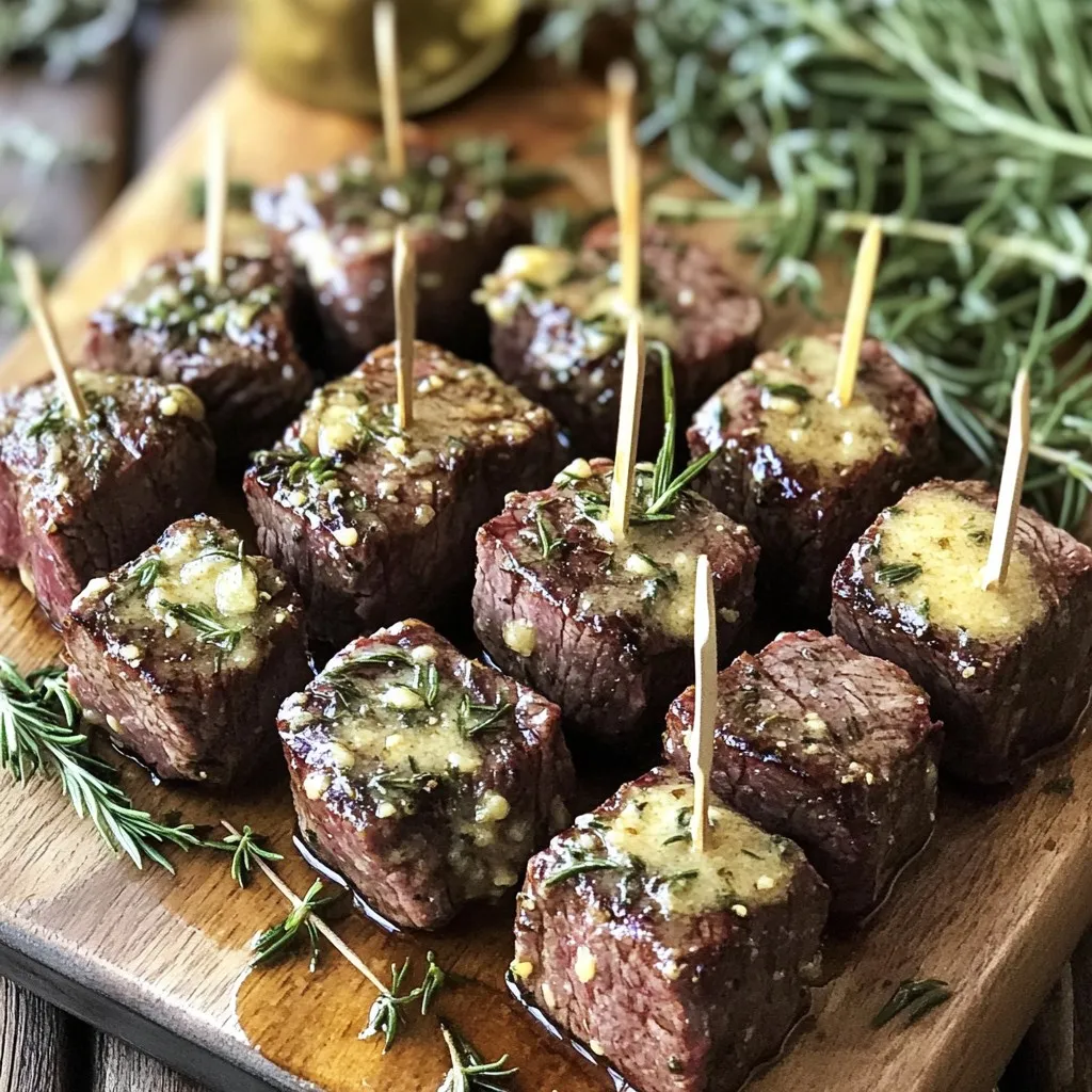 - 1 lb sirloin steak, cut into 1-inch cubes - 3 tablespoons unsalted butter, melted - 4 cloves garlic, finely minced - 1 teaspoon fresh rosemary, finely chopped - 1 teaspoon fresh thyme, finely chopped - Salt and freshly cracked black pepper, to taste - 2 tablespoons olive oil - 1 tablespoon Worcestershire sauce To make Air Fryer Garlic Butter Steak Bites, you need fresh and quality ingredients. First, I use sirloin steak. Cut it into 1-inch cubes for even cooking. The steak provides a nice flavor and tenderness. Next, I add unsalted butter. Melt it and mix in minced garlic. This combo gives a rich and savory taste. Fresh herbs like rosemary and thyme add depth. I chop them finely for better flavor release. Seasoning is key! I use salt and cracked black pepper. Adjust to your taste. I also add Worcestershire sauce for a unique kick. It brings everything together and enhances the meat's flavor. Lastly, I add olive oil. It helps keep the steak bites from sticking in the air fryer. With these ingredients, you are ready to create a tasty and quick meal! Start by melting 3 tablespoons of unsalted butter in a bowl. Add 4 finely minced cloves of garlic. Next, mix in 1 teaspoon of finely chopped fresh rosemary and 1 teaspoon of finely chopped fresh thyme. Stir everything well. You want a fragrant blend that's rich and flavorful. This garlic butter will coat your steak bites perfectly. Take 1 pound of sirloin steak, cut into 1-inch cubes. Add the steak to the bowl with garlic butter. Season with salt and freshly cracked black pepper to taste. Pour in 1 tablespoon of Worcestershire sauce. Gently toss the steak until each piece is fully coated in the garlic butter mixture. Let it sit for a few minutes to soak up the flavors. Preheat your air fryer to 400°F (200°C) for about 5 minutes. This step ensures even cooking. While it heats, lightly spray or brush the air fryer basket with 2 tablespoons of olive oil. This helps prevent sticking. Place the marinated steak bites in a single layer in the basket. Do not overcrowd them; this allows hot air to circulate freely. Air fry the steak bites for 8-10 minutes, shaking the basket halfway through. This promotes even browning. Aim for medium-rare to medium doneness. After cooking, let them rest for a few minutes. Drizzle any leftover garlic butter over the steak bites before serving. Enjoy the tender, flavorful bites! To get the best flavor, aim for medium-rare to medium doneness. This gives you juicy, tender bites. Cook the steak bites for about 8-10 minutes in the air fryer. Check them halfway through to see how they’re doing. If you like your steak more done, add a minute or two. Using a meat thermometer can help. Aim for around 130°F (54°C) for medium-rare and 140°F (60°C) for medium. To keep your steak bites from sticking, use olive oil. Lightly spray or brush the air fryer basket with it before adding the meat. You can also use parchment paper that’s safe for air fryers. This makes cleanup easier and keeps your bites intact. Resting the steak bites is key for amazing flavor. After cooking, let them sit for about 5 minutes. This time allows the juices to spread throughout the meat, making each bite more tasty. If you skip this step, the juices might run out when you cut into them. Enjoy the full flavor by taking this simple step! {{image_4}} You can change the herbs for fun flavors. Try using fresh parsley or basil. These herbs add a light taste that pairs well with steak. You could also use oregano for a Mediterranean twist. For a bolder flavor, add some dill. Each herb brings a new taste to the dish. Experiment with your favorites and see what you like best! If you enjoy spicy food, add red pepper flakes. Just a pinch can make a big difference. Mix them into the garlic butter for warmth. You can also try cayenne pepper for a stronger kick. This extra heat will balance well with the rich butter and garlic. Adjust the amount to suit your taste. Serve your steak bites with tasty sides. Crispy roasted veggies or a fresh salad work great. You can also pair them with mashed potatoes for comfort. For dipping, try a creamy garlic sauce or a spicy aioli. Using toothpicks makes these bites easy to share. Presentation matters, so garnish with herbs for a nice touch! To keep your steak bites fresh, store them in an airtight container. This helps prevent moisture loss and keeps them tasty. Place the container in your fridge. They will stay good for about 3 days. If you want to keep them longer, consider freezing. To reheat your steak bites, use the air fryer for the best results. Preheat the air fryer to 350°F (175°C). Place the steak bites in the basket and heat for about 5 minutes. This keeps them juicy and warm. You can also use a microwave, but they may lose some crispness. Yes, you can freeze steak bites! After cooking, let them cool completely. Then, place them in a freezer-safe bag. Squeeze out the air and seal it tightly. They can last up to 3 months in the freezer. When ready to eat, thaw them overnight in the fridge and reheat as mentioned above. To make steak bites tender, start with the right cut of meat. Sirloin is a great choice. Look for cuts with some marbling, as the fat helps keep the meat juicy. Trim any extra fat, but don’t remove all of it. Before cooking, let your steak come to room temperature. This helps it cook evenly. You can also marinate the steak. In this recipe, the garlic butter mixture adds flavor and moisture, making the bites tender. When cooking, avoid overcooking. Aim for medium-rare or medium. Use a meat thermometer for the best results. Let the steak rest after cooking. This step keeps the juices inside, making each bite more flavorful. Yes, you can use other cuts for this recipe. Ribeye, tenderloin, or flank steak are good options. - Ribeye: Rich flavor and fat, cook for 8-10 minutes. - Tenderloin: Very tender, cook for 6-8 minutes. - Flank Steak: Lean and flavorful, cook for 10-12 minutes. Adjust cooking times based on the cut and thickness of the pieces. Always check for doneness with a meat thermometer. To get the best results when air frying steak, follow these tips: - Preheat your air fryer. This ensures even cooking. - Don’t overcrowd the basket. Give the steak space for proper air flow. - Shake the basket halfway. This promotes even browning. - Use a meat thermometer. Check for your desired doneness. - Experiment with time. Adjust based on the thickness of your steak. If your steak bites stick, try using more olive oil on the basket. Always let the steak rest after cooking for the best flavor. This blog post covered how to cook delicious steak bites in an air fryer. You learned about the main ingredients, including sirloin steak, butter, and garlic. The step-by-step guide helped you prepare, marinate, and cook the steak bites to perfection. We also discussed tips to prevent sticking and variations to suit your taste. Finally, you found valuable storage and reheating advice. With these tips, you can enjoy flavorful steak bites anytime. Happy cooking!