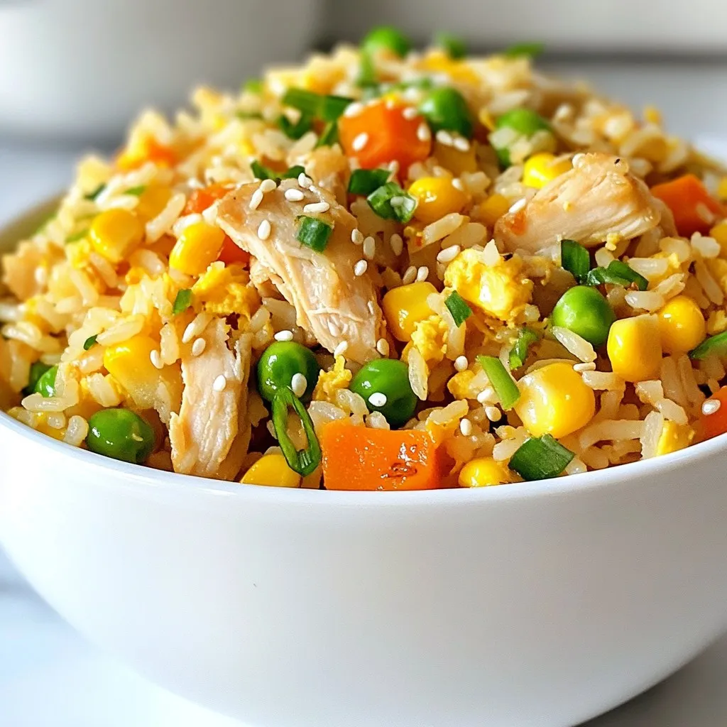 - 2 cups cooked white rice - 1 cup shredded chicken - 1 cup mixed vegetables - 2 tablespoons soy sauce - 1 tablespoon sesame oil - 2 green onions - 2 large eggs - Salt and black pepper - Toasted sesame seeds Gathering the right ingredients is key for your Minute Chicken Fried Rice. Start with cooked white rice. It’s best if you use rice that has been in the fridge overnight. This gives it the right texture. Next, grab shredded chicken. You can make this at home or use rotisserie chicken for speed. Mixed vegetables like peas, carrots, and corn add color and nutrition. You’ll need soy sauce for flavor and sesame oil for that nutty taste. Don’t forget green onions. They add freshness when you sprinkle them on top. Eggs are a must for richness. Lastly, use salt and black pepper to taste. If you want to add a crunchy touch, toasted sesame seeds work great as a garnish. With these ingredients, you're all set to make a tasty meal! {{ingredient_image_2}} - Heat the sesame oil in a large skillet over medium-high heat. Wait until it shimmers. - Add minced garlic to the hot oil. Sauté for about 30 seconds, until it smells great. Be careful not to let it burn. - Toss in the mixed vegetables. Stir-fry them for 2-3 minutes. They should soften and brighten in color. - Push the vegetables to one side of the skillet. Create a clear space. - Pour the beaten eggs into the empty space. Scramble them gently until they are set. Mix the eggs with the vegetables. - Add the cooked rice and shredded chicken to the skillet. Stir well to combine. - Drizzle soy sauce over the mixture. Stir again to make sure everything is mixed and heated through. - Season with salt and freshly ground black pepper to taste. - Fold in the chopped green onions right before serving. This adds a fresh flavor. - If you like, sprinkle toasted sesame seeds on top for extra crunch and a nice look. - Rice texture recommendations: Use cold, cooked white rice for the best texture. Refrigerate it overnight for firmer grains. Freshly cooked rice can be too sticky and mushy. - Chicken options for convenience: Shredded rotisserie chicken is a great choice. It saves time and adds rich flavor. You can also use leftover chicken from previous meals. - Stir-fry speed tips: Keep your heat high and your ingredients moving. This helps to cook them quickly and evenly. Don’t overcrowd the skillet; work in batches if needed. - Achieving great flavor balance: Use soy sauce to season the rice, but start with less. You can always add more later. Sesame oil adds a nutty taste, making the dish more fragrant. - Bowl serving suggestions: Serve the fried rice in deep bowls. This makes it easy to mix and enjoy. It also creates a nice visual appeal. - Garnishing tips for visual appeal: Top your dish with extra chopped green onions. Sprinkle some sesame seeds for a crunchy texture. A colorful dish draws people in and makes it more enticing. Pro Tips Use Day-Old Rice: Refrigerated rice dries out and firms up, making it ideal for stir-frying without clumping. Customize Your Veggies: Feel free to add any leftover vegetables you have on hand to reduce waste and enhance flavor. Control the Heat: Adjust the heat to medium-high to avoid burning the garlic, which can turn bitter quickly. Garnish for Freshness: Adding fresh herbs or extra green onions right before serving elevates the dish with fresh flavors. {{image_4}} You can swap out mixed vegetables based on what you have. Try broccoli, bell peppers, or snap peas. These veggies add crunch and color. If you want protein but don’t have chicken, consider using tofu or shrimp. Both options bring unique flavors and textures to your dish. To boost flavor, add minced garlic or ginger when you sauté the vegetables. This step adds a nice kick and aroma. You can also mix in different sauces. For a tangy taste, try adding some hoisin sauce. If you love spice, a dash of sriracha will wake up your taste buds. For a vegetarian version, simply replace chicken with tofu and use vegetable broth instead of chicken stock. To make it gluten-free, use tamari instead of soy sauce. This allows everyone to enjoy this tasty dish. These options keep the meal delicious while catering to dietary needs. To store leftovers, first let the chicken fried rice cool down. Place it in an airtight container. This keeps it fresh for up to four days in the fridge. When you want to eat it again, check for any signs of spoilage before reheating. You can freeze chicken fried rice for up to three months. Use a freezer-safe container or bag for best results. Make sure to remove as much air as you can. Label your container with the date. When you are ready to eat, thaw it in the fridge overnight. The best way to reheat chicken fried rice is in a skillet. Heat it over medium heat. Add a splash of water or soy sauce to keep it moist. Stir often until it is hot. You can also use a microwave. Cover the bowl with a damp paper towel. This helps keep the rice from drying out. Heat in short bursts, stirring in between. Chicken Fried Rice lasts about 3 to 4 days in the fridge. Store it in an airtight container to keep it fresh. If you want to keep it longer, consider freezing it. Freezing can extend its life to about 2 to 3 months. When you reheat, make sure it’s hot all the way through to kill any bacteria. You should not use uncooked rice directly in Chicken Fried Rice. The rice needs to be pre-cooked so it’s soft and fluffy. Use leftover rice or cook rice ahead of time. Refrigerating the rice overnight helps it dry out a bit. This makes it perfect for stir-frying. You can serve Chicken Fried Rice with a variety of side dishes. Some great options are egg rolls, spring rolls, or dumplings. A fresh salad or steamed broccoli can also add some crunch. Consider serving it with a sweet and sour sauce for dipping. This adds extra flavor and fun to your meal. Yes, Chicken Fried Rice is a fantastic meal prep option. It’s quick to make and easy to store. You can divide it into portions and keep it in the fridge. This makes it simple to grab and go during busy days. Just reheat it in the microwave or on the stove when you’re ready to eat. In this article, we covered how to make delicious Chicken Fried Rice from start to finish. You learned about essential ingredients, step-by-step cooking instructions, and helpful tips. I also shared variations and storage methods to make the dish fit your needs. Chicken Fried Rice is not just tasty; it's easy to customize and perfect for meal prep. Enjoy making it, and feel free to experiment with flavors! This dish is a great way to use leftovers and enjoy a quick meal.