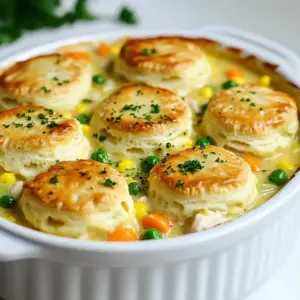 For a great chicken pot pie casserole, use these key ingredients: - 2 cups cooked chicken, shredded - 1 cup carrots, diced (fresh or frozen) - 1 cup peas (fresh or frozen) - 1 cup corn kernels (fresh or frozen) - 1 cup celery, diced - 1 medium onion, finely chopped - 4 cups chicken broth (homemade or low-sodium) - 1 cup heavy cream These ingredients bring together the classic flavors of comfort food. The chicken offers protein, while the vegetables provide texture and color. Chicken broth and heavy cream create a rich and creamy base. To enhance the flavor, use these seasonings: - 1 teaspoon garlic powder - 1 teaspoon onion powder - 1 teaspoon dried thyme - 1 teaspoon salt - ½ teaspoon black pepper These spices give depth to the dish. Garlic and onion powder add savory notes, while thyme brings a hint of earthiness. Salt and pepper balance the flavors. You also need ¼ cup all-purpose flour. This helps thicken the sauce. It creates a nice, creamy texture that holds everything together. For the topping, you can choose between store-bought or homemade biscuits. Store-bought biscuits save time, while homemade ones can add a personal touch. You might also try different biscuit types, like cheddar or herb varieties. These options can elevate the casserole, giving it a unique twist. Whichever choice you make, the biscuit topping will turn golden and flaky as it bakes, creating a beautiful contrast to the creamy filling below. {{ingredient_image_2}} 1. Preheat the oven: Start by setting your oven to 400°F (200°C). This helps the casserole cook evenly. 2. Sauté the vegetables: In a large pot, melt 2 tablespoons of unsalted butter over medium heat. Add 1 medium onion, finely chopped, along with 1 cup of diced celery and 1 cup of diced carrots. Sauté these for about 5-7 minutes. You want the onions to turn soft and clear. 1. Add peas and corn: Stir in 1 cup of peas and 1 cup of corn. Cook this mix for about 2 minutes. You just want to warm them through. 2. Thicken the sauce: Sprinkle ¼ cup of all-purpose flour over the veggies. Stir well for 1-2 minutes to cook out the raw flour taste. This makes your filling nice and thick. 1. Combine chicken with sauce: Slowly pour in 4 cups of chicken broth while you stir to avoid lumps. Bring this to a gentle simmer. Next, add 1 cup of heavy cream and season with 1 teaspoon of garlic powder, 1 teaspoon of onion powder, 1 teaspoon of dried thyme, 1 teaspoon of salt, and ½ teaspoon of black pepper. Stir until thickened, about 5 minutes. Gently fold in 2 cups of shredded cooked chicken. 2. Transfer to casserole dish: Carefully pour this creamy mix into a greased 9x13 inch casserole dish. Spread it out evenly. 3. Add biscuit topping and bake: Tear 2 cups of biscuits into quarters and scatter them on top of the filling. Bake the casserole for 25-30 minutes until the biscuits are golden brown and the filling is bubbling hot. To sauté vegetables well, start with a hot pan. Melt butter until it bubbles. Add onions, celery, and carrots. Cook for 5-7 minutes. Stir often until the onions turn clear and soft. This helps bring out the sweet taste of the veggies. To thicken your filling, sprinkle flour over the cooked vegetables. Stir for 1-2 minutes to get rid of the raw flour taste. Then, add chicken broth slowly while stirring. This keeps lumps from forming. Let it simmer until thick. You can boost flavors with herbs and spices. Dried thyme adds a lovely earthy taste. Garlic and onion powders also bring depth. Feel free to add fresh herbs like parsley or rosemary for more flavor. For a heartier dish, toss in extra veggies like mushrooms or potatoes. You can also add a splash of white wine for a richer taste. This adds complexity and warmth to your casserole. Serve your casserole straight from the dish for a cozy feel. For a pop of color, sprinkle fresh parsley on top. It makes the dish look bright and inviting. Pair it with a crisp side salad to balance the richness of the casserole. Enjoy the mix of flavors and textures! Pro Tips Use Rotisserie Chicken: For added convenience and flavor, consider using store-bought rotisserie chicken. It saves time and enhances the dish's taste. Customize Your Veggies: Feel free to swap in your favorite vegetables, like green beans or mushrooms, to tailor the casserole to your taste. Make-Ahead Option: Prepare the filling in advance and store it in the fridge. Just add the biscuit topping and bake when you're ready to serve. Check Biscuit Doneness: If the biscuits are browning too quickly, cover the casserole loosely with foil to prevent burning while ensuring the filling cooks through. {{image_4}} You can make this chicken pot pie casserole even better with some easy swaps. To cut down on fat, try using low-fat cream instead of heavy cream. This change keeps the dish creamy but makes it lighter. If you need a gluten-free option, look for gluten-free biscuits at the store. They work just as well on top of the casserole. You can also make homemade gluten-free biscuits using almond flour or coconut flour. Using rotisserie chicken is a great shortcut. It saves time and adds flavor to your dish. Just shred the chicken and mix it in with the veggies. For a vegetarian twist, leave out the chicken and add more veggies. You can use mushrooms, lentils, or chickpeas. These options add protein and keep the dish hearty. Want to spice things up? Add herbs like rosemary or basil for a fresh taste. You can also use different vegetables, such as bell peppers or green beans. If you like heat, toss in some jalapeños or a few drops of hot sauce. This adds a kick to the creamy filling and makes each bite exciting. Store any leftover chicken pot pie casserole in an airtight container. Make sure it cools down to room temperature first. This helps keep the flavors fresh and prevents sogginess. Glass or plastic containers work great for this. They seal tightly and make reheating easy. To freeze the casserole, let it cool completely. Then, wrap it tightly in plastic wrap and foil. This prevents freezer burn. You can also use a freezer-safe container. When you want to eat it, thaw it in the fridge overnight. Reheat it in the oven at 350°F until hot. Cover it with foil to avoid burning the biscuits. In the fridge, the casserole lasts about 3 to 4 days. If you freeze it, it can last up to 3 months. Always check for signs of spoilage. If it smells off or has mold, it's best to throw it away. Make sure to keep track of how long it’s been stored to enjoy it at its best! Can I make this dish ahead of time? Yes, you can make this casserole ahead of time. Prepare the filling and layer it in the casserole dish. Cover it tightly and store it in the fridge. When you are ready to bake, just add the biscuit topping and bake it. It makes meal prep easy! How can I make it dairy-free? To make this dish dairy-free, swap the heavy cream for coconut milk or a dairy-free cream. Use dairy-free biscuits as your topping. This way, you keep all the tasty flavors without the dairy. What if my filling isn’t thickening? If your filling isn’t thickening, simmer it longer. This allows the flour to cook and thicken the sauce. If needed, you can mix a bit more flour with water to create a slurry. Stir this in slowly until you reach the right thickness. How to avoid soggy biscuit topping? To avoid a soggy biscuit topping, don’t add the biscuits until just before baking. Make sure your filling is hot when you add the biscuits. This helps them cook evenly and stay fluffy on top. What sides pair well with chicken pot pie casserole? Serve this casserole with a fresh side salad or steamed veggies. A light coleslaw also works well. These sides add crunch and balance to the warm, creamy casserole. Can I use leftover turkey? Absolutely! Leftover turkey is a great substitute for chicken. Just shred it up and mix it with your filling. It’s a perfect way to use up holiday leftovers while still enjoying a comforting meal. This blog post covers everything you need to create a delicious chicken pot pie casserole. We discussed key ingredients, cooking steps, and helpful tips to enhance flavor. You learned how to store leftovers and even discovered variations to suit your tastes. In conclusion, with the right ingredients and techniques, you can make this comforting dish your own. Whether it's for a family dinner or meal prep, enjoy this delicious creation that warms hearts and bellies alike.