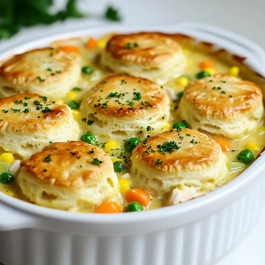 For a great chicken pot pie casserole, use these key ingredients: - 2 cups cooked chicken, shredded - 1 cup carrots, diced (fresh or frozen) - 1 cup peas (fresh or frozen) - 1 cup corn kernels (fresh or frozen) - 1 cup celery, diced - 1 medium onion, finely chopped - 4 cups chicken broth (homemade or low-sodium) - 1 cup heavy cream These ingredients bring together the classic flavors of comfort food. The chicken offers protein, while the vegetables provide texture and color. Chicken broth and heavy cream create a rich and creamy base. To enhance the flavor, use these seasonings: - 1 teaspoon garlic powder - 1 teaspoon onion powder - 1 teaspoon dried thyme - 1 teaspoon salt - ½ teaspoon black pepper These spices give depth to the dish. Garlic and onion powder add savory notes, while thyme brings a hint of earthiness. Salt and pepper balance the flavors. You also need ¼ cup all-purpose flour. This helps thicken the sauce. It creates a nice, creamy texture that holds everything together. For the topping, you can choose between store-bought or homemade biscuits. Store-bought biscuits save time, while homemade ones can add a personal touch. You might also try different biscuit types, like cheddar or herb varieties. These options can elevate the casserole, giving it a unique twist. Whichever choice you make, the biscuit topping will turn golden and flaky as it bakes, creating a beautiful contrast to the creamy filling below. {{ingredient_image_2}} 1. Preheat the oven: Start by setting your oven to 400°F (200°C). This helps the casserole cook evenly. 2. Sauté the vegetables: In a large pot, melt 2 tablespoons of unsalted butter over medium heat. Add 1 medium onion, finely chopped, along with 1 cup of diced celery and 1 cup of diced carrots. Sauté these for about 5-7 minutes. You want the onions to turn soft and clear. 1. Add peas and corn: Stir in 1 cup of peas and 1 cup of corn. Cook this mix for about 2 minutes. You just want to warm them through. 2. Thicken the sauce: Sprinkle ¼ cup of all-purpose flour over the veggies. Stir well for 1-2 minutes to cook out the raw flour taste. This makes your filling nice and thick. 1. Combine chicken with sauce: Slowly pour in 4 cups of chicken broth while you stir to avoid lumps. Bring this to a gentle simmer. Next, add 1 cup of heavy cream and season with 1 teaspoon of garlic powder, 1 teaspoon of onion powder, 1 teaspoon of dried thyme, 1 teaspoon of salt, and ½ teaspoon of black pepper. Stir until thickened, about 5 minutes. Gently fold in 2 cups of shredded cooked chicken. 2. Transfer to casserole dish: Carefully pour this creamy mix into a greased 9x13 inch casserole dish. Spread it out evenly. 3. Add biscuit topping and bake: Tear 2 cups of biscuits into quarters and scatter them on top of the filling. Bake the casserole for 25-30 minutes until the biscuits are golden brown and the filling is bubbling hot. To sauté vegetables well, start with a hot pan. Melt butter until it bubbles. Add onions, celery, and carrots. Cook for 5-7 minutes. Stir often until the onions turn clear and soft. This helps bring out the sweet taste of the veggies. To thicken your filling, sprinkle flour over the cooked vegetables. Stir for 1-2 minutes to get rid of the raw flour taste. Then, add chicken broth slowly while stirring. This keeps lumps from forming. Let it simmer until thick. You can boost flavors with herbs and spices. Dried thyme adds a lovely earthy taste. Garlic and onion powders also bring depth. Feel free to add fresh herbs like parsley or rosemary for more flavor. For a heartier dish, toss in extra veggies like mushrooms or potatoes. You can also add a splash of white wine for a richer taste. This adds complexity and warmth to your casserole. Serve your casserole straight from the dish for a cozy feel. For a pop of color, sprinkle fresh parsley on top. It makes the dish look bright and inviting. Pair it with a crisp side salad to balance the richness of the casserole. Enjoy the mix of flavors and textures! Pro Tips Use Rotisserie Chicken: For added convenience and flavor, consider using store-bought rotisserie chicken. It saves time and enhances the dish's taste. Customize Your Veggies: Feel free to swap in your favorite vegetables, like green beans or mushrooms, to tailor the casserole to your taste. Make-Ahead Option: Prepare the filling in advance and store it in the fridge. Just add the biscuit topping and bake when you're ready to serve. Check Biscuit Doneness: If the biscuits are browning too quickly, cover the casserole loosely with foil to prevent burning while ensuring the filling cooks through. {{image_4}} You can make this chicken pot pie casserole even better with some easy swaps. To cut down on fat, try using low-fat cream instead of heavy cream. This change keeps the dish creamy but makes it lighter. If you need a gluten-free option, look for gluten-free biscuits at the store. They work just as well on top of the casserole. You can also make homemade gluten-free biscuits using almond flour or coconut flour. Using rotisserie chicken is a great shortcut. It saves time and adds flavor to your dish. Just shred the chicken and mix it in with the veggies. For a vegetarian twist, leave out the chicken and add more veggies. You can use mushrooms, lentils, or chickpeas. These options add protein and keep the dish hearty. Want to spice things up? Add herbs like rosemary or basil for a fresh taste. You can also use different vegetables, such as bell peppers or green beans. If you like heat, toss in some jalapeños or a few drops of hot sauce. This adds a kick to the creamy filling and makes each bite exciting. Store any leftover chicken pot pie casserole in an airtight container. Make sure it cools down to room temperature first. This helps keep the flavors fresh and prevents sogginess. Glass or plastic containers work great for this. They seal tightly and make reheating easy. To freeze the casserole, let it cool completely. Then, wrap it tightly in plastic wrap and foil. This prevents freezer burn. You can also use a freezer-safe container. When you want to eat it, thaw it in the fridge overnight. Reheat it in the oven at 350°F until hot. Cover it with foil to avoid burning the biscuits. In the fridge, the casserole lasts about 3 to 4 days. If you freeze it, it can last up to 3 months. Always check for signs of spoilage. If it smells off or has mold, it's best to throw it away. Make sure to keep track of how long it’s been stored to enjoy it at its best! Can I make this dish ahead of time? Yes, you can make this casserole ahead of time. Prepare the filling and layer it in the casserole dish. Cover it tightly and store it in the fridge. When you are ready to bake, just add the biscuit topping and bake it. It makes meal prep easy! How can I make it dairy-free? To make this dish dairy-free, swap the heavy cream for coconut milk or a dairy-free cream. Use dairy-free biscuits as your topping. This way, you keep all the tasty flavors without the dairy. What if my filling isn’t thickening? If your filling isn’t thickening, simmer it longer. This allows the flour to cook and thicken the sauce. If needed, you can mix a bit more flour with water to create a slurry. Stir this in slowly until you reach the right thickness. How to avoid soggy biscuit topping? To avoid a soggy biscuit topping, don’t add the biscuits until just before baking. Make sure your filling is hot when you add the biscuits. This helps them cook evenly and stay fluffy on top. What sides pair well with chicken pot pie casserole? Serve this casserole with a fresh side salad or steamed veggies. A light coleslaw also works well. These sides add crunch and balance to the warm, creamy casserole. Can I use leftover turkey? Absolutely! Leftover turkey is a great substitute for chicken. Just shred it up and mix it with your filling. It’s a perfect way to use up holiday leftovers while still enjoying a comforting meal. This blog post covers everything you need to create a delicious chicken pot pie casserole. We discussed key ingredients, cooking steps, and helpful tips to enhance flavor. You learned how to store leftovers and even discovered variations to suit your tastes. In conclusion, with the right ingredients and techniques, you can make this comforting dish your own. Whether it's for a family dinner or meal prep, enjoy this delicious creation that warms hearts and bellies alike.