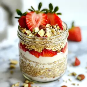 To make Strawberry Protein Overnight Oats, you will need: - 1 cup rolled oats - 1 cup almond milk (or your preferred milk alternative) - 1 scoop vanilla protein powder - 1 cup fresh strawberries, hulled and sliced - 1 tablespoon chia seeds - 1 tablespoon honey or maple syrup (optional, to taste) - ½ teaspoon vanilla extract - A pinch of salt - Extra strawberries and nuts/seeds for topping Each ingredient in these oats brings health perks. - Rolled oats are high in fiber. They help keep you full longer. - Almond milk is low in calories and rich in vitamin E. - Vanilla protein powder adds protein for muscle repair and growth. - Strawberries are full of vitamins and antioxidants. They support heart health. - Chia seeds provide omega-3 fatty acids. They help with brain function. - Honey or maple syrup can add a touch of natural sweetness without refined sugar. - Vanilla extract enhances flavor and adds antioxidants. - Salt balances sweetness and enhances flavors. You can easily swap out items if needed. - If you have gluten issues, use gluten-free oats. - Any milk works—cow’s milk, coconut milk, or oat milk. - Swap vanilla protein powder for unflavored protein if desired. - Use any berry if strawberries aren’t available. Raspberries or blueberries work great! - Chia seeds can be replaced by ground flax seeds. - For sweeteners, try agave syrup or stevia instead of honey or maple syrup. These options keep the recipe flexible and fun! {{ingredient_image_2}} To start, grab a medium mixing bowl. Add 1 cup of rolled oats and 1 cup of almond milk. Next, include 1 scoop of vanilla protein powder and 1 tablespoon of chia seeds. If you like sweetness, add 1 tablespoon of honey or maple syrup. Then, pour in ½ teaspoon of vanilla extract and a pinch of salt. Mix all the ingredients well until the oats soak up the milk. Now, take your fresh strawberries. Hull and slice 1 cup of them. Gently fold these strawberry slices into the oat mixture. Make sure to save a few slices for later. Once everything is mixed, divide the mixture into two jars or airtight containers. Seal them tightly and place them in the fridge for at least 6 hours. Overnight is best for full flavor. When you take your oats out of the fridge, give them a good stir. If the oats seem too thick, add a splash of almond milk. This step helps you reach your perfect texture. You want your oats creamy but not runny. The chia seeds also help thicken the mix, so adjust as needed. For serving, top your oats with the reserved strawberry slices. Add some nuts or seeds for crunch. You can enjoy your oats straight from the jar for easy eating. If you want something fancier, transfer them to a bowl. Either way, you have a tasty and nutritious start to your day! You can easily change the flavors in your overnight oats. Try using different fruits, like bananas or blueberries. You can also mix in nut butters for a creamy taste. Almond butter or peanut butter works great. For a crunch, add nuts or seeds as toppings. You can even switch up the protein powder flavor. Chocolate or strawberry protein powders can make it fun. I love using glass jars or airtight containers. They keep your oats fresh and ready to eat. Make sure to fill the jars, but leave some space at the top. This allows room for the oats to expand. Store your jars in the fridge. They’ll stay good for about three to five days. To keep your oats fresh, use clean utensils to scoop them out. Avoid leaving the jar open for long. If you notice any moisture or odd smells, toss them out. If you want to enjoy them later, you can freeze them. Just remember to thaw them in the fridge before eating. This way, your oats will taste just as good as the first day! Pro Tips Use Steel-Cut Oats: For a chewier texture, consider using steel-cut oats instead of rolled oats. Just remember to soak them longer, ideally overnight. Sweetness Control: Adjust the sweetness of your overnight oats by experimenting with different natural sweeteners like agave or coconut sugar. Flavor Variations: Don’t hesitate to add other fruits, such as banana or blueberries, for additional flavor and nutrition. Meal Prep: These oats store well in the fridge for up to five days, making them perfect for meal prep. Just grab and go! {{image_4}} You can change the flavor of your overnight oats to keep things fun. Try different fruits like bananas, blueberries, or peaches. You can mix in nut butters for extra flavor. Almond butter or peanut butter adds a rich taste and healthy fats. For a tropical twist, add pineapple or mango. You can also sprinkle in spices like cinnamon or nutmeg for warmth. If you want to skip the vanilla protein powder, that's fine! You can use plant-based protein powders like pea or hemp. You can even try using Greek yogurt for protein. It adds creaminess and works well with the oats. Just adjust the liquid ingredients if you use yogurt. This gives you flexibility based on your diet. To make this recipe vegan, swap honey for maple syrup or agave nectar. Choose gluten-free oats if you're avoiding gluten. Most rolled oats are gluten-free, but check the label. You can also use any non-dairy milk like coconut or soy. These swaps keep the recipe friendly for everyone. Enjoy your tasty, nutritious oats no matter your diet! To keep your strawberry protein overnight oats fresh, use airtight containers. Glass jars work great because they seal well. Make sure the lids close tightly to prevent air from getting in. Label your jars with dates. This helps you track when they were made. Store them in the fridge to keep them cool and safe to eat. Your overnight oats will last for about 4 to 5 days in the fridge. After that, they may lose flavor and texture. If you notice any off smells or changes in color, it's best to toss them. Always check before eating! You can freeze overnight oats if you want to save some for later. Use freezer-safe jars or bags. Fill them with the oat mixture, leaving some space for expansion. They can stay in the freezer for up to 3 months. When you're ready to eat, thaw them in the fridge overnight. You can warm them in the microwave or enjoy them cold. Just add fresh toppings before serving! Yes, you can make this recipe gluten-free. Use certified gluten-free rolled oats. Many brands offer oats that are tested for gluten. Always check the label to ensure they are safe for your needs. This small change keeps the dish tasty and safe. To adjust the sweetness, simply use less or more honey or maple syrup. Start with one tablespoon and taste the mixture. If you like it sweeter, add more. You can also use ripe bananas or dates for natural sweetness. They blend well with the oats and strawberries. You can use any milk alternative instead of almond milk. Options include soy milk, coconut milk, or oat milk. Each type adds its unique flavor. Choose one that fits your taste and dietary needs. You can even use regular cow's milk if you prefer. In this post, we explored the key ingredients for overnight oats and their benefits. We covered how to prepare and serve them, plus tips for customization. You learned about storing methods and how to keep your oats fresh. Variations for flavor, protein, and dietary needs were shared. Now, you have the tools to make delicious and healthy oats. Enjoy getting creative with your recipes!