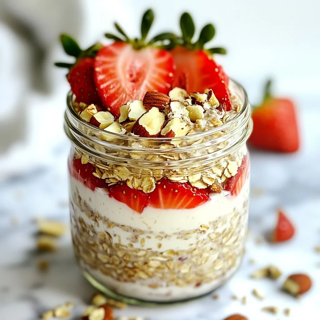 To make Strawberry Protein Overnight Oats, you will need: - 1 cup rolled oats - 1 cup almond milk (or your preferred milk alternative) - 1 scoop vanilla protein powder - 1 cup fresh strawberries, hulled and sliced - 1 tablespoon chia seeds - 1 tablespoon honey or maple syrup (optional, to taste) - ½ teaspoon vanilla extract - A pinch of salt - Extra strawberries and nuts/seeds for topping Each ingredient in these oats brings health perks. - Rolled oats are high in fiber. They help keep you full longer. - Almond milk is low in calories and rich in vitamin E. - Vanilla protein powder adds protein for muscle repair and growth. - Strawberries are full of vitamins and antioxidants. They support heart health. - Chia seeds provide omega-3 fatty acids. They help with brain function. - Honey or maple syrup can add a touch of natural sweetness without refined sugar. - Vanilla extract enhances flavor and adds antioxidants. - Salt balances sweetness and enhances flavors. You can easily swap out items if needed. - If you have gluten issues, use gluten-free oats. - Any milk works—cow’s milk, coconut milk, or oat milk. - Swap vanilla protein powder for unflavored protein if desired. - Use any berry if strawberries aren’t available. Raspberries or blueberries work great! - Chia seeds can be replaced by ground flax seeds. - For sweeteners, try agave syrup or stevia instead of honey or maple syrup. These options keep the recipe flexible and fun! {{ingredient_image_2}} To start, grab a medium mixing bowl. Add 1 cup of rolled oats and 1 cup of almond milk. Next, include 1 scoop of vanilla protein powder and 1 tablespoon of chia seeds. If you like sweetness, add 1 tablespoon of honey or maple syrup. Then, pour in ½ teaspoon of vanilla extract and a pinch of salt. Mix all the ingredients well until the oats soak up the milk. Now, take your fresh strawberries. Hull and slice 1 cup of them. Gently fold these strawberry slices into the oat mixture. Make sure to save a few slices for later. Once everything is mixed, divide the mixture into two jars or airtight containers. Seal them tightly and place them in the fridge for at least 6 hours. Overnight is best for full flavor. When you take your oats out of the fridge, give them a good stir. If the oats seem too thick, add a splash of almond milk. This step helps you reach your perfect texture. You want your oats creamy but not runny. The chia seeds also help thicken the mix, so adjust as needed. For serving, top your oats with the reserved strawberry slices. Add some nuts or seeds for crunch. You can enjoy your oats straight from the jar for easy eating. If you want something fancier, transfer them to a bowl. Either way, you have a tasty and nutritious start to your day! You can easily change the flavors in your overnight oats. Try using different fruits, like bananas or blueberries. You can also mix in nut butters for a creamy taste. Almond butter or peanut butter works great. For a crunch, add nuts or seeds as toppings. You can even switch up the protein powder flavor. Chocolate or strawberry protein powders can make it fun. I love using glass jars or airtight containers. They keep your oats fresh and ready to eat. Make sure to fill the jars, but leave some space at the top. This allows room for the oats to expand. Store your jars in the fridge. They’ll stay good for about three to five days. To keep your oats fresh, use clean utensils to scoop them out. Avoid leaving the jar open for long. If you notice any moisture or odd smells, toss them out. If you want to enjoy them later, you can freeze them. Just remember to thaw them in the fridge before eating. This way, your oats will taste just as good as the first day! Pro Tips Use Steel-Cut Oats: For a chewier texture, consider using steel-cut oats instead of rolled oats. Just remember to soak them longer, ideally overnight. Sweetness Control: Adjust the sweetness of your overnight oats by experimenting with different natural sweeteners like agave or coconut sugar. Flavor Variations: Don’t hesitate to add other fruits, such as banana or blueberries, for additional flavor and nutrition. Meal Prep: These oats store well in the fridge for up to five days, making them perfect for meal prep. Just grab and go! {{image_4}} You can change the flavor of your overnight oats to keep things fun. Try different fruits like bananas, blueberries, or peaches. You can mix in nut butters for extra flavor. Almond butter or peanut butter adds a rich taste and healthy fats. For a tropical twist, add pineapple or mango. You can also sprinkle in spices like cinnamon or nutmeg for warmth. If you want to skip the vanilla protein powder, that's fine! You can use plant-based protein powders like pea or hemp. You can even try using Greek yogurt for protein. It adds creaminess and works well with the oats. Just adjust the liquid ingredients if you use yogurt. This gives you flexibility based on your diet. To make this recipe vegan, swap honey for maple syrup or agave nectar. Choose gluten-free oats if you're avoiding gluten. Most rolled oats are gluten-free, but check the label. You can also use any non-dairy milk like coconut or soy. These swaps keep the recipe friendly for everyone. Enjoy your tasty, nutritious oats no matter your diet! To keep your strawberry protein overnight oats fresh, use airtight containers. Glass jars work great because they seal well. Make sure the lids close tightly to prevent air from getting in. Label your jars with dates. This helps you track when they were made. Store them in the fridge to keep them cool and safe to eat. Your overnight oats will last for about 4 to 5 days in the fridge. After that, they may lose flavor and texture. If you notice any off smells or changes in color, it's best to toss them. Always check before eating! You can freeze overnight oats if you want to save some for later. Use freezer-safe jars or bags. Fill them with the oat mixture, leaving some space for expansion. They can stay in the freezer for up to 3 months. When you're ready to eat, thaw them in the fridge overnight. You can warm them in the microwave or enjoy them cold. Just add fresh toppings before serving! Yes, you can make this recipe gluten-free. Use certified gluten-free rolled oats. Many brands offer oats that are tested for gluten. Always check the label to ensure they are safe for your needs. This small change keeps the dish tasty and safe. To adjust the sweetness, simply use less or more honey or maple syrup. Start with one tablespoon and taste the mixture. If you like it sweeter, add more. You can also use ripe bananas or dates for natural sweetness. They blend well with the oats and strawberries. You can use any milk alternative instead of almond milk. Options include soy milk, coconut milk, or oat milk. Each type adds its unique flavor. Choose one that fits your taste and dietary needs. You can even use regular cow's milk if you prefer. In this post, we explored the key ingredients for overnight oats and their benefits. We covered how to prepare and serve them, plus tips for customization. You learned about storing methods and how to keep your oats fresh. Variations for flavor, protein, and dietary needs were shared. Now, you have the tools to make delicious and healthy oats. Enjoy getting creative with your recipes!
