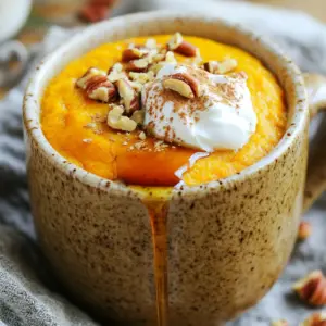 - 1/4 cup canned pumpkin purée - 1 scoop vanilla protein powder - 1/4 cup rolled oats - 1/2 teaspoon baking powder - 1/2 teaspoon pumpkin pie spice - 1 tablespoon maple syrup or honey - 1 large egg (or 1/4 cup unsweetened applesauce for vegan) - 2 tablespoons almond milk (or preferred milk) - A pinch of salt - Optional toppings: chopped nuts, a dollop of Greek yogurt, or a drizzle of your favorite nut butter To make a tasty pumpkin spice protein mug cake, gather these simple ingredients. Canned pumpkin purée gives this cake its moist texture and rich flavor. I love using vanilla protein powder for added protein and a subtle sweetness. Rolled oats act as a base, keeping everything wholesome. The baking powder helps the cake rise, while pumpkin pie spice adds that warm, cozy flavor we all love. Sweeten it with maple syrup or honey. You can use an egg for structure, or go vegan with applesauce. Almond milk or any milk brings everything together. Don't forget the pinch of salt; it enhances the flavors. Optional toppings take it to the next level. Chopped nuts add crunch. Greek yogurt adds creaminess, and nut butter gives richness. Enjoy getting creative with these toppings! Start by getting a microwave-safe mug. Add these dry ingredients: - 1/4 cup canned pumpkin purée - 1 scoop vanilla protein powder - 1/4 cup rolled oats - 1/2 teaspoon baking powder - 1/2 teaspoon pumpkin pie spice - A pinch of salt Mix them well with a small whisk or fork. Make sure to break any clumps. This step is key for a smooth cake. Now, it’s time for the wet ingredients. Add: - 1 tablespoon maple syrup or honey - 1 large egg (or 1/4 cup unsweetened applesauce for a vegan option) - 2 tablespoons almond milk (or any milk you prefer) Stir everything together until you see a smooth batter. This ensures the flavors blend well. Place your mug in the microwave. Cook it on high for about 1 to 2 minutes. Check it after 1 minute. The cake should feel firm and look set. Microwaves can cook differently, so don’t rush this step. If it looks too soft, give it another few seconds. But be careful not to overcook it. A dry cake is no fun! Once the cake is done, carefully take it out. Use oven mitts; the mug will be hot! Let it cool for about one minute. This step helps the flavors settle and makes it easier to eat. For serving, you can leave the cake in the mug for a cozy look. Or, transfer it to a small plate. Get creative with toppings! Consider: - Chopped nuts for crunch - A dollop of Greek yogurt for creaminess - A drizzle of your favorite nut butter for richness These toppings add flavor and make your mug cake look fancy! To get the best texture for your mug cake, fully combine all ingredients. Use a whisk or fork to mix the dry ones first. This helps break up clumps. After that, add the wet ingredients and blend until smooth. Watch the cooking time closely. Overcooking will dry it out. Start checking at one minute. It should feel firm, not wet. You can boost the flavor by adding more spices. Try a pinch of cinnamon or nutmeg. These spices will enhance the pumpkin taste. For toppings, nuts add crunch, while Greek yogurt brings creaminess. A drizzle of nut butter makes it richer. These will improve both taste and nutrition. Avoid overfilling your mug. Leave some space for the cake to rise. A full mug can spill over while cooking. Use the right flour and protein powder. Not all flours will work well. Stick to rolled oats or almond flour for best results. Using the wrong protein powder can affect flavor and texture. {{image_4}} You can easily adjust this recipe to fit your needs. For a vegan option, replace the egg with 1/4 cup of unsweetened applesauce. This keeps the cake moist and fluffy. If you have allergies, use oat milk or coconut milk instead of almond milk. For extra flavor, try adding different spices. Cinnamon and nutmeg work great in place of pumpkin pie spice. You can also use vanilla extract for a sweeter taste. This mug cake pairs well with warm drinks like coffee or tea. The spices enhance the flavors of your beverage. If you want something cold, try it with a glass of almond milk. You can top your cake with different goodies. Chopped nuts add a nice crunch. A dollop of Greek yogurt gives it creaminess. Nut butter makes it rich and tasty. Try different toppings for each occasion! Want to serve more people? Simply double or triple the ingredients. You can make four servings in one large bowl. Bake it in the oven at 350°F for about 15-20 minutes. If you want a larger portion, use an 8-inch baking dish. Just check the middle with a toothpick for doneness. This way, everyone can enjoy a slice of this tasty cake! To keep your pumpkin spice protein mug cake fresh, let it cool. Once cool, cover it. Use a small airtight container or wrap it in plastic wrap. Store it in the fridge. It stays good for up to three days. To reheat your cake, use the microwave. Heat it for about 15 to 30 seconds. Check if it’s warm enough. If you want a crispy top, use the oven. Set it to 350°F and heat for about 5 minutes. This method gives a nice texture. You can freeze a mug cake if you want to save it for later. Let the cake cool completely. Wrap it tightly with plastic wrap, then place it in a freezer bag. It can stay in the freezer for up to a month. When you’re ready to eat it, take it out. Let it thaw in the fridge overnight. Reheat it in the microwave or oven, as mentioned before. Enjoy your cake just like fresh! Yes, you can! If you don't have protein powder, try using more oats instead. You can also use almond flour or coconut flour for a different texture. If you want to add some protein, consider using Greek yogurt or cottage cheese in the mix. Both will keep the cake moist and tasty. To make this mug cake gluten-free, simply swap rolled oats with certified gluten-free oats. You can also use almond flour or a gluten-free flour blend. These options will give you a fluffy cake without the gluten. Yes, you can prepare the ingredients ahead of time. Mix the dry ingredients and store them in a jar. When you're ready to bake, just add the wet ingredients and cook. If you want to store it, keep the mixed batter in the fridge for up to a day. Just remember to let it come to room temperature before microwaving. This blog post covered the essentials for making a tasty pumpkin mug cake. We explored the key ingredients, nutritional benefits, and useful kitchen tools. I shared step-by-step cooking instructions, tips for the best texture, and ways to customize your cake. Remember to avoid common mistakes and consider variations for your taste. Making delicious mug cakes is easy and fun! Enjoy experimenting with flavors and toppings. You can make this treat your own. Happy baking!
