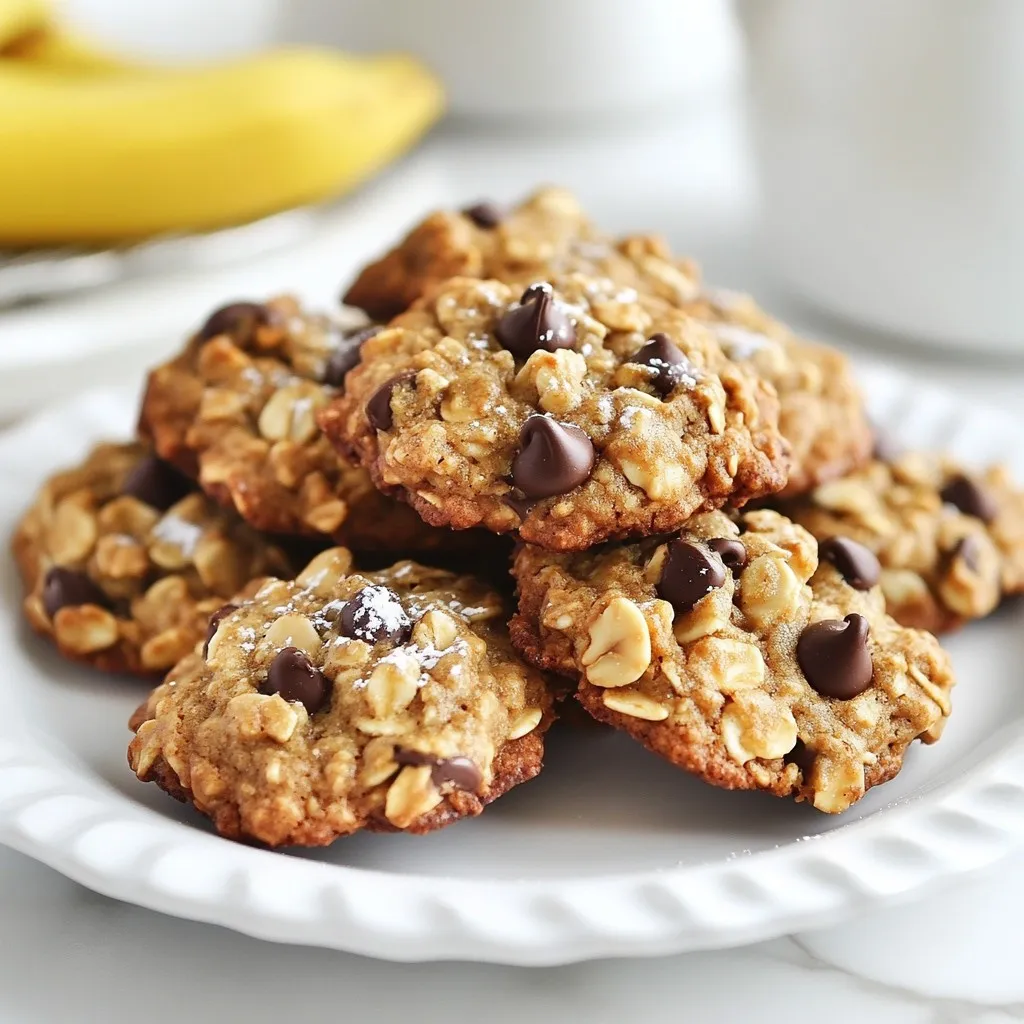 Here’s what you need to make these healthy banana oatmeal cookies: - 2 ripe bananas, thoroughly mashed - 1 cup rolled oats - 1/2 cup almond flour - 1/4 cup honey or maple syrup - 1/4 cup unsweetened applesauce - 1 teaspoon pure vanilla extract - 1/2 teaspoon baking powder - 1/2 teaspoon ground cinnamon - 1/4 teaspoon sea salt - Optional mix-ins: - 1/3 cup dark chocolate chips - 1/3 cup chopped nuts (like walnuts or pecans) Each ingredient plays a key role. The ripe bananas add natural sweetness and moisture. Rolled oats provide hearty texture, while almond flour adds a nutty flavor. Honey or maple syrup gives extra sweetness. Unsweetened applesauce helps keep the cookies soft. Baking powder helps the cookies rise slightly, and cinnamon adds warmth. The sea salt balances the flavors. Optional mix-ins like dark chocolate chips or nuts bring even more taste and crunch. You can mix and match these ingredients to fit your taste! {{ingredient_image_2}} Start by preheating your oven to 350°F (175°C). This step is key for even baking. While the oven heats, line a baking sheet with parchment paper. This helps prevent sticking and makes clean-up easy. In a large bowl, mash two ripe bananas until smooth. Then, add 1/4 cup of honey or maple syrup for sweetness. Next, mix in 1/4 cup of unsweetened applesauce and 1 teaspoon of pure vanilla extract. Use a fork to blend everything well. You want a smooth, creamy mix. In another bowl, stir together 1 cup of rolled oats, 1/2 cup of almond flour, 1/2 teaspoon of baking powder, 1/2 teaspoon of ground cinnamon, and 1/4 teaspoon of sea salt. Mixing these dry ingredients well ensures they spread evenly in the cookie dough. Gradually add the dry mix to the wet mixture. Use a spatula to fold them together gently. Be careful not to overmix, as this can make the cookies tough. If you want, fold in 1/3 cup of dark chocolate chips and 1/3 cup of chopped nuts for extra flavor. Take a tablespoon and scoop dough onto the prepared sheet. Space the dough balls about 1 inch apart. To flatten them slightly, press down gently with the back of the spoon. This gives them a nice cookie shape. Place the baking sheet in the oven and bake for 12-15 minutes. Watch closely as they bake. You want the edges to turn a lovely golden brown. When the cookies are done, take them out of the oven. Let them cool on the baking sheet for about 5 minutes. After that, move them to a wire rack to cool completely. This step helps keep them soft and chewy inside. To make the best banana oatmeal cookies, start with ripe bananas. The riper they are, the sweeter your cookies will taste. Use a fork to mash them until smooth. This helps blend well with other wet ingredients. When mixing, do not overmix the batter. Overmixing can make cookies tough. Aim for a gentle fold when combining wet and dry ingredients. The sweetness of your cookies is easy to change. Use honey, maple syrup, or both. If you prefer less sugar, try cutting the sweetener by a few tablespoons. You can also add extra mashed bananas for natural sweetness. If you like a touch of spice, a bit of extra cinnamon can enhance flavor. Taste your batter before baking for a hint of sweetness. You can swap some ingredients for different flavors. If you need a nut-free option, replace almond flour with oat flour. For a vegan version, use maple syrup instead of honey. Applesauce can also replace oil, making cookies moist without extra fat. You can add dried fruits, seeds, or other nuts if you want something new. This keeps your cookies fun and fresh. Pro Tips Riper Bananas for Sweetness: The riper the bananas, the sweeter your cookies will be. Look for bananas with brown spots for optimal flavor. Oat Variations: Feel free to experiment with different types of oats, such as quick oats or steel-cut oats, to get a different texture in your cookies. Storage Tips: Store your cookies in an airtight container at room temperature for up to a week, or freeze them for longer-lasting freshness. Mix-Ins for Fun: Customize your cookies by adding dried fruits, seeds, or spices to the batter for an extra flavor kick! {{image_4}} To make vegan banana oatmeal cookies, you only need to swap a few ingredients. Replace honey or maple syrup with agave nectar or another plant-based sweetener. This change keeps the cookies sweet and vegan-friendly. You can also use flaxseed meal mixed with water as an egg substitute. Mix 1 tablespoon of flaxseed meal with 2.5 tablespoons of water. Let it sit for about five minutes to thicken. This mix binds the ingredients well. Your cookies will still taste great! For gluten-free banana oatmeal cookies, simply use certified gluten-free oats and almond flour. These two ingredients provide a nice texture without gluten. You can also try coconut flour as an alternative. Just remember to use less coconut flour, as it absorbs more moisture. Start with 1/4 cup and adjust as needed. This way, you can enjoy delicious cookies while sticking to a gluten-free diet. Adding spices and extracts can make your cookies unique and fun! Try adding a pinch of nutmeg or ginger for extra warmth. You can also mix in a teaspoon of almond or coconut extract for a different flavor twist. If you want a chocolatey kick, use cocoa powder. Start with 2 tablespoons and reduce the almond flour by the same amount. These small changes can create a delightful new cookie that suits your taste! To keep your healthy banana oatmeal cookies fresh, store them in an airtight container. This helps keep them soft and tasty. You can place parchment paper between layers to prevent sticking. These cookies stay fresh for about five days at room temperature. If you want to keep them longer, consider freezing them. Freezing cookies is a great way to save them for later. To freeze, let the cookies cool completely first. Then, place them in a single layer on a baking sheet. Freeze them for about two hours. After that, transfer the cookies to a freezer-safe bag or container. This method helps prevent freezer burn. Cookies can last up to three months in the freezer. When you want to enjoy them, just pull them out and let them thaw. Reheating cookies can make them taste fresh again. You can use an oven or microwave for this. For the oven, preheat it to 350°F (175°C). Place the cookies on a baking sheet and warm them for about five minutes. If you use a microwave, heat them for 10 to 15 seconds. This will help them regain their soft texture. Enjoy your delicious treat warm! Yes, you can use other sweeteners. You can try agave nectar, coconut sugar, or stevia. Each will change the flavor a bit. Just remember to balance the sweetness to your taste. To make these cookies gluten-free, simply use certified gluten-free oats. You can also replace almond flour with a gluten-free flour blend. This keeps the cookies soft and tasty without gluten. If you need a substitute for almond flour, try using oat flour or ground sunflower seeds. Both options work well. They keep the cookies moist and add flavor. These cookies stay fresh for about three days at room temperature. Keep them in an airtight container. You can also store them in the fridge for one week. For longer storage, freeze them for up to three months. We explored simple ingredients to make delicious banana oatmeal cookies. You learned step-by-step how to create and bake them. Tips showed how to customize sweetness and substitute ingredients. We also discussed variations, like vegan and gluten-free options. Finally, storage tips helped ensure your cookies stay fresh. Remember, these cookies are easy and fun to make. Enjoy experimenting with flavors and sharing them with others!