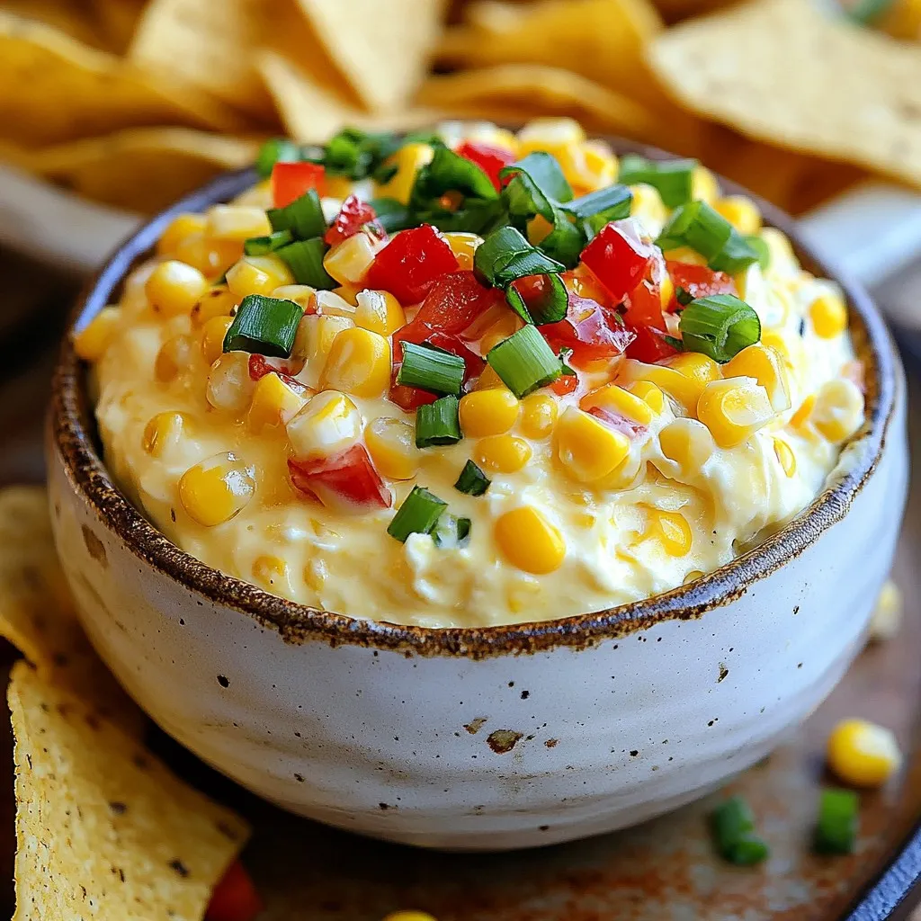 - Sweet corn: You can use fresh, frozen, or canned corn. Each has its own charm. Fresh corn brings a sweet crunch. Frozen corn is easy and retains flavor. Canned corn is quick and ready to use. Choose what you like best! - Cream cheese: Use one cup of cream cheese. Make sure it is softened. This helps it blend easily. Cream cheese gives a rich, creamy base. - Sour cream: Add half a cup of sour cream. This adds tang and creaminess. It balances the flavors well. - Cheddar cheese: Use one cup of shredded cheddar cheese. Sharp cheddar adds depth. You can also try Monterey Jack for a milder taste. - Garlic powder: One teaspoon of garlic powder adds a strong flavor. It makes the dip more savory. - Smoked paprika: One teaspoon of smoked paprika gives a subtle smokiness. This adds complexity to the dip. - Seasoning: Use salt and pepper to taste. Seasoning is key for great flavor. Always taste and adjust as needed. - Optional heat: For extra spice, add a pinch of cayenne pepper or diced jalapeños. This is great if you like a kick. Adjust the heat to your liking. These ingredients combine to create a creamy, flavorful dip that everyone will love. {{ingredient_image_2}} Start by placing the cream cheese and sour cream in a large bowl. Make sure the cream cheese is soft. This helps it blend easily. Using a hand mixer or a whisk, mix until smooth and creamy. The goal is a nice, even texture. This creamy base is key to a great dip. Now, gently fold in the shredded cheddar cheese. Use a spatula to mix it but be careful not to overmix. You want the cheese spread throughout the dip. Next, add the sweet corn, diced red bell pepper, and chopped green onions. Again, fold these in slowly. Make sure they are mixed well without breaking them down. After mixing in all the ingredients, sprinkle in the garlic powder, smoked paprika, salt, and pepper. Stir until everything is combined. Taste the dip and adjust the flavors as you like. If you want some heat, add a pinch of cayenne pepper or some chopped jalapeños. Once you're happy with the taste, transfer the dip to a serving bowl. Cover it with plastic wrap and chill in the fridge for at least 30 minutes. This chilling time helps the flavors blend together nicely. Serve with crunchy tortilla chips or fresh veggie sticks for dipping. To avoid lumps in your dip, make sure your cream cheese is soft. Let it sit at room temperature for about 30 minutes before mixing. You can use a hand mixer or whisk to blend the cream cheese and sour cream until smooth. If you find lumps, keep mixing until it is fully combined. For a creamier dip, try adding an extra 1/4 cup of sour cream. You can also use full-fat cream cheese for a richer texture. If you want a touch of tanginess, consider adding a splash of lemon juice. You can prepare this dip a day in advance. Just follow the recipe and chill it in the fridge. This allows the flavors to blend well. When you are ready to serve, take it out of the fridge about 15 minutes before. This way, it will be easier to scoop. Store any leftover dip in an airtight container. It will last about three to four days in the fridge. If you want to keep it longer, you can freeze it. Just make sure to use a freezer-safe container. This dip pairs perfectly with tortilla chips, but don’t stop there! Fresh vegetable sticks like carrots or celery work great too. You can also use pita chips for a different crunch. For a fun presentation, serve it in a colorful bowl. Garnish the top with extra green onions or whole corn kernels for added flair. A sprinkle of smoked paprika can also enhance the look and flavor. Pro Tips Use Fresh Corn: For the best flavor, opt for fresh sweet corn when in season. It adds a delightful crunch and sweetness to the dip. Chill for Flavor: Allowing the dip to chill for at least 30 minutes enhances the flavors. The longer it sits, the better the taste! Customize Your Cheese: Experiment with different types of cheese, like pepper jack or mozzarella, to create unique flavor combinations. Add a Zesty Kick: For those who enjoy heat, mix in diced jalapeños or a splash of hot sauce to elevate the flavor profile. {{image_4}} You can spice up your corn dip easily. Adding jalapeños gives it a nice kick. Just chop them fine and mix them in. You can also use other peppers, like serrano or poblano, for a unique twist. If you want more heat, add a few dashes of hot sauce. This can really make the dip sing! If you want a lighter dip, swap sour cream for Greek yogurt. It gives a creamy texture with fewer calories. You can also choose lower-fat cheese options. Look for reduced-fat cheddar or even a mix of other cheeses. This way, you keep the flavor but cut down on fat. Don’t be afraid to get creative! Adding fresh herbs can change the game. Try mixing in cilantro or parsley for a fresh taste. You can also toss in diced tomatoes for extra color and flavor. These additions can make your dip stand out and surprise your guests. For short-term storage, keep your creamy corn dip in the fridge. Use an airtight container to keep it fresh. Make sure to cover it well to avoid any odors from other foods. This dip will stay good for about 3 to 5 days in the fridge. Always check for any changes in smell or texture before serving. You can freeze creamy corn dip if you have leftovers. To freeze, place the dip in a freezer-safe container. Leave some space at the top for expansion. When you are ready to use it, thaw it overnight in the fridge. The texture may change a bit after freezing, becoming less creamy. Stir it well after thawing to help restore its consistency. To avoid waste, use leftover dip in different ways. Spread it on a sandwich for a tasty twist. Mix it into scrambled eggs for a creamy breakfast. You can even use it as a topping for baked potatoes. Be creative! There are many ways to repurpose your creamy corn dip and reduce waste in the kitchen. Creamy corn dip lasts up to five days in the fridge. Store it in a sealed container to keep it fresh. Always check for any signs of spoilage before eating. If it smells off or looks strange, it’s best to toss it. Keeping food safety in mind is key for enjoying your dip. Yes, you can make creamy corn dip without cream cheese. Use silken tofu or a dairy-free cream cheese instead. These options maintain a creamy texture and flavor. They work well in this recipe, keeping it smooth and tasty. This makes the dip suitable for those with dairy allergies or for those who prefer a vegan option. Absolutely! Using frozen corn in creamy corn dip is a great choice. Frozen corn retains its sweetness and crunch. It also saves time since you won't need to cook it first. Just let it thaw and drain any excess water before mixing. This makes your dip quick and easy to prepare, while still delicious! This blog post covered the key ingredients, preparation steps, and tips for a creamy corn dip. You learned how to achieve the best texture and flavor while keeping it fresh. Remember to customize with spices and toppings that suit your taste. Make it ahead for easy serving and enjoy it with your favorite snacks. Whether you stick to the classic recipe or try new variations, this creamy corn dip is sure to impress at any gathering. Dive in and make your next snack a hit!