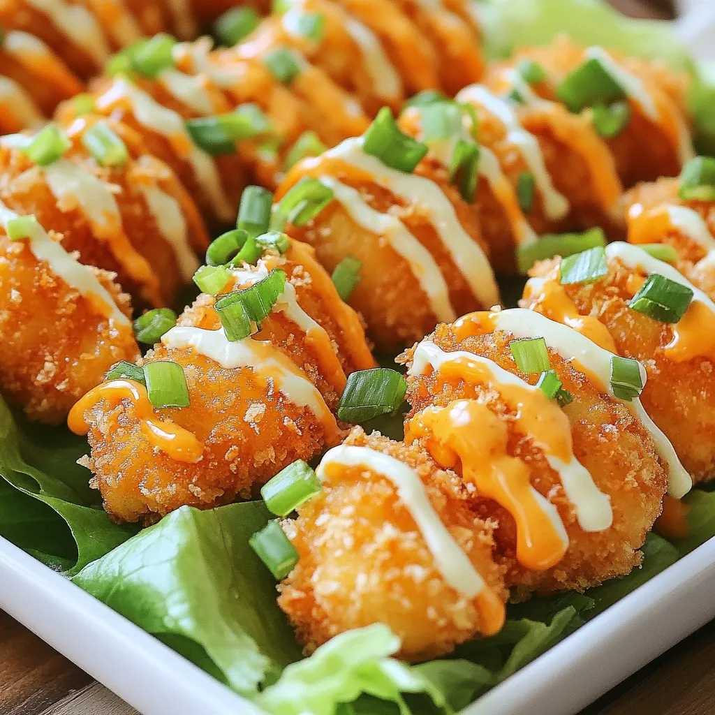 To make Bang Bang Chicken, you need: - 1 pound chicken breast, diced into bite-sized pieces - 1 cup cornstarch - 2 large eggs, whisked - 1 cup panko breadcrumbs - ½ teaspoon salt - ½ teaspoon black pepper - ½ teaspoon garlic powder - ½ teaspoon cayenne pepper (adjust to your desired spice level) - Oil for frying These ingredients create a crispy, flavorful chicken that shines in this dish. The sauce gives Bang Bang Chicken its name. For the sauce, gather: - ½ cup mayonnaise - 2 tablespoons sweet chili sauce - 1 tablespoon sriracha (adjust to your desired spice level) - 1 teaspoon honey - 1 teaspoon soy sauce - 1 teaspoon lime juice - 1 tablespoon finely chopped green onions (for garnish) Mixing these ingredients results in a creamy, spicy, and sweet flavor. You can find great substitutes if you lack any ingredients: - Chicken breast can be swapped for chicken thighs for more flavor. - If you want a gluten-free option, use gluten-free breadcrumbs. - You can replace mayonnaise with Greek yogurt for a lighter sauce. - Instead of sriracha, try chili garlic sauce for a different kick. These swaps allow you to customize the recipe to your taste. {{ingredient_image_2}} Start by taking 1 pound of chicken breast. Dice it into bite-sized pieces. In a mixing bowl, season the chicken with ½ teaspoon salt, ½ teaspoon black pepper, ½ teaspoon garlic powder, and ½ teaspoon cayenne pepper. Toss the chicken well to coat it evenly. Let it sit for a few minutes to soak up the flavors. Grab three shallow bowls and place them in a row. In the first bowl, add 1 cup of cornstarch. In the second bowl, whisk 2 large eggs until they are smooth. In the third bowl, pour in 1 cup of panko breadcrumbs. This setup makes it easy to bread the chicken. First, take a piece of chicken and roll it in the cornstarch. Make sure it is fully coated. Shake off any extra cornstarch. Next, dip it into the beaten eggs. Let any excess egg drip back into the bowl. Finally, roll the chicken in the panko breadcrumbs. Press down gently to make sure the breadcrumbs stick. In a large skillet, heat enough oil for frying. It should be about ½ inch deep. Heat the oil over medium-high heat until it shimmers. Add the breaded chicken in small batches. Fry them for about 4-5 minutes per side until they are golden brown. Use a slotted spoon to move the chicken to a plate lined with paper towels. In a clean mixing bowl, combine ½ cup mayonnaise, 2 tablespoons sweet chili sauce, and 1 tablespoon sriracha. You can add more sriracha if you like it spicier. Also, add 1 teaspoon honey, 1 teaspoon soy sauce, and 1 teaspoon lime juice. Whisk until the sauce is smooth and creamy. Once the chicken is fried, place it in a large mixing bowl. Drizzle half of the Bang Bang sauce over the chicken. Gently toss it to coat all the pieces. Now, transfer the chicken to a serving platter. Drizzle the rest of the sauce on top. For a fresh look, sprinkle 1 tablespoon of finely chopped green onions as a garnish. Enjoy your tasty Bang Bang Chicken! For the best coating, use cornstarch first. It helps the egg stick better. Make sure each chicken piece is covered in cornstarch. Shake off the extra before dipping it in the egg. This step is key for a crispy finish. After the egg dip, roll the chicken in panko breadcrumbs. Press them down gently to stick well. This gives you a thick, crunchy layer. Choose a good oil for frying. I recommend using canola or vegetable oil. These oils can handle high heat without burning. Fill your pan with about half an inch of oil. Heat it until it shimmers but isn't smoking. This ensures even cooking and a golden color. Fry in small batches for the best results. Too many pieces at once can lower the oil's temperature. Spice levels can be adjusted easily. For a milder dish, reduce the cayenne in the chicken mix. You can also cut back on sriracha in the sauce. Taste the Bang Bang sauce as you mix. Add more sriracha for heat or honey for sweetness. This way, you make a sauce just right for your taste! Pro Tips Perfectly Fried Chicken: Ensure the oil is hot enough before adding the chicken. This prevents the chicken from absorbing too much oil and becoming greasy. A temperature of about 350°F (175°C) is ideal. Flavor Boost: Marinate the chicken for at least 30 minutes, or even overnight, to enhance the flavor. This allows the spices to penetrate the meat more deeply. Extra Crunch: For an even crunchier coating, double dip the chicken. After the first coating of panko, dip it back in the egg and then in the breadcrumbs again. Bang Bang Sauce Variations: Feel free to customize the Bang Bang sauce by adding ingredients like lime zest, garlic powder, or even a dash of sesame oil for extra depth of flavor. {{image_4}} You can make a baked version of Bang Bang Chicken. This option uses less oil. Instead of frying, coat the chicken and bake it in the oven. Preheat your oven to 400°F (200°C). Line a baking sheet with parchment paper. Place your breaded chicken on the sheet and spray it lightly with cooking oil. Bake for about 20-25 minutes, flipping halfway. The chicken will still be crispy and tasty. While the Bang Bang sauce is fantastic, you can try other sauces. A spicy peanut sauce adds a nutty flavor. Mix peanut butter, soy sauce, and a bit of lime juice for a twist. You could also use a sweet and sour sauce. Just combine equal parts of ketchup and vinegar for a simple blend. Experimenting with sauces keeps your meals exciting. You can make Bang Bang Chicken even better by adding veggies or other proteins. Try tossing in bell peppers, broccoli, or snap peas. They add color and crunch. For a protein twist, use shrimp or tofu instead of chicken. Treat them the same way and coat them with the same spices and sauce. This makes for a fun and filling meal. To store Bang Bang Chicken, let it cool first. Place the chicken in an airtight container. Make sure to separate the chicken from the sauce. This helps keep the chicken crispy. Store it in the fridge for up to three days. When you’re ready to eat, reheat the chicken in a skillet. Heat it over medium heat for about 5-7 minutes. This keeps it crispy and warm. You can also microwave it, but it may lose some crunch. If using the microwave, heat it in short bursts to avoid overcooking. You can freeze Bang Bang Chicken for later. Place the cooled chicken in a freezer-safe bag or container. Be sure to remove as much air as possible. It can last in the freezer for up to three months. When you're ready to eat, thaw it in the fridge overnight and reheat as mentioned before. Bang Bang Chicken comes from Chinese cuisine. It is known for its bold flavors and crispy texture. The name reflects the sound of the cooking method. It mixes fried chicken with a spicy sauce. This dish is popular in Asian restaurants worldwide. Yes, you can make Bang Bang Chicken gluten-free. Use gluten-free cornstarch and gluten-free breadcrumbs. You can also find gluten-free soy sauce. Check all labels to ensure they meet your needs. Great side dishes include: - Steamed rice - Fried rice - Stir-fried vegetables - Asian-style slaw - Fresh cucumber salad These sides balance the flavors and make a complete meal. To reduce spice, use less cayenne pepper in the chicken. For the sauce, cut back on sriracha. You can also add more mayonnaise to tone down heat. Taste as you go to reach your perfect spice level. Yes, you can use frozen chicken. Just make sure to thaw it first. Cut the chicken into bite-sized pieces before cooking. This helps ensure even cooking and a crispy texture. We covered how to make Bang Bang Chicken, from ingredients to serving. I shared key tips for a perfect coating and frying method. If you're looking for variation, healthier options exist too. Proper storage helps keep leftovers tasty. Lastly, exploring FAQs deepens your dish knowledge. Enjoy making this dish your own!