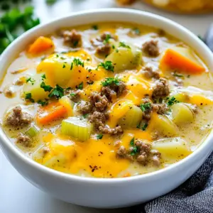 To make the Ultimate Cheeseburger Soup, gather these key ingredients: - 1 lb ground beef - 1 medium onion, finely diced - 2 cloves garlic, minced - 3 medium carrots, peeled and diced - 2 celery stalks, finely diced - 4 cups beef broth (homemade or low-sodium) - 2 cups potatoes, peeled and diced - 1 teaspoon Worcestershire sauce - 1 teaspoon paprika (smoked for extra depth) - 1/2 teaspoon freshly ground black pepper - 1 cup heavy cream - 2 cups sharp cheddar cheese, shredded - 1/4 cup fresh parsley, chopped (for garnish) You can add some optional ingredients to enhance flavor: - 1/2 cup cooked bacon, crumbled - 1/2 cup diced bell peppers - 1/2 teaspoon cayenne pepper for heat - 1 tablespoon Dijon mustard for a tangy kick Fresh herbs and spices can boost the taste of your soup: - Fresh thyme adds a nice earthy tone. - Chives bring a mild onion flavor. - Oregano gives a hint of warmth. - Dill can add a fresh, unique twist. Feel free to mix and match herbs to find your favorite combination! {{ingredient_image_2}} Start by gathering all your ingredients. You need: - 1 lb ground beef - 1 medium onion, finely diced - 2 cloves garlic, minced - 3 medium carrots, peeled and diced - 2 celery stalks, finely diced - 4 cups beef broth - 2 cups potatoes, peeled and diced - 1 teaspoon Worcestershire sauce - 1 teaspoon paprika - 1/2 teaspoon black pepper - 1 cup heavy cream - 2 cups sharp cheddar cheese, shredded - 1/4 cup fresh parsley, chopped Now, chop your vegetables. This makes cooking easier. Dice the onion, garlic, carrots, and celery finely. Peel and dice the potatoes. This ensures even cooking. Heat a large saucepan over medium heat. Add the ground beef and break it up with a wooden spoon. Cook until browned, about 5-7 minutes. If there is extra fat, drain it. Next, add the diced onion and minced garlic. Sauté for 3-4 minutes. You want the onion to become soft and clear. Then, add the carrots and celery. Cook these for 5 more minutes. Stir often until the veggies start to soften. Now, pour in the beef broth and raise the heat to boil. Once boiling, add the potatoes, Worcestershire sauce, paprika, and black pepper. Lower the heat back to a simmer. Cook for 15-20 minutes until the potatoes are fork-tender. When the potatoes are soft, stir in the heavy cream and shredded cheddar cheese. Mix until the cheese melts into a creamy soup. Taste and adjust the seasoning as needed. Ladle the soup into deep bowls. Garnish each bowl with a sprinkle of fresh parsley. This adds color and freshness. For a fun touch, add extra cheese on top. Serve it with crusty bread for dipping. Enjoy every bite! To make your Ultimate Cheeseburger Soup shine, use fresh ingredients. Fresh herbs and spices can boost the flavor. Here are some tips to enhance your soup: - Use Quality Meat: Choose lean ground beef for less grease and better taste. - Sauté Well: Sauté the onion and garlic until they are soft and fragrant. This step adds depth. - Smoked Paprika: Opt for smoked paprika. It brings a rich, smoky flavor to the soup. - Cream at the End: Add cream last for a rich texture. It helps keep the soup creamy and smooth. Avoid these common pitfalls to ensure your soup is perfect: - Overcooking Vegetables: Do not cook your veggies too long. They should be soft but not mushy. - Too Much Salt: Be cautious with salt. Taste the soup after adding cheese. Cheese adds saltiness. - Skipping the Garnish: Fresh parsley adds color and freshness. Don’t skip it; it makes the dish pop. Serve your cheeseburger soup for a cozy meal. Here are some great ideas: - Bowl Presentation: Use deep bowls for a hearty serving. Top with extra cheese and parsley. - Crusty Bread: Pair the soup with crusty bread for dipping. It adds texture and flavor. - Fun Toppings: Consider adding bacon bits or pickles on top for a fun twist. They add a crunch and tang. Pro Tips Use High-Quality Beef: Opt for grass-fed or organic ground beef for a richer flavor and healthier option. Customize Your Veggies: Feel free to add or substitute other vegetables like bell peppers or corn for extra flavor and color. Cheese Variations: Experiment with different cheeses like Gouda or Monterey Jack for a unique twist on the classic cheddar flavor. Make It Ahead: This soup tastes even better the next day! Prepare it in advance and store it in the fridge for a quick meal. {{image_4}} To make a vegetarian cheeseburger soup, swap ground beef for cooked lentils or mushrooms. Both options add great texture. Use vegetable broth instead of beef broth. This change keeps the soup rich in flavor. Add extra veggies like bell peppers or zucchini for a colorful mix. You can also use plant-based cheese to keep it creamy. For a gluten-free version, ensure your broth is gluten-free. Most store-bought broths are safe, but check labels. Instead of regular potatoes, try sweet potatoes for a twist. They add a slight sweetness and extra nutrients. You can also thicken the soup with cornstarch mixed with water instead of using flour. Get creative with your soup! You can add bacon bits for a smoky crunch. Chopped pickles or relish give a tangy kick. For a spicy twist, add diced jalapeños. If you love cheese, mix in different types like pepper jack or gouda. Each choice brings a new layer of flavor. Don’t be afraid to experiment and make it your own! Once you finish your Ultimate Cheeseburger Soup, let it cool. Place it in a container with a tight lid. Store it in the fridge for up to three days. This soup tastes great even after a few days. The flavors blend and become even better. If you want to save some for later, freezing is a great option. Divide the soup into smaller portions. Use freezer-safe bags or containers. Make sure to leave some space at the top for expansion. You can freeze the soup for up to three months. When you’re ready to eat, just thaw it overnight in the fridge. To reheat, pour the soup into a pot and warm it on low heat. Stir it often to prevent sticking. If it seems thick, add a splash of beef broth or cream. You can also microwave it in a bowl. Heat in short intervals, stirring in between. Enjoy your warm and comforting soup! Yes, you can use ground turkey. It makes a lighter soup. Ground turkey has less fat, so you may need to add a little oil to cook it well. The flavor will change slightly, but it will still be tasty. To thicken your soup, you can mash some of the potatoes. This method adds creaminess without extra ingredients. Another way is to mix cornstarch with water, then stir it in. Simmer for a few minutes until thick. You can also add more cheese for a thicker texture. Cheeseburger soup pairs well with crusty bread. You can also serve it with a simple salad. For a fun twist, try adding crispy bacon bits on top. Pickles can add a nice crunch too. Enjoy the soup with your favorite sides! The blog post covered key ingredients to make cheeseburger soup, from herbs to spices. I shared step-by-step cooking methods and finishing touches for a tasty dish. You learned best tips to enhance flavor and avoid common mistakes. I also offered variations, like vegetarian and gluten-free options, plus storage tips for leftovers. In closing, cheeseburger soup is versatile and enjoyable. Make it your own with easy swaps and additions. You’ll love how simple it is to impress friends and family with this comforting meal.