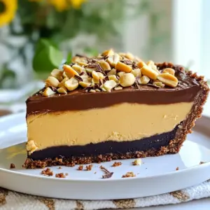 Here’s what you need for the No-Bake Chocolate Peanut Butter Pie. Each ingredient plays a key role in creating that perfect balance of flavor and texture. - 1 ½ cups chocolate cookie crumbs (such as crushed Oreos) - ½ cup unsalted butter, melted - 1 cup creamy peanut butter - 1 cup powdered sugar - 8 oz cream cheese, softened to room temperature - 1 cup whipped topping (store-bought or homemade) - 1 cup semi-sweet chocolate chips - ½ cup heavy cream - Chopped peanuts and chocolate shavings for garnish These ingredients come together to create a delightful treat. The chocolate cookie crumbs form the crust, giving a rich base. The creamy peanut butter and cream cheese mix create a smooth filling. Topping it all off, the chocolate ganache adds a shiny finish. Don't forget the garnishes! Chopped peanuts and chocolate shavings make the pie look inviting. Each bite is a mix of flavors that everyone will love. {{ingredient_image_2}} In a medium bowl, combine 1 ½ cups of chocolate cookie crumbs with ½ cup of melted unsalted butter. Mix until every crumb is coated. Press this mixture firmly into a 9-inch pie pan. Make sure the crust is even on the bottom and sides. Refrigerate for about 15 minutes. This helps the crust firm up. Take a large bowl and add 8 ounces of softened cream cheese and 1 cup of creamy peanut butter. Use an electric mixer to beat them together until smooth. Gradually add 1 cup of powdered sugar. Mix well until fully combined. The filling should be light and fluffy. Now, take 1 cup of whipped topping. Carefully fold it into the peanut butter mixture with a rubber spatula. This step is key. You want to keep the airiness to make the filling light and creamy. Pour the peanut butter filling into the chilled crust. Use a spatula to spread it evenly. Smooth the top to make it nice and flat. Put the pie back in the fridge while you make the ganache. In a small saucepan, combine ½ cup of heavy cream and 1 cup of semi-sweet chocolate chips. Place it over low heat. Stir continuously until the chips melt and the ganache is smooth. Remove it from the heat and let it cool slightly. This allows it to thicken without hardening. Carefully pour the warm ganache over the peanut butter filling. Use a spatula to spread it into an even layer. Return the pie to the refrigerator. Chill for at least 4 hours. This helps the ganache set and become firm. To make a great crust, use chocolate cookie crumbs. I love crushed Oreos for their flavor. Mix the crumbs with melted butter until it looks like wet sand. When you press the crumbs, use a flat bottom of a cup for even pressure. Make sure to press the mix into the bottom and up the sides of the pie pan. Refrigerate the crust for 15 minutes to help it set. If you want a change, try graham crackers or vanilla wafers instead. For the filling, start with room temperature cream cheese. This helps it mix smooth with the peanut butter. Use an electric mixer on medium speed to blend. Add the powdered sugar slowly, mixing after each addition. This keeps the filling fluffy and light. When you fold in the whipped topping, be gentle. A rubber spatula works best here. This keeps air in the mix and makes it creamy. When making the ganache, melt the chocolate chips with the heavy cream over low heat. Stir continuously to prevent burning. Once melted, remove it from heat but let it cool slightly. This cooling helps it thicken without hardening. To check the thickness, dip a spoon in. If it coats the back, you’re ready to pour. For a smooth finish, pour slowly over the filling. Use a spatula to spread it evenly. Pro Tips Chill Your Ingredients: Ensure that the cream cheese and whipped topping are at room temperature before mixing to achieve a smooth and creamy filling. Use Quality Chocolate: Opt for high-quality semi-sweet chocolate chips for the ganache to enhance the overall flavor of the pie. Let It Set: For the best texture, allow the pie to chill for a full 4 hours or overnight. This will ensure that the ganache is perfectly set and the layers meld beautifully. Garnish Generously: Don't skimp on the chopped peanuts and chocolate shavings! They add a delightful crunch and visual appeal to your pie. {{image_4}} You can make this pie gluten-free easily. Just use gluten-free cookies for the crust. Brands like gluten-free Oreos work well. Crush them just like regular cookies. Mix with melted butter and press it into the pan. The result will be just as delicious! To make this pie extra special, add vanilla extract to the peanut butter mix. Just a teaspoon will do! You can also try using different types of chocolate. Dark chocolate can give a richer taste. White chocolate can add sweetness and creaminess. Experiment with what you like best! If you want a healthier pie, consider using natural peanut butter. It has simple ingredients and less sugar. You can also reduce the sugar in the filling. Use less powdered sugar or swap some for honey. This way, you can enjoy your treat and feel good about it! To keep your No-Bake Chocolate Peanut Butter Pie fresh, store it in the fridge. Cover it tightly with plastic wrap or aluminum foil. This keeps the pie moist and prevents it from absorbing other flavors. You can enjoy the pie for several days this way. If you want to save some for later, freezing is a great option. Slice the pie into individual pieces. Wrap each slice in plastic wrap, then place them in a freezer-safe bag or container. This way, you can grab a piece whenever you crave a sweet treat! In the fridge, your pie can last up to five days. After that, it may lose its taste and texture. If you see any signs of spoilage, like a sour smell or discoloration, it's best to throw it away. When frozen, the pie can last up to two months. To enjoy it, thaw it in the fridge overnight. This keeps the texture nice and creamy. Always check for any off smells or changes in appearance before serving. Yes, you can make this pie a day ahead. Store it in the fridge. Cover it tightly with plastic wrap. This way, it stays fresh and tasty. It will taste even better the next day. If you need a substitute for heavy cream, try using half-and-half. You can also use coconut cream for a dairy-free option. Both alternatives work well in the ganache. Yes, you can freeze this pie! Wrap it tightly in plastic wrap and foil. It can last up to three months in the freezer. To thaw, move it to the fridge overnight. To serve, slice the pie into pieces. Use a sharp knife for clean cuts. Add a dollop of whipped topping on each slice. Finish with chopped peanuts and chocolate shavings for a nice touch. Enjoy each creamy bite! In this blog post, we explored how to make a delicious no-bake chocolate peanut butter pie. We covered the ingredients, from chocolate cookie crumbs to whipped topping. Step-by-step, I shared how to prepare the crust and make the creamy filling. We discussed tips for a perfect pie and even variations for different diets. Finally, we looked at storage methods to keep your pie fresh. Enjoy making this treat, and feel free to get creative with your flavors! Your no-bake pie will surely impress!