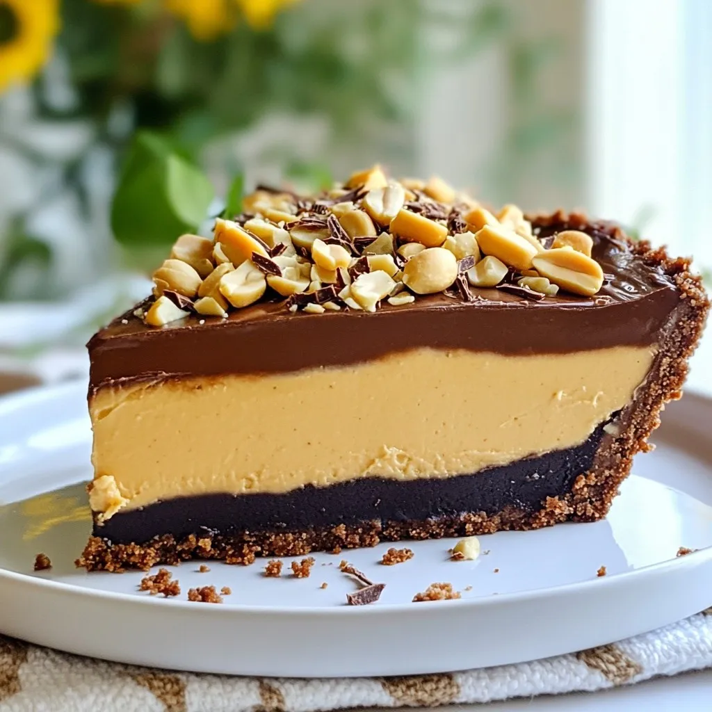 Here’s what you need for the No-Bake Chocolate Peanut Butter Pie. Each ingredient plays a key role in creating that perfect balance of flavor and texture. - 1 ½ cups chocolate cookie crumbs (such as crushed Oreos) - ½ cup unsalted butter, melted - 1 cup creamy peanut butter - 1 cup powdered sugar - 8 oz cream cheese, softened to room temperature - 1 cup whipped topping (store-bought or homemade) - 1 cup semi-sweet chocolate chips - ½ cup heavy cream - Chopped peanuts and chocolate shavings for garnish These ingredients come together to create a delightful treat. The chocolate cookie crumbs form the crust, giving a rich base. The creamy peanut butter and cream cheese mix create a smooth filling. Topping it all off, the chocolate ganache adds a shiny finish. Don't forget the garnishes! Chopped peanuts and chocolate shavings make the pie look inviting. Each bite is a mix of flavors that everyone will love. {{ingredient_image_2}} In a medium bowl, combine 1 ½ cups of chocolate cookie crumbs with ½ cup of melted unsalted butter. Mix until every crumb is coated. Press this mixture firmly into a 9-inch pie pan. Make sure the crust is even on the bottom and sides. Refrigerate for about 15 minutes. This helps the crust firm up. Take a large bowl and add 8 ounces of softened cream cheese and 1 cup of creamy peanut butter. Use an electric mixer to beat them together until smooth. Gradually add 1 cup of powdered sugar. Mix well until fully combined. The filling should be light and fluffy. Now, take 1 cup of whipped topping. Carefully fold it into the peanut butter mixture with a rubber spatula. This step is key. You want to keep the airiness to make the filling light and creamy. Pour the peanut butter filling into the chilled crust. Use a spatula to spread it evenly. Smooth the top to make it nice and flat. Put the pie back in the fridge while you make the ganache. In a small saucepan, combine ½ cup of heavy cream and 1 cup of semi-sweet chocolate chips. Place it over low heat. Stir continuously until the chips melt and the ganache is smooth. Remove it from the heat and let it cool slightly. This allows it to thicken without hardening. Carefully pour the warm ganache over the peanut butter filling. Use a spatula to spread it into an even layer. Return the pie to the refrigerator. Chill for at least 4 hours. This helps the ganache set and become firm. To make a great crust, use chocolate cookie crumbs. I love crushed Oreos for their flavor. Mix the crumbs with melted butter until it looks like wet sand. When you press the crumbs, use a flat bottom of a cup for even pressure. Make sure to press the mix into the bottom and up the sides of the pie pan. Refrigerate the crust for 15 minutes to help it set. If you want a change, try graham crackers or vanilla wafers instead. For the filling, start with room temperature cream cheese. This helps it mix smooth with the peanut butter. Use an electric mixer on medium speed to blend. Add the powdered sugar slowly, mixing after each addition. This keeps the filling fluffy and light. When you fold in the whipped topping, be gentle. A rubber spatula works best here. This keeps air in the mix and makes it creamy. When making the ganache, melt the chocolate chips with the heavy cream over low heat. Stir continuously to prevent burning. Once melted, remove it from heat but let it cool slightly. This cooling helps it thicken without hardening. To check the thickness, dip a spoon in. If it coats the back, you’re ready to pour. For a smooth finish, pour slowly over the filling. Use a spatula to spread it evenly. Pro Tips Chill Your Ingredients: Ensure that the cream cheese and whipped topping are at room temperature before mixing to achieve a smooth and creamy filling. Use Quality Chocolate: Opt for high-quality semi-sweet chocolate chips for the ganache to enhance the overall flavor of the pie. Let It Set: For the best texture, allow the pie to chill for a full 4 hours or overnight. This will ensure that the ganache is perfectly set and the layers meld beautifully. Garnish Generously: Don't skimp on the chopped peanuts and chocolate shavings! They add a delightful crunch and visual appeal to your pie. {{image_4}} You can make this pie gluten-free easily. Just use gluten-free cookies for the crust. Brands like gluten-free Oreos work well. Crush them just like regular cookies. Mix with melted butter and press it into the pan. The result will be just as delicious! To make this pie extra special, add vanilla extract to the peanut butter mix. Just a teaspoon will do! You can also try using different types of chocolate. Dark chocolate can give a richer taste. White chocolate can add sweetness and creaminess. Experiment with what you like best! If you want a healthier pie, consider using natural peanut butter. It has simple ingredients and less sugar. You can also reduce the sugar in the filling. Use less powdered sugar or swap some for honey. This way, you can enjoy your treat and feel good about it! To keep your No-Bake Chocolate Peanut Butter Pie fresh, store it in the fridge. Cover it tightly with plastic wrap or aluminum foil. This keeps the pie moist and prevents it from absorbing other flavors. You can enjoy the pie for several days this way. If you want to save some for later, freezing is a great option. Slice the pie into individual pieces. Wrap each slice in plastic wrap, then place them in a freezer-safe bag or container. This way, you can grab a piece whenever you crave a sweet treat! In the fridge, your pie can last up to five days. After that, it may lose its taste and texture. If you see any signs of spoilage, like a sour smell or discoloration, it's best to throw it away. When frozen, the pie can last up to two months. To enjoy it, thaw it in the fridge overnight. This keeps the texture nice and creamy. Always check for any off smells or changes in appearance before serving. Yes, you can make this pie a day ahead. Store it in the fridge. Cover it tightly with plastic wrap. This way, it stays fresh and tasty. It will taste even better the next day. If you need a substitute for heavy cream, try using half-and-half. You can also use coconut cream for a dairy-free option. Both alternatives work well in the ganache. Yes, you can freeze this pie! Wrap it tightly in plastic wrap and foil. It can last up to three months in the freezer. To thaw, move it to the fridge overnight. To serve, slice the pie into pieces. Use a sharp knife for clean cuts. Add a dollop of whipped topping on each slice. Finish with chopped peanuts and chocolate shavings for a nice touch. Enjoy each creamy bite! In this blog post, we explored how to make a delicious no-bake chocolate peanut butter pie. We covered the ingredients, from chocolate cookie crumbs to whipped topping. Step-by-step, I shared how to prepare the crust and make the creamy filling. We discussed tips for a perfect pie and even variations for different diets. Finally, we looked at storage methods to keep your pie fresh. Enjoy making this treat, and feel free to get creative with your flavors! Your no-bake pie will surely impress!