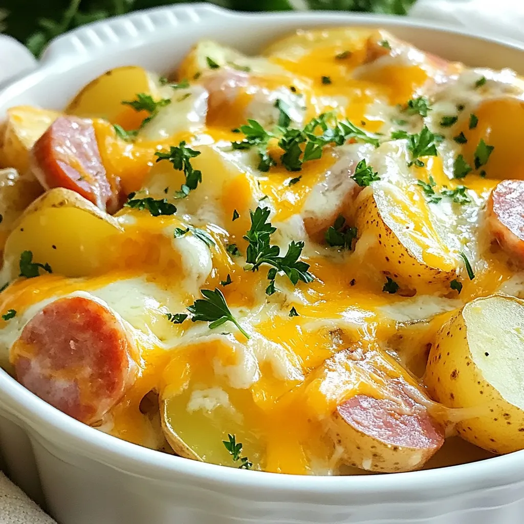 - 2 lbs baby potatoes, halved - 1 lb kielbasa sausage, sliced into rounds - 1 cup shredded sharp cheddar cheese - 1 cup shredded mozzarella cheese - 1 medium onion, finely diced - 3 garlic cloves, minced - 1 cup chicken broth (low sodium recommended) - 1 cup heavy cream - 2 teaspoons Italian seasoning - Salt and freshly ground black pepper to taste - Fresh parsley, chopped, for garnish You can use different cheeses or sausages if you want. For cheese, try gouda or pepper jack for a kick. If you prefer a healthier option, use turkey kielbasa. You can also swap out the heavy cream for a lighter milk or plant-based cream. Choosing the right baby potatoes is key. Look for firm and smooth potatoes without blemishes. For the kielbasa, pick a brand that is high in flavor and quality. When it comes to cheese, fresh blocks melt better than pre-shredded options. Grate your own for a creamier result. {{ingredient_image_2}} Start by washing the baby potatoes. Cut them in half to help them cook evenly. I like to use fresh potatoes for the best taste. Next, slice the kielbasa sausage into rounds. This adds great texture to the dish. Finely dice one medium onion. The onion gives a nice flavor. Finally, mince three garlic cloves. Fresh garlic adds a wonderful aroma to the meal. For the best flavor, layer the ingredients in the crockpot. First, place the halved potatoes at the bottom. This helps them cook well. Next, add the sliced kielbasa on top of the potatoes. Then, spread the diced onion and minced garlic over the sausage. Make sure to distribute them evenly. This allows the flavors to mix perfectly. Now it’s time to cook! In a bowl, whisk together one cup of chicken broth, one cup of heavy cream, two teaspoons of Italian seasoning, and a pinch of salt and pepper. Pour this creamy mixture over the layered ingredients in the crockpot. Cover the pot and choose your cooking setting. If you set it to low, cook for 6-7 hours. For a quicker option, set it to high and cook for 3-4 hours. The potatoes should be tender when done. After the cooking time, sprinkle one cup each of shredded sharp cheddar cheese and mozzarella cheese over the top. Cover the crockpot again for 15-20 minutes. This allows the cheese to melt into delicious gooeyness. Once melted, stir everything together gently. Finally, remove the lid and garnish with chopped fresh parsley for a pop of color. To ensure the potatoes are tender and the cheese melts just right, choose the right potatoes. Baby potatoes work best. Halve them for even cooking. Once your dish is done, let it sit for 15-20 minutes. This helps the cheese melt beautifully. Stir gently after it melts to combine everything well. You can always add more flavor! Consider these spices: - A pinch of paprika for a smoky touch. - Crushed red pepper flakes for heat. - Fresh herbs like thyme or rosemary for brightness. Toppings can elevate your dish. Try crispy bacon bits or crunchy fried onions. A sprinkle of green onions adds freshness too! If your potatoes are undercooked, try these fixes: - Cook longer on low heat. - Add a splash of chicken broth to help. For uneven cheese melting, ensure you layer it evenly. Stir gently after melting. If it clumps, add a bit more cream or broth to smooth it out. Adjusting heat settings can also help achieve an even melt. Pro Tips Pre-cook the Potatoes: For extra tenderness, you can parboil the baby potatoes for about 10 minutes before adding them to the slow cooker. This will enhance their cooking time and texture. Use Variety in Sausage: Experiment with different types of sausage, such as smoked or spicy kielbasa, to add unique flavors to the dish. Each type brings its own character! Cheese Variations: Feel free to mix in different cheeses like gouda or pepper jack for a twist on the traditional cheese blend. This will give your dish a distinct taste profile. Make Ahead: This dish is perfect for meal prep! Assemble the ingredients the night before and store them in the fridge. Just pop it in the slow cooker in the morning for an easy dinner. {{image_4}} You can make this dish vegetarian by swapping the kielbasa for plant-based sausage. Many brands offer tasty veggie sausage that mimics the flavor and texture of meat. You can also use mushrooms for a hearty bite. Slice them thick and layer them with the potatoes. This keeps the dish filling and satisfying without meat. Cheese is the star here, so feel free to mix things up. Instead of sharp cheddar and mozzarella, try gouda or pepper jack. Each cheese brings a unique flavor. You can also use a blend of cheeses for more depth. Just remember to keep the total amount of cheese the same. Adding some heat can elevate your cheesy potatoes. Try mixing in diced jalapeños or crushed red pepper flakes. You can also add a pinch of smoked paprika for a warm, smoky flavor. Fresh herbs like thyme or rosemary can enhance the dish, too. Just toss them in before cooking for great results. To store your cheesy potatoes and kielbasa, let the dish cool first. Place it in an airtight container. You can keep it in the fridge for up to three days. If you want to store it longer, freeze it. Use freezer-safe containers or bags. Make sure to remove as much air as possible to prevent freezer burn. When you're ready to enjoy leftovers, you have a few options. The best way is to reheat in the oven. Preheat the oven to 350°F (175°C). Transfer the dish to an oven-safe dish and cover with foil. Heat for about 20-25 minutes until it's warm. You can also use the microwave. Heat in short bursts of one minute, stirring in between, until heated through. This keeps the cheese from becoming rubbery. In the fridge, your cheesy potatoes and kielbasa last about three days. If frozen, it can last for up to three months. Just remember to label your containers with the date. This way, you’ll know when to enjoy them before they lose quality. Yes, you can prepare this dish ahead of time. To do this, chop your baby potatoes and kielbasa. Also, dice the onion and mince the garlic. You can store these in the fridge for up to a day. When you're ready to cook, simply add the prepped ingredients to the crockpot. This saves time and makes meal prep easier on busy days. Yes, you can cook this dish without a slow cooker. You can use an oven for this recipe. Preheat your oven to 350°F (175°C). In a large baking dish, layer the ingredients as you would in the crockpot. Cover it with foil and bake for about 1.5 hours. Check if the potatoes are tender, then add the cheese and bake uncovered for an extra 15 minutes. Yes, you can double this recipe in a crockpot. Make sure your slow cooker is large enough to hold all the ingredients. If it’s too full, the cooking time may change. You might need to increase the cooking time by an hour or so. Always check the potatoes for doneness before serving. This blog post covered everything you need to know about cooking with baby potatoes and kielbasa. We explored ingredients and substitutions for a perfect dish. I shared step-by-step instructions for preparing and layering in the crockpot. You also learned tips to enhance texture and flavor. Experiment with variations to suit your taste and learn how to store leftovers. Remember, cooking is about trying new ideas. Enjoy your culinary adventure with these easy recipes!