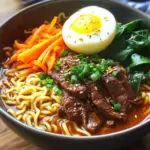 - 200g ramen noodles - 300g thinly sliced beef (sirloin or ribeye) - 3 cups beef broth - 1 tablespoon gochujang (Korean chili paste) - 1 tablespoon soy sauce - 1 tablespoon sesame oil - 1 tablespoon brown sugar - 2 cloves garlic, minced - 1-inch piece ginger, grated - 1 carrot, julienned - 1 cup fresh spinach leaves - 2 green onions, chopped Gather these ingredients before you start cooking. Each item adds its own unique taste. The beef gives a hearty base. The ramen noodles soak up all those rich flavors. Gochujang brings heat and depth. Soy sauce adds a savory touch. Sesame oil enhances the aroma. Fresh veggies bring color and nutrition. When you prepare your ramen, fresh produce makes it vibrant. Garlic and ginger add warmth. Carrots provide a nice crunch. Spinach adds a pop of green. Green onions finish it with brightness. Each ingredient plays a key role in making the dish delicious. Start by heating 1 tablespoon of sesame oil in a large pot over medium-high heat. When the oil is hot, add 2 cloves of minced garlic and a 1-inch piece of grated ginger. Stir them for about 30 seconds. You want to smell that amazing aroma! Next, add 300 grams of thinly sliced beef to the pot. Stir-fry the beef for 3 to 4 minutes. Look for it to turn a nice brown color, which means it is just cooked through. Now, mix in 1 tablespoon of gochujang, 1 tablespoon of soy sauce, and 1 tablespoon of brown sugar. Stir well to coat the beef evenly. Slowly pour in 3 cups of beef broth and bring it to a gentle simmer. Let it cook for about 10 minutes. This will help all the flavors blend together nicely. While the broth simmers, you can prepare the ramen noodles. In a different pot, bring water to a rolling boil. Cook 200 grams of ramen noodles according to the package instructions, usually about 4 to 5 minutes. Once cooked, drain the noodles and set them aside. Return to your broth. Now it's time to add some color and nutrition! Add 1 julienned carrot and 1 cup of fresh spinach leaves to the simmering broth. Cook these for another 2 to 3 minutes until the spinach wilts and the carrot becomes tender yet still crisp. To put it all together, divide the cooked ramen noodles between two bowls. Carefully ladle the hot beef broth with beef and veggies over the noodles. For a special touch, soft-boil an egg by cooking it in boiling water for 6 to 7 minutes. After cooking, place the egg in ice water to cool. Peel and cut it in half before placing it on top of your ramen. Finish by garnishing each bowl with chopped green onions and sesame seeds. This adds flavor and makes your dish look great! To achieve perfectly cooked beef, choose thin slices of sirloin or ribeye. Heat sesame oil in a large pot over medium-high heat. Add minced garlic and grated ginger, cooking for just 30 seconds. Then, add the beef slices. Stir-fry for 3-4 minutes until the beef is browned and tender. This quick cooking keeps the beef juicy. You can customize your broth's spice levels and flavors easily. Start with 1 tablespoon of gochujang for mild heat. If you prefer more spice, add more gochujang gradually. Taste the broth after simmering. Adjust it with salt and pepper to match your liking. Add a splash of soy sauce for extra umami. Presentation matters! Serve your ramen in deep bowls for a cozy feel. Top each bowl with chopped green onions and sesame seeds for color and crunch. Pair with a side of kimchi for added flavor and a pop of color. Enjoy your meal with chopsticks for an authentic touch! {{image_4}} You can switch the beef for chicken, tofu, or pork. Each choice brings a new taste. Chicken gives a lighter flavor. Tofu is great for a meatless option. Pork adds a richer touch. Adjust cooking times based on your choice. Chicken will cook faster, while pork may need a bit more time. Feel free to get creative with your vegetables. Seasonal veggies work well here. Try using mushrooms or bok choy for a unique twist. Bell peppers add a nice crunch. Zucchini or snap peas also fit perfectly. Choose what you enjoy or what you have on hand. It’s all about making it your own. If you want to mix it up, try different broths. Miso broth adds a savory depth. Vegetable broth works well for a lighter option. You can even use chicken broth if you prefer. Each choice will change the flavor profile. Experiment to find your favorite combination. To keep your Spicy Korean Beef Ramen fresh, store it in an airtight container. Place the ramen noodles and broth in separate containers. This way, the noodles won't soak up all the broth. Refrigerate them within two hours of cooking. When you want to eat leftovers, reheat the broth on the stove. Add the noodles in the last minute of heating. You can freeze the beef broth and cooked beef for later use. Let them cool completely before freezing. Use freezer-safe bags or containers. For ramen, freeze the noodles separately. To thaw, move the containers to the fridge overnight. Reheat the broth and noodles together when ready to eat. In the fridge, the ramen lasts for about 3 days. If you freeze it, the broth keeps well for up to 3 months. The noodles freeze for about 2 months. Always check for any signs of spoilage before using leftovers. To heat things up, add more gochujang. You can use extra chili paste or fresh chili peppers, too. If you want a kick, try adding sliced jalapeños or red pepper flakes. Adjust to your taste, so it’s just right for you. Yes, you can! While ramen noodles are great, you can use udon or soba noodles. Just make sure to cook them according to package instructions. They will change the texture, but they will still taste amazing. To soft-boil an egg, cook it in boiling water for 6-7 minutes. Then, place it in ice water to stop the cooking. After cooling, peel it and cut it in half. This gives a creamy yolk that makes the ramen richer. No, it’s not a must. However, vegetables like carrots and spinach add flavor and nutrients. You can also add mushrooms, bell peppers, or bok choy. Feel free to mix in what you like or have on hand. To make it gluten-free, use gluten-free ramen noodles. Check that your broth and sauces, like soy sauce, are gluten-free. Tamari is a good gluten-free option for soy sauce. This way, you can enjoy this dish without worry. In this blog post, we explored how to make Spicy Korean Beef Ramen. We covered key ingredients like ramen noodles, beef, and flavorful enhancers. I shared step-by-step instructions for preparing a rich broth and cooking vegetables. You also learned tips for customizing flavors and storing leftovers. You can enjoy many variations with different proteins and broths. With these steps, you can create a warm, tasty meal any time. Dive in, get cooking, and enjoy your delicious ramen!