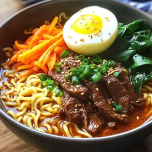 - 200g ramen noodles - 300g thinly sliced beef (sirloin or ribeye) - 3 cups beef broth - 1 tablespoon gochujang (Korean chili paste) - 1 tablespoon soy sauce - 1 tablespoon sesame oil - 1 tablespoon brown sugar - 2 cloves garlic, minced - 1-inch piece ginger, grated - 1 carrot, julienned - 1 cup fresh spinach leaves - 2 green onions, chopped Gather these ingredients before you start cooking. Each item adds its own unique taste. The beef gives a hearty base. The ramen noodles soak up all those rich flavors. Gochujang brings heat and depth. Soy sauce adds a savory touch. Sesame oil enhances the aroma. Fresh veggies bring color and nutrition. When you prepare your ramen, fresh produce makes it vibrant. Garlic and ginger add warmth. Carrots provide a nice crunch. Spinach adds a pop of green. Green onions finish it with brightness. Each ingredient plays a key role in making the dish delicious. Start by heating 1 tablespoon of sesame oil in a large pot over medium-high heat. When the oil is hot, add 2 cloves of minced garlic and a 1-inch piece of grated ginger. Stir them for about 30 seconds. You want to smell that amazing aroma! Next, add 300 grams of thinly sliced beef to the pot. Stir-fry the beef for 3 to 4 minutes. Look for it to turn a nice brown color, which means it is just cooked through. Now, mix in 1 tablespoon of gochujang, 1 tablespoon of soy sauce, and 1 tablespoon of brown sugar. Stir well to coat the beef evenly. Slowly pour in 3 cups of beef broth and bring it to a gentle simmer. Let it cook for about 10 minutes. This will help all the flavors blend together nicely. While the broth simmers, you can prepare the ramen noodles. In a different pot, bring water to a rolling boil. Cook 200 grams of ramen noodles according to the package instructions, usually about 4 to 5 minutes. Once cooked, drain the noodles and set them aside. Return to your broth. Now it's time to add some color and nutrition! Add 1 julienned carrot and 1 cup of fresh spinach leaves to the simmering broth. Cook these for another 2 to 3 minutes until the spinach wilts and the carrot becomes tender yet still crisp. To put it all together, divide the cooked ramen noodles between two bowls. Carefully ladle the hot beef broth with beef and veggies over the noodles. For a special touch, soft-boil an egg by cooking it in boiling water for 6 to 7 minutes. After cooking, place the egg in ice water to cool. Peel and cut it in half before placing it on top of your ramen. Finish by garnishing each bowl with chopped green onions and sesame seeds. This adds flavor and makes your dish look great! To achieve perfectly cooked beef, choose thin slices of sirloin or ribeye. Heat sesame oil in a large pot over medium-high heat. Add minced garlic and grated ginger, cooking for just 30 seconds. Then, add the beef slices. Stir-fry for 3-4 minutes until the beef is browned and tender. This quick cooking keeps the beef juicy. You can customize your broth's spice levels and flavors easily. Start with 1 tablespoon of gochujang for mild heat. If you prefer more spice, add more gochujang gradually. Taste the broth after simmering. Adjust it with salt and pepper to match your liking. Add a splash of soy sauce for extra umami. Presentation matters! Serve your ramen in deep bowls for a cozy feel. Top each bowl with chopped green onions and sesame seeds for color and crunch. Pair with a side of kimchi for added flavor and a pop of color. Enjoy your meal with chopsticks for an authentic touch! {{image_4}} You can switch the beef for chicken, tofu, or pork. Each choice brings a new taste. Chicken gives a lighter flavor. Tofu is great for a meatless option. Pork adds a richer touch. Adjust cooking times based on your choice. Chicken will cook faster, while pork may need a bit more time. Feel free to get creative with your vegetables. Seasonal veggies work well here. Try using mushrooms or bok choy for a unique twist. Bell peppers add a nice crunch. Zucchini or snap peas also fit perfectly. Choose what you enjoy or what you have on hand. It’s all about making it your own. If you want to mix it up, try different broths. Miso broth adds a savory depth. Vegetable broth works well for a lighter option. You can even use chicken broth if you prefer. Each choice will change the flavor profile. Experiment to find your favorite combination. To keep your Spicy Korean Beef Ramen fresh, store it in an airtight container. Place the ramen noodles and broth in separate containers. This way, the noodles won't soak up all the broth. Refrigerate them within two hours of cooking. When you want to eat leftovers, reheat the broth on the stove. Add the noodles in the last minute of heating. You can freeze the beef broth and cooked beef for later use. Let them cool completely before freezing. Use freezer-safe bags or containers. For ramen, freeze the noodles separately. To thaw, move the containers to the fridge overnight. Reheat the broth and noodles together when ready to eat. In the fridge, the ramen lasts for about 3 days. If you freeze it, the broth keeps well for up to 3 months. The noodles freeze for about 2 months. Always check for any signs of spoilage before using leftovers. To heat things up, add more gochujang. You can use extra chili paste or fresh chili peppers, too. If you want a kick, try adding sliced jalapeños or red pepper flakes. Adjust to your taste, so it’s just right for you. Yes, you can! While ramen noodles are great, you can use udon or soba noodles. Just make sure to cook them according to package instructions. They will change the texture, but they will still taste amazing. To soft-boil an egg, cook it in boiling water for 6-7 minutes. Then, place it in ice water to stop the cooking. After cooling, peel it and cut it in half. This gives a creamy yolk that makes the ramen richer. No, it’s not a must. However, vegetables like carrots and spinach add flavor and nutrients. You can also add mushrooms, bell peppers, or bok choy. Feel free to mix in what you like or have on hand. To make it gluten-free, use gluten-free ramen noodles. Check that your broth and sauces, like soy sauce, are gluten-free. Tamari is a good gluten-free option for soy sauce. This way, you can enjoy this dish without worry. In this blog post, we explored how to make Spicy Korean Beef Ramen. We covered key ingredients like ramen noodles, beef, and flavorful enhancers. I shared step-by-step instructions for preparing a rich broth and cooking vegetables. You also learned tips for customizing flavors and storing leftovers. You can enjoy many variations with different proteins and broths. With these steps, you can create a warm, tasty meal any time. Dive in, get cooking, and enjoy your delicious ramen!