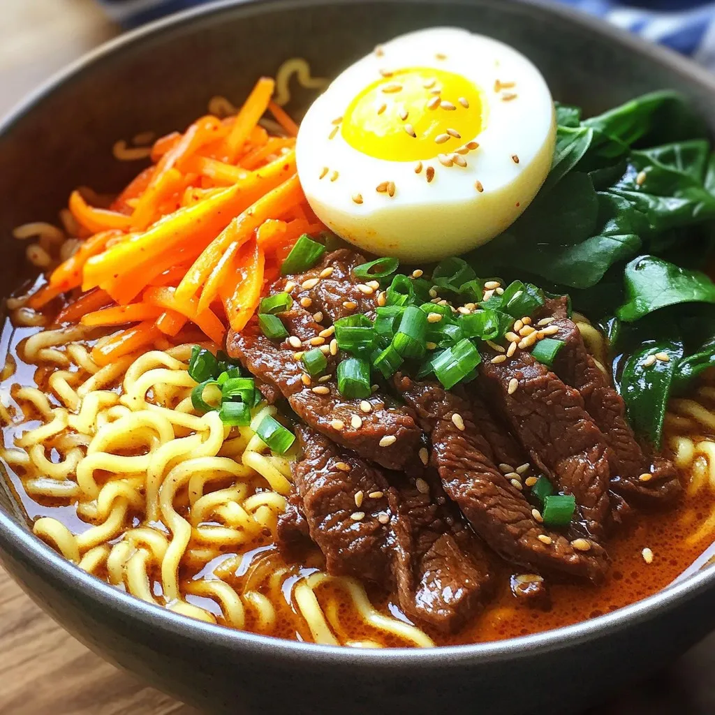 - 200g ramen noodles - 300g thinly sliced beef (sirloin or ribeye) - 3 cups beef broth - 1 tablespoon gochujang (Korean chili paste) - 1 tablespoon soy sauce - 1 tablespoon sesame oil - 1 tablespoon brown sugar - 2 cloves garlic, minced - 1-inch piece ginger, grated - 1 carrot, julienned - 1 cup fresh spinach leaves - 2 green onions, chopped Gather these ingredients before you start cooking. Each item adds its own unique taste. The beef gives a hearty base. The ramen noodles soak up all those rich flavors. Gochujang brings heat and depth. Soy sauce adds a savory touch. Sesame oil enhances the aroma. Fresh veggies bring color and nutrition. When you prepare your ramen, fresh produce makes it vibrant. Garlic and ginger add warmth. Carrots provide a nice crunch. Spinach adds a pop of green. Green onions finish it with brightness. Each ingredient plays a key role in making the dish delicious. Start by heating 1 tablespoon of sesame oil in a large pot over medium-high heat. When the oil is hot, add 2 cloves of minced garlic and a 1-inch piece of grated ginger. Stir them for about 30 seconds. You want to smell that amazing aroma! Next, add 300 grams of thinly sliced beef to the pot. Stir-fry the beef for 3 to 4 minutes. Look for it to turn a nice brown color, which means it is just cooked through. Now, mix in 1 tablespoon of gochujang, 1 tablespoon of soy sauce, and 1 tablespoon of brown sugar. Stir well to coat the beef evenly. Slowly pour in 3 cups of beef broth and bring it to a gentle simmer. Let it cook for about 10 minutes. This will help all the flavors blend together nicely. While the broth simmers, you can prepare the ramen noodles. In a different pot, bring water to a rolling boil. Cook 200 grams of ramen noodles according to the package instructions, usually about 4 to 5 minutes. Once cooked, drain the noodles and set them aside. Return to your broth. Now it's time to add some color and nutrition! Add 1 julienned carrot and 1 cup of fresh spinach leaves to the simmering broth. Cook these for another 2 to 3 minutes until the spinach wilts and the carrot becomes tender yet still crisp. To put it all together, divide the cooked ramen noodles between two bowls. Carefully ladle the hot beef broth with beef and veggies over the noodles. For a special touch, soft-boil an egg by cooking it in boiling water for 6 to 7 minutes. After cooking, place the egg in ice water to cool. Peel and cut it in half before placing it on top of your ramen. Finish by garnishing each bowl with chopped green onions and sesame seeds. This adds flavor and makes your dish look great! To achieve perfectly cooked beef, choose thin slices of sirloin or ribeye. Heat sesame oil in a large pot over medium-high heat. Add minced garlic and grated ginger, cooking for just 30 seconds. Then, add the beef slices. Stir-fry for 3-4 minutes until the beef is browned and tender. This quick cooking keeps the beef juicy. You can customize your broth's spice levels and flavors easily. Start with 1 tablespoon of gochujang for mild heat. If you prefer more spice, add more gochujang gradually. Taste the broth after simmering. Adjust it with salt and pepper to match your liking. Add a splash of soy sauce for extra umami. Presentation matters! Serve your ramen in deep bowls for a cozy feel. Top each bowl with chopped green onions and sesame seeds for color and crunch. Pair with a side of kimchi for added flavor and a pop of color. Enjoy your meal with chopsticks for an authentic touch! {{image_4}} You can switch the beef for chicken, tofu, or pork. Each choice brings a new taste. Chicken gives a lighter flavor. Tofu is great for a meatless option. Pork adds a richer touch. Adjust cooking times based on your choice. Chicken will cook faster, while pork may need a bit more time. Feel free to get creative with your vegetables. Seasonal veggies work well here. Try using mushrooms or bok choy for a unique twist. Bell peppers add a nice crunch. Zucchini or snap peas also fit perfectly. Choose what you enjoy or what you have on hand. It’s all about making it your own. If you want to mix it up, try different broths. Miso broth adds a savory depth. Vegetable broth works well for a lighter option. You can even use chicken broth if you prefer. Each choice will change the flavor profile. Experiment to find your favorite combination. To keep your Spicy Korean Beef Ramen fresh, store it in an airtight container. Place the ramen noodles and broth in separate containers. This way, the noodles won't soak up all the broth. Refrigerate them within two hours of cooking. When you want to eat leftovers, reheat the broth on the stove. Add the noodles in the last minute of heating. You can freeze the beef broth and cooked beef for later use. Let them cool completely before freezing. Use freezer-safe bags or containers. For ramen, freeze the noodles separately. To thaw, move the containers to the fridge overnight. Reheat the broth and noodles together when ready to eat. In the fridge, the ramen lasts for about 3 days. If you freeze it, the broth keeps well for up to 3 months. The noodles freeze for about 2 months. Always check for any signs of spoilage before using leftovers. To heat things up, add more gochujang. You can use extra chili paste or fresh chili peppers, too. If you want a kick, try adding sliced jalapeños or red pepper flakes. Adjust to your taste, so it’s just right for you. Yes, you can! While ramen noodles are great, you can use udon or soba noodles. Just make sure to cook them according to package instructions. They will change the texture, but they will still taste amazing. To soft-boil an egg, cook it in boiling water for 6-7 minutes. Then, place it in ice water to stop the cooking. After cooling, peel it and cut it in half. This gives a creamy yolk that makes the ramen richer. No, it’s not a must. However, vegetables like carrots and spinach add flavor and nutrients. You can also add mushrooms, bell peppers, or bok choy. Feel free to mix in what you like or have on hand. To make it gluten-free, use gluten-free ramen noodles. Check that your broth and sauces, like soy sauce, are gluten-free. Tamari is a good gluten-free option for soy sauce. This way, you can enjoy this dish without worry. In this blog post, we explored how to make Spicy Korean Beef Ramen. We covered key ingredients like ramen noodles, beef, and flavorful enhancers. I shared step-by-step instructions for preparing a rich broth and cooking vegetables. You also learned tips for customizing flavors and storing leftovers. You can enjoy many variations with different proteins and broths. With these steps, you can create a warm, tasty meal any time. Dive in, get cooking, and enjoy your delicious ramen!