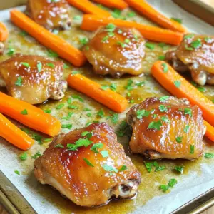 - 4 chicken thighs, bone-in and skin-on - 4 medium carrots, peeled and cut into sticks - 1/3 cup pure maple syrup - 2 tablespoons Dijon mustard - 2 tablespoons extra virgin olive oil - 1 tablespoon soy sauce (or tamari for gluten-free) - 3 cloves garlic, finely minced - 1 teaspoon fresh thyme leaves (or 1/2 teaspoon dried thyme) - Salt and freshly ground black pepper to taste - Fresh parsley, chopped (for garnish) Pure maple syrup is key for this recipe. It offers a sweet, rich flavor. Look for grade A or B syrup, as they have great taste and quality. Dijon mustard adds a slight tang that balances the sweetness. This combination creates a tasty glaze. Olive oil helps the chicken stay moist while roasting. It adds a lovely depth too. I prefer fresh thyme for this dish. It has a vibrant, aromatic flavor that brightens the meal. You can use dried thyme if that’s what you have. Use only half the amount since dried herbs are stronger. No matter which you choose, thyme adds a great herbal note that complements the maple glaze. First, preheat your oven to 425°F (220°C). This high heat helps the chicken get crispy. Next, line a baking sheet with parchment paper. This step makes cleanup super easy. You can also use a non-stick spray if you prefer. In a mixing bowl, add the following ingredients: - 1/3 cup pure maple syrup - 2 tablespoons Dijon mustard - 2 tablespoons extra virgin olive oil - 1 tablespoon soy sauce - 3 cloves minced garlic - 1 teaspoon fresh thyme leaves - Salt and black pepper to taste Whisk these items together until smooth. This glaze gives the chicken a sweet and tangy flavor. Now, take the chicken thighs and place them skin-side up on the baking sheet. Make sure they have space to cook evenly. Next, add the carrot sticks around the chicken. This way, they roast together and soak up all the flavors. Slide the baking sheet into your preheated oven. Roast the chicken and carrots for 25-30 minutes. Use a meat thermometer to check that the chicken reaches 165°F (75°C). You want the skin to be golden brown, and the carrots should be tender and caramelized. When the chicken is done, remove the baking sheet from the oven. Let the chicken rest for about 5 minutes. Resting allows the juices to redistribute. This makes each bite juicy and flavorful. Enjoy your meal! To get that crispy skin on your chicken, start with bone-in, skin-on thighs. Pat the skin dry with a paper towel. This helps remove moisture. Next, make sure your oven is hot at 425°F (220°C). A hot oven helps the skin crisp up nicely. When you add the glaze, keep half for later. Brush it on the chicken halfway through cooking. This adds even more flavor and keeps the skin crispy. If you have leftovers, let the chicken cool first. Then, place it in an airtight container. Store it in the fridge for up to three days. To keep the carrots fresh, separate them from the chicken. They may get soggy if stored together. Reheat the chicken in the oven for the best texture. Use a low heat to warm it without drying it out. Want to add more flavor? Try mixing in herbs like rosemary or oregano. They pair well with maple and chicken. For a spicy kick, add a pinch of red pepper flakes to the glaze. If you love citrus, squeeze some lemon juice over the dish before serving. This brightens the flavors and adds a fresh touch. Feel free to experiment with your favorite spices! {{image_4}} You can switch the chicken thighs for chicken breasts. Breasts cook faster, so check them after 20 minutes. You can also use drumsticks for a fun change. They roast well and stay juicy with the glaze. Feel free to add other veggies for more color and taste. Broccoli, bell peppers, or sweet potatoes work great. Just cut them into similar sizes so they cook evenly. Toss them in the maple glaze for a sweet touch. To make this dish gluten-free, use tamari instead of soy sauce. Check the labels on your Dijon mustard and maple syrup, as some brands add gluten ingredients. This small swap keeps all the flavor while making it friendly for gluten-free diets. Store any leftover Maple Glazed Chicken & Carrots in an airtight container. Keep it in the fridge. It will stay fresh for up to three days. Make sure to let the dish cool completely before sealing. This helps prevent condensation and sogginess. If you want to save it for later, freezing is a great option. Place the chicken and carrots in a freezer-safe bag or container. Make sure to remove as much air as possible. This helps avoid freezer burn. You can freeze it for up to three months. Remember to label it with the date for easy tracking. To reheat, the oven is your best friend. Preheat it to 350°F (175°C). Place the chicken and carrots on a baking sheet. Cover with foil to keep moisture in. Heat for about 15-20 minutes, or until it's warm throughout. You can also use the microwave, but the oven keeps the skin crispy. Enjoy your meal again! Yes, you can use boneless chicken thighs. They will cook faster than bone-in thighs. Adjust the cooking time to about 20-25 minutes. Check for a nice brown color on the outside. You can serve this dish with fluffy quinoa or a mixed salad. The grains add texture and balance. Fresh greens lighten the meal and add crunch. Try garlic bread for a comforting side. Check the chicken's internal temperature. It should reach 165°F (75°C). The skin should look crispy and golden. The juices should run clear when cut. If it’s still pink, cook it a bit longer. Yes, you can prep this dish ahead of time. Marinate the chicken in the maple glaze overnight. Chop the carrots and store them in the fridge. When ready to cook, just assemble and roast. This guide covered key steps for making Maple Glazed Chicken and Carrots. We discussed essential ingredients and shared tips for perfecting flavors and textures. Remember, fresh thyme can elevate your dish. Resting the chicken is crucial for juiciness. With some easy variations, you can customize it to your taste. Store leftovers properly for the best flavors later. Enjoy this tasty dish, and don’t be afraid to experiment! Your delicious meal is just a recipe away.