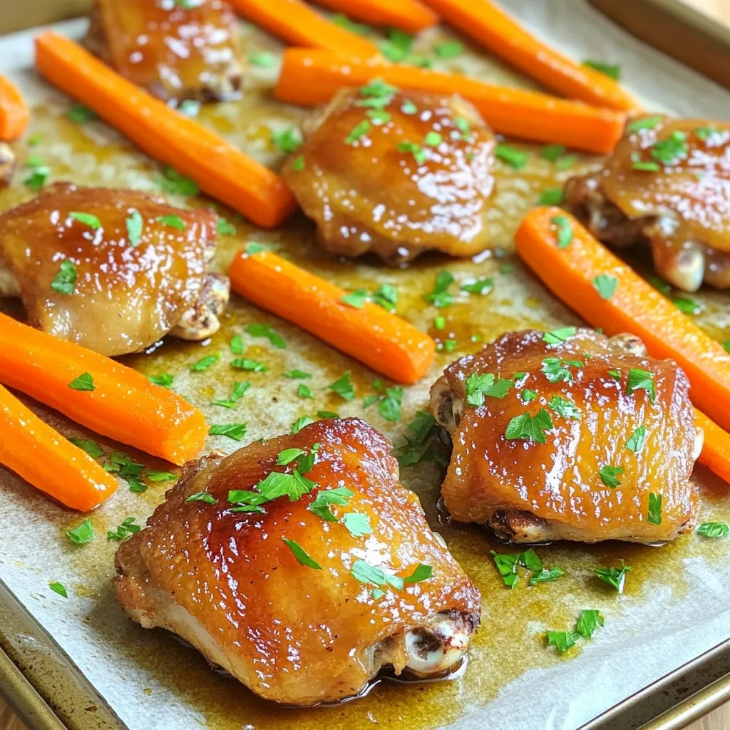 - 4 chicken thighs, bone-in and skin-on - 4 medium carrots, peeled and cut into sticks - 1/3 cup pure maple syrup - 2 tablespoons Dijon mustard - 2 tablespoons extra virgin olive oil - 1 tablespoon soy sauce (or tamari for gluten-free) - 3 cloves garlic, finely minced - 1 teaspoon fresh thyme leaves (or 1/2 teaspoon dried thyme) - Salt and freshly ground black pepper to taste - Fresh parsley, chopped (for garnish) Pure maple syrup is key for this recipe. It offers a sweet, rich flavor. Look for grade A or B syrup, as they have great taste and quality. Dijon mustard adds a slight tang that balances the sweetness. This combination creates a tasty glaze. Olive oil helps the chicken stay moist while roasting. It adds a lovely depth too. I prefer fresh thyme for this dish. It has a vibrant, aromatic flavor that brightens the meal. You can use dried thyme if that’s what you have. Use only half the amount since dried herbs are stronger. No matter which you choose, thyme adds a great herbal note that complements the maple glaze. First, preheat your oven to 425°F (220°C). This high heat helps the chicken get crispy. Next, line a baking sheet with parchment paper. This step makes cleanup super easy. You can also use a non-stick spray if you prefer. In a mixing bowl, add the following ingredients: - 1/3 cup pure maple syrup - 2 tablespoons Dijon mustard - 2 tablespoons extra virgin olive oil - 1 tablespoon soy sauce - 3 cloves minced garlic - 1 teaspoon fresh thyme leaves - Salt and black pepper to taste Whisk these items together until smooth. This glaze gives the chicken a sweet and tangy flavor. Now, take the chicken thighs and place them skin-side up on the baking sheet. Make sure they have space to cook evenly. Next, add the carrot sticks around the chicken. This way, they roast together and soak up all the flavors. Slide the baking sheet into your preheated oven. Roast the chicken and carrots for 25-30 minutes. Use a meat thermometer to check that the chicken reaches 165°F (75°C). You want the skin to be golden brown, and the carrots should be tender and caramelized. When the chicken is done, remove the baking sheet from the oven. Let the chicken rest for about 5 minutes. Resting allows the juices to redistribute. This makes each bite juicy and flavorful. Enjoy your meal! To get that crispy skin on your chicken, start with bone-in, skin-on thighs. Pat the skin dry with a paper towel. This helps remove moisture. Next, make sure your oven is hot at 425°F (220°C). A hot oven helps the skin crisp up nicely. When you add the glaze, keep half for later. Brush it on the chicken halfway through cooking. This adds even more flavor and keeps the skin crispy. If you have leftovers, let the chicken cool first. Then, place it in an airtight container. Store it in the fridge for up to three days. To keep the carrots fresh, separate them from the chicken. They may get soggy if stored together. Reheat the chicken in the oven for the best texture. Use a low heat to warm it without drying it out. Want to add more flavor? Try mixing in herbs like rosemary or oregano. They pair well with maple and chicken. For a spicy kick, add a pinch of red pepper flakes to the glaze. If you love citrus, squeeze some lemon juice over the dish before serving. This brightens the flavors and adds a fresh touch. Feel free to experiment with your favorite spices! {{image_4}} You can switch the chicken thighs for chicken breasts. Breasts cook faster, so check them after 20 minutes. You can also use drumsticks for a fun change. They roast well and stay juicy with the glaze. Feel free to add other veggies for more color and taste. Broccoli, bell peppers, or sweet potatoes work great. Just cut them into similar sizes so they cook evenly. Toss them in the maple glaze for a sweet touch. To make this dish gluten-free, use tamari instead of soy sauce. Check the labels on your Dijon mustard and maple syrup, as some brands add gluten ingredients. This small swap keeps all the flavor while making it friendly for gluten-free diets. Store any leftover Maple Glazed Chicken & Carrots in an airtight container. Keep it in the fridge. It will stay fresh for up to three days. Make sure to let the dish cool completely before sealing. This helps prevent condensation and sogginess. If you want to save it for later, freezing is a great option. Place the chicken and carrots in a freezer-safe bag or container. Make sure to remove as much air as possible. This helps avoid freezer burn. You can freeze it for up to three months. Remember to label it with the date for easy tracking. To reheat, the oven is your best friend. Preheat it to 350°F (175°C). Place the chicken and carrots on a baking sheet. Cover with foil to keep moisture in. Heat for about 15-20 minutes, or until it's warm throughout. You can also use the microwave, but the oven keeps the skin crispy. Enjoy your meal again! Yes, you can use boneless chicken thighs. They will cook faster than bone-in thighs. Adjust the cooking time to about 20-25 minutes. Check for a nice brown color on the outside. You can serve this dish with fluffy quinoa or a mixed salad. The grains add texture and balance. Fresh greens lighten the meal and add crunch. Try garlic bread for a comforting side. Check the chicken's internal temperature. It should reach 165°F (75°C). The skin should look crispy and golden. The juices should run clear when cut. If it’s still pink, cook it a bit longer. Yes, you can prep this dish ahead of time. Marinate the chicken in the maple glaze overnight. Chop the carrots and store them in the fridge. When ready to cook, just assemble and roast. This guide covered key steps for making Maple Glazed Chicken and Carrots. We discussed essential ingredients and shared tips for perfecting flavors and textures. Remember, fresh thyme can elevate your dish. Resting the chicken is crucial for juiciness. With some easy variations, you can customize it to your taste. Store leftovers properly for the best flavors later. Enjoy this tasty dish, and don’t be afraid to experiment! Your delicious meal is just a recipe away.
