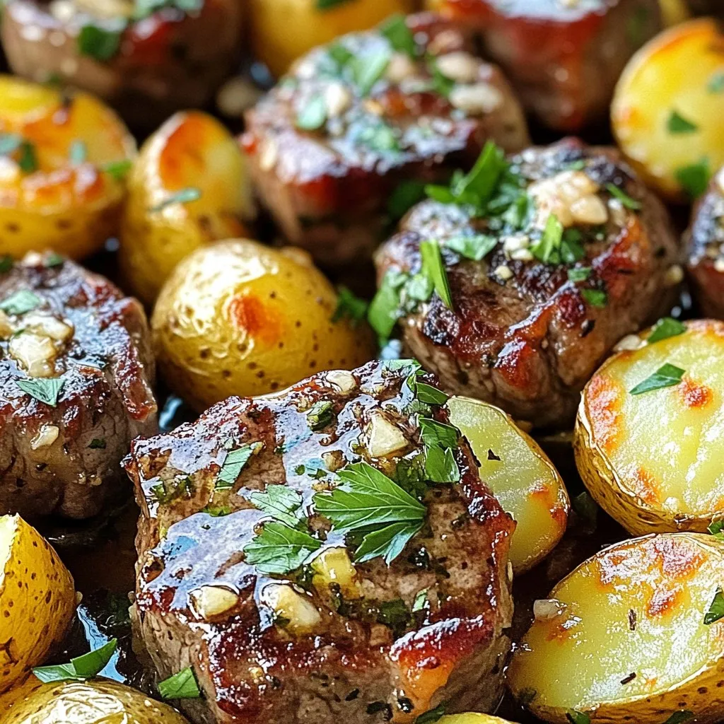- 1 lb sirloin steak, cut into bite-sized chunks - 4 medium potatoes, diced into even cubes - 4 tablespoons unsalted butter - 3 cloves garlic, finely minced - 1 teaspoon fresh rosemary, chopped (or ½ teaspoon dried) - 1 teaspoon fresh thyme leaves (or ½ teaspoon dried) - Sea salt and freshly ground black pepper, to taste - Olive oil, for drizzling - Fresh parsley, finely chopped, for garnish The heart of this dish comes from simple yet quality ingredients. Start with sirloin steak, a tender cut that cooks quickly. Cut it into bite-sized chunks for easy cooking. The potatoes add a hearty element. Choose medium potatoes and dice them into even cubes. This ensures they cook evenly. Next, garlic and butter create rich flavors. Use unsalted butter so you can control the saltiness. Fresh garlic brings a punch that pairs well with steak. The herbs, rosemary and thyme, add a touch of earthiness. Use fresh herbs for the best taste, but dried will work too. For garnish, a drizzle of olive oil adds richness, while fresh parsley brightens the dish. Each ingredient plays a role in making garlic butter steak bites and potatoes a standout meal. 1. Preheat the Oven: Start by preheating your oven to 425°F (220°C). This step is key for crispy potatoes. 2. Prepare and Season the Potatoes: In a large bowl, mix the diced potatoes with a drizzle of olive oil. Add sea salt, black pepper, and half of the chopped rosemary and thyme. Toss well until all potatoes are coated. Spread them on a baking sheet in a single layer. This helps them crisp nicely. 1. Roast the Potatoes: Place the baking sheet in your preheated oven. Roast the potatoes for 25-30 minutes. About halfway through, flip them for even browning. They should turn golden brown and crispy. 2. Sear the Steak Bites: While the potatoes roast, heat a large skillet over medium-high heat. Add 2 tablespoons of unsalted butter. Let it melt and bubble. Once ready, add the steak bites in a single layer. Sear them for 2-3 minutes on each side. Cook until they reach your desired doneness. Avoid overcrowding the pan; cook in batches if needed. 1. Combine Steak Bites with Potatoes: After roasting, take the potatoes out of the oven. Gently mix them with the garlic butter steak bites in the skillet. Toss carefully to coat the potatoes in the tasty garlic butter. 2. Garnish and Serving Tips: Transfer your steak and crispy potatoes to a serving platter. Sprinkle freshly chopped parsley on top for color and freshness. Serve right away for the best taste! To cook steak bites just right, aim for these doneness levels: - Rare: 120°F (49°C) - Medium Rare: 130°F (54°C) - Medium: 140°F (60°C) - Medium Well: 150°F (66°C) - Well Done: 160°F (71°C) Use a meat thermometer for accuracy. Cooking in batches helps get a good sear. If your pan is crowded, the steak will steam instead of brown. Cook in two or more batches for the best results. For crispy potatoes, flip them halfway through roasting. This step gives every side a chance to brown. Use a spatula to turn them carefully. Avoid overcrowding on the baking sheet. If the potatoes are too close, they will steam and not crisp up. Spread them out evenly to get that perfect crunch. Add more herbs or spices to boost flavor. Consider using fresh basil or oregano for a twist. For dipping sauces, try a simple garlic aioli or a spicy ketchup. These will add a nice kick to your steak bites and potatoes. {{image_4}} You can switch the sirloin steak for other proteins. Chicken works well here. Cut chicken breasts into bite-sized pieces and follow the same steps. Shrimp is another tasty option. Use raw, peeled shrimp and cook them for just a couple of minutes. If you want a vegetarian dish, try using hearty mushrooms. Portobello or shiitake mushrooms are great choices. Just slice them into chunks and follow the same process. Spice things up with chili flakes. Add them to the garlic butter for a kick. You can also explore different herbs. Instead of rosemary and thyme, use oregano or basil. Fresh herbs add nice flavors to the dish. Mix and match to find what you love best. To complement your steak bites and potatoes, consider other veggies. Roasted asparagus or green beans add color and crunch. A fresh salad with mixed greens balances the flavors nicely. You can also serve with dips like garlic aioli or a tangy yogurt sauce. These add a new layer of taste and fun to your meal. To keep your garlic butter steak bites and potatoes fresh, place them in the fridge. Use airtight containers to help prevent moisture loss. If you have several servings, it's best to separate the steak and potatoes. This way, they won't get soggy. - Best practices for refrigeration: - Cool the dish at room temperature before storing. - Store leftovers in the fridge within two hours of cooking. - Recommended storage containers: - Use glass or plastic containers with tight-fitting lids. - Consider using freezer-safe bags for longer storage. When reheating, aim for even warmth without drying out the food. Here are some methods to try: - Methods for reheating steak bites and potatoes: - Microwave: Heat in 30-second intervals, stirring in between. - Skillet: Reheat on low heat with a little butter or oil for moisture. - Oven: Preheat to 350°F (175°C) and bake for 10-15 minutes. - Tips for maintaining texture: - Cover the dish while microwaving to keep steam in. - Use a lid or foil when reheating in the oven. You can freeze leftovers for later enjoyment. Follow these simple steps: - Instructions for freezing: - Allow the dish to cool completely. - Portion into freezer-safe bags or containers, removing as much air as possible. - Thawing and reheating once frozen: - Thaw in the fridge overnight for best results. - Reheat thoroughly using one of the methods above. How do I know when the steak bites are done? You can check the steak bites with a meat thermometer. Aim for 130°F for medium-rare and 145°F for medium. If you do not have a thermometer, cut into one. It should be brown on the outside and slightly pink inside. Cooking times vary based on the steak size. Can I make this recipe ahead of time? Yes, you can prepare the potatoes and steak bites ahead. Cook them fully, then cool them. Store in the fridge for up to two days. Reheat before serving. What can I use instead of sirloin steak? You can use tender cuts like ribeye or filet mignon. For a budget option, try flank or skirt steak. These cuts will also work well. Alternatives to butter for a dairy-free version Use olive oil or avocado oil instead of butter. These oils add richness and flavor without dairy. They are great for frying the steak and roasting the potatoes. What to serve with garlic butter steak bites and potatoes? Pair this meal with a fresh salad or steamed veggies. A simple green salad of mixed greens works well. You can also serve a light dip on the side for added flavor. Best way to present the dish for guests Serve on a rustic wooden board for a charming look. Scatter fresh herbs around the dish for color. A lime wedge can add a bright touch. This presentation will impress your guests! This blog post covered all the essentials for making delicious garlic butter steak bites and crispy potatoes. We explored the key ingredients and seasoning, plus how to cook and serve them. You learned tips for perfecting your steak and getting those potatoes crispy. I offered variations for proteins and flavors, along with storage and reheating advice. With these handy guidelines, you can impress anyone with this tasty dish. Dive in, get creative, and enjoy the cooking process. Happy cooking!