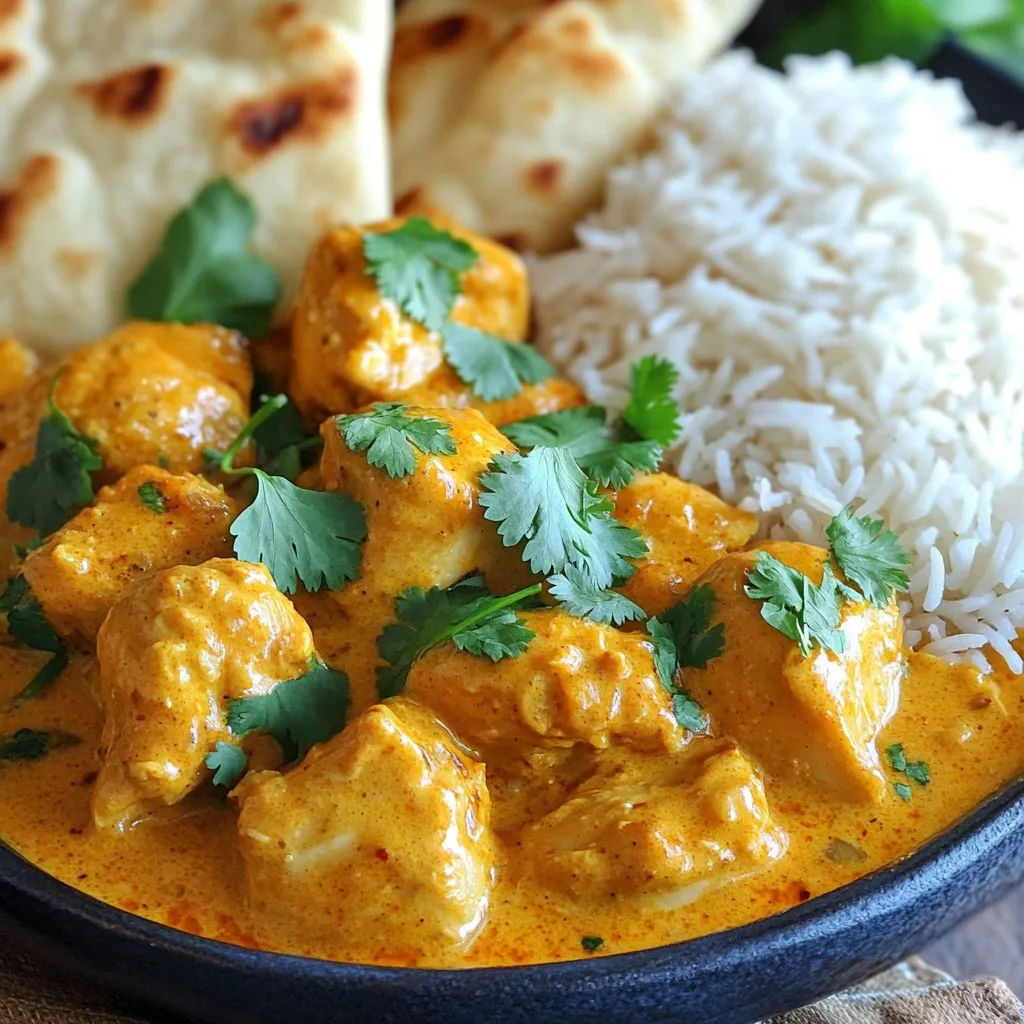 To make Quick Butter Chicken, you need the following main ingredients: - 500g boneless chicken thighs, diced into bite-sized pieces - 2 tablespoons unsalted butter - 2 tablespoons olive oil - 1 medium onion, finely chopped - 4 cloves garlic, minced - 1 tablespoon fresh ginger, grated - 2 teaspoons garam masala - 1 teaspoon turmeric powder - 1 teaspoon ground cumin - 1 teaspoon chili powder (adjust based on your spice preference) - 400g canned crushed tomatoes - 200ml coconut milk - Salt to taste These ingredients come together to create a rich and creamy dish that is both flavorful and satisfying. You can enhance your Quick Butter Chicken with these optional seasonings and garnishes: - Fresh cilantro, chopped (for garnish) - Lime wedges (for added zest) These extras can brighten the dish and add fresh notes. For a complete meal, serve your Quick Butter Chicken with: - Cooked basmati rice - Warm naan bread These sides soak up the sauce and make each bite delightful. Enjoy this warm meal with your favorite drink for a cozy experience! Start by gathering all your ingredients. This makes cooking smooth and quick. - 500g boneless chicken thighs, diced - 2 tablespoons unsalted butter - 2 tablespoons olive oil - 1 medium onion, finely chopped - 4 cloves garlic, minced - 1 tablespoon fresh ginger, grated - 2 teaspoons garam masala - 1 teaspoon turmeric powder - 1 teaspoon ground cumin - 1 teaspoon chili powder - 400g canned crushed tomatoes - 200ml coconut milk - Salt, to taste - Fresh cilantro, chopped, for garnish - Cooked basmati rice or warm naan bread, for serving Now, you’re ready to cook! In a large skillet, melt the butter with olive oil over medium heat. This should take about a minute. Add the chopped onion and cook for around 5 minutes. You want it soft and clear. Next, mix in the garlic and ginger. Stir for 1-2 minutes. The aroma will be amazing! Now, it's time for the spices. Sprinkle in the garam masala, turmeric, cumin, and chili powder. Stir for 1 minute to let the spices bloom. Add the diced chicken. Cook it until it's nicely browned, about 5-7 minutes. Pour in the crushed tomatoes and coconut milk. Stir well to blend everything. Now, add salt to your taste. Lower the heat and let it simmer for 10-15 minutes. The chicken should be tender and fully cooked. Before serving, sprinkle chopped cilantro on top. This adds a fresh touch. Serve your butter chicken hot over basmati rice or with warm naan bread. Enjoy the flavors! To boost flavor in your butter chicken, use fresh spices. Fresh ginger and garlic add depth. Feel free to adjust spices based on your taste. If you like heat, add more chili powder. Adding a squeeze of lime juice brightens the dish. Experiment with different herbs like mint or basil for a twist. One common mistake is overcooking the chicken. This can make it tough. Cook until just done, then simmer. Another mistake is not to toast the spices. Toasting brings out their true flavors. Also, remember to season with salt. Taste as you go to get it right. Use boneless chicken thighs for more flavor. Dice them into even pieces for uniform cooking. Start with medium heat to brown the chicken nicely. Once browned, let it simmer gently. This helps the chicken soak up the sauce flavors. Always check if the chicken is cooked through before serving. {{image_4}} You can easily make butter chicken vegetarian. Use cubed tofu or chickpeas instead of chicken. For a vegan twist, replace butter with coconut oil. Use plant-based yogurt or cashew cream for the creamy texture. This keeps the dish rich and flavorful without animal products. Adjust the heat to your liking. For a mild dish, reduce chili powder to half a teaspoon. If you love spice, add more chili powder or a pinch of cayenne pepper. Remember, you can always add heat, but it’s hard to take it away. Start small, then taste as you go. This recipe is flexible. If you avoid gluten, serve it with rice instead of naan. For a lower-carb option, use cauliflower rice. If you're dairy-free, make sure to check your coconut milk brand for additives. You can also substitute crushed tomatoes with tomato puree for a smoother sauce. To keep your butter chicken fresh, place it in an airtight container. Make sure it cools to room temperature first. Store it in the fridge for up to three days. If you want to save it longer, consider freezing. When you are ready to eat the leftovers, use the stovetop for the best result. Pour the butter chicken into a pan and heat it on low. Stir it often to avoid burning. You can also use a microwave. Just cover the dish and warm it in short bursts. Stir in between to ensure even heating. To freeze your butter chicken, use a freezer-safe container. Make sure to leave some space at the top for expansion. It can last in the freezer for up to two months. When you are ready to eat, thaw it overnight in the fridge. Then, reheat as mentioned above. It takes about 30 minutes to make butter chicken. You spend 10 minutes prepping and 20 minutes cooking. This quick recipe lets you enjoy a tasty meal without a long wait. Start by melting butter and olive oil, then add onions, garlic, and spices. After that, cook the chicken before adding tomatoes and coconut milk. Let it simmer, and your dish is ready! Yes, you can use chicken breast instead of thighs. Chicken breast is leaner but can dry out if overcooked. Keep an eye on the cooking time. Brown the chicken pieces just like you would with thighs. The flavors will still be great with the spices and sauce! You can serve butter chicken with basmati rice or warm naan bread. Both options soak up the rich sauce well. For extra flavor, add fresh cilantro on top. You can also include lime wedges for a zesty kick. Enjoy your meal with a side salad for freshness! In this blog post, we explored how to make quick butter chicken. We covered main ingredients, optional seasonings, and suggested sides. You learned step-by-step instructions from prep to cooking. We also shared tips to boost flavor and avoid mistakes. Variations included vegetarian options and spice adjustments. Lastly, we discussed storage and reheating. Butter chicken is a tasty dish you can easily make at home. Enjoy experimenting with the flavors!