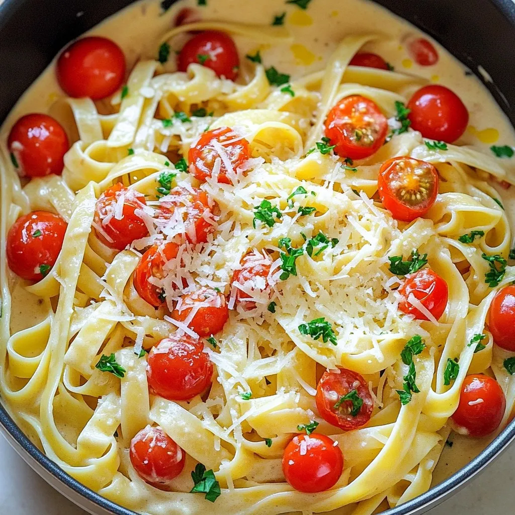 - 8 oz fettuccine or spaghetti - 4 cups vegetable broth - 1 cup heavy cream - 1 cup freshly grated Parmesan cheese - 4 cloves garlic, minced - 1 tablespoon olive oil - 1 teaspoon onion powder - 1 teaspoon Italian seasoning - Salt and pepper to taste - Fresh parsley, chopped - 1 cup cherry tomatoes, halved Gathering your ingredients is the first step to making this dish. Start with the pasta. You can use fettuccine or spaghetti. Both will work well. Next, grab four cups of vegetable broth. This will add great flavor to the pasta. You will also need one cup of heavy cream. This makes the sauce rich and creamy. Now, let’s talk cheese! You need one cup of freshly grated Parmesan cheese. This is key for that delightful cheesy flavor. For seasoning, you will need four cloves of minced garlic. This gives a wonderful aroma and taste. Add one tablespoon of olive oil to sauté the garlic. You’ll also use one teaspoon each of onion powder and Italian seasoning. Don't forget salt and pepper to taste. Lastly, fresh parsley will add color and a nice touch when serving. If you want to add a burst of flavor, cherry tomatoes are a great option. Halve them and toss them in for a pop of freshness. With all these ingredients ready, you're on your way to creating a delicious one-pot meal! - Warm 1 tablespoon of olive oil in a large pot over medium heat. - Add 4 cloves of minced garlic and sauté for about 1 minute until fragrant. - Pour in 4 cups of vegetable broth and bring it to a gentle boil. - Once the broth bubbles, add 8 oz of fettuccine or spaghetti to the pot. - Cook the pasta according to the package instructions, usually about 9-11 minutes. Stir occasionally to keep it from sticking. - Lower the heat and stir in 1 cup of heavy cream and 1 cup of freshly grated Parmesan cheese. - Add 1 teaspoon of onion powder, 1 teaspoon of Italian seasoning, and salt and pepper to taste. - Mix well until the cheese melts and the sauce thickens, about 2-3 minutes. - If you like, fold in 1 cup of halved cherry tomatoes for a fresh touch. - Taste and adjust seasoning as needed. - Serve the pasta hot, garnished with chopped parsley for a pop of color. To get that perfect al dente pasta, cook it until it is firm but not hard. Fettuccine or spaghetti will take around 9 to 11 minutes in boiling broth. Stir it often to keep it from sticking together. A good rule is to taste the pasta a minute or two before the time is up. This way, you can catch it at just the right moment. To thicken your sauce, let it simmer for a few extra minutes after adding the cream and cheese. The heat will help it come together nicely. Use freshly grated Parmesan cheese instead of pre-grated. Fresh cheese melts better and adds a richer flavor to your dish. Pair your pasta with a light salad or garlic bread for a full meal. A simple green salad with lemon dressing balances the creaminess well. For drinks, a glass of white wine, like Pinot Grigio, goes nicely with this dish. It refreshes your palate and enhances the flavors of the pasta. {{image_4}} You can switch up the pasta type. Whole wheat or gluten-free pasta works well. These options add unique flavors and textures. You can also try different shapes like penne or rotini. For cream, consider using coconut milk or cashew cream. These choices make the dish lighter and dairy-free. They also add a different taste that can be fun to try. Adding protein can make your dish heartier. Chicken or shrimp pairs nicely with the creamy sauce. Simply cook them in the pot before adding the pasta. This adds flavor and makes the meal more filling. You can add vegetables for extra nutrition. Spinach, peas, or bell peppers blend well into the sauce. They add color and health benefits. Just toss them in with the pasta during the last few minutes of cooking. To make this dish gluten-free, use gluten-free pasta. Check that your broth and cheese are also gluten-free. This way, everyone can enjoy it. For dairy-free options, you can use nut-based cheese. Almond or cashew cheese melts well and gives a creamy texture. You can also replace heavy cream with almond or oat milk. These swaps keep the dish rich and tasty without dairy. To keep your One Pot Creamy Garlic Parmesan Pasta fresh, follow these tips: - Cool it down: Let the pasta cool to room temperature before storing. - Use airtight containers: Store the pasta in airtight containers to prevent drying out. - Refrigerate promptly: Place the containers in the fridge within two hours of cooking. This helps keep the pasta tasty for up to three days. To reheat your pasta without losing its creaminess, do the following: - Add moisture: When reheating, add a splash of milk or cream. - Use low heat: Warm the pasta on the stove over low heat. Stir frequently to avoid sticking. This keeps the sauce smooth and creamy. Avoid microwaving it too long, as it may overcook the pasta. Yes, you can freeze One Pot Creamy Garlic Parmesan Pasta! Here’s how: - Cool completely: Ensure the pasta is cool before freezing. - Use freezer-safe containers: Store in containers or freezer bags, removing as much air as possible. To thaw and reheat: - Thaw in the fridge: Leave it in the fridge overnight before reheating. - Reheat gently: Warm it on the stove with a bit of added cream or broth, stirring often. This method helps maintain flavor and texture. Enjoy your creamy pasta later! - How can I make this dish vegan? To make this dish vegan, swap heavy cream for a plant-based cream. You can use coconut cream or cashew cream. For cheese, try nutritional yeast or a vegan Parmesan. This way, you keep the creamy texture and flavor. - What can I use instead of heavy cream? If you want to skip heavy cream, you can use half-and-half or whole milk. These options will give you a lighter sauce. You can also try a mix of vegetable broth and a starch, like cornstarch, to thicken it. - Can I make this dish ahead of time? Yes, you can make this dish ahead of time. Cook it fully and let it cool. Store it in the fridge for up to three days. When ready to eat, just reheat it on low heat. - How do I prevent the pasta from sticking? To keep pasta from sticking, stir it well while it cooks. Adding a bit of olive oil to the pot can also help. Make sure to use enough broth, too, so the pasta has room to move. - What if I want to spice it up? If you want to add spice, try red pepper flakes or a dash of hot sauce. You can also use spicy sausage or even sautéed jalapeños for extra heat. - Can I add more herbs to the recipe? Absolutely! You can add fresh basil, thyme, or oregano. These herbs bring great flavor. Just add them at the end to keep their taste fresh and bright. This blog post covered a simple and tasty recipe for creamy garlic Parmesan pasta. You learned about the key ingredients, step-by-step cooking instructions, and helpful tips to perfect the dish. I shared ideas for variations, storage tips, and answered common questions to make cooking easier. Feel free to experiment with flavors and ingredients to fit your taste. Enjoy making this dish and sharing it with others!