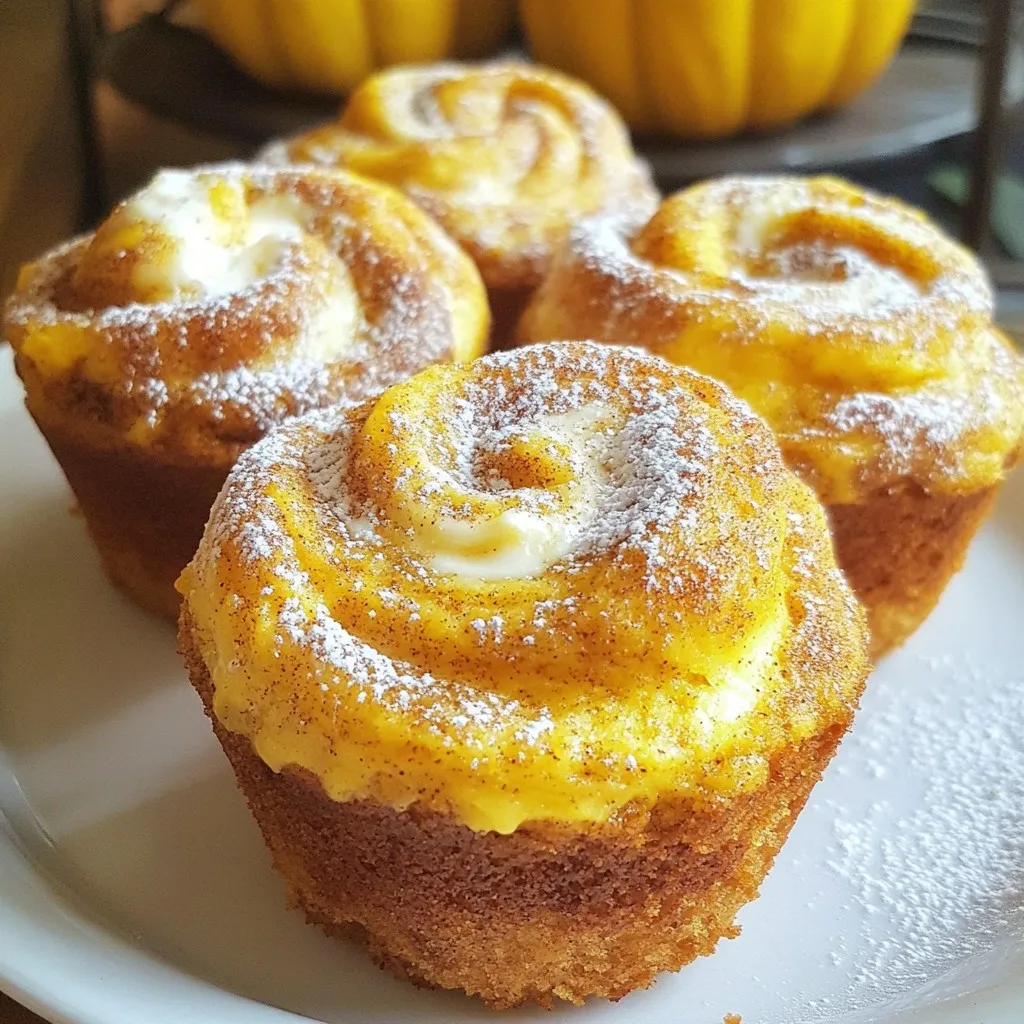 - 1 cup pumpkin puree - 1/2 cup vegetable oil - 3/4 cup granulated sugar - 1/2 cup brown sugar, packed - 2 large eggs - 1 teaspoon vanilla extract - 2 cups all-purpose flour - 1 teaspoon baking powder - 1 teaspoon baking soda - 1 teaspoon ground cinnamon - 1/2 teaspoon ground nutmeg - 1/4 teaspoon ground ginger - 1/4 teaspoon salt - 8 oz cream cheese, softened - 1/4 cup powdered sugar - 1 tablespoon lemon juice - 1 teaspoon vanilla extract (for the cream cheese mixture) Gathering these ingredients is the first step to making my favorite pumpkin cream cheese swirl muffins. The pumpkin puree brings a rich flavor and moisture. You will also need two types of sugar, granulated and brown, for sweetness and depth. Vegetable oil keeps the muffins soft and tender. Next, the eggs bind everything together. I add vanilla extract for a warm aroma. For the dry mix, I use all-purpose flour, baking powder, and baking soda to help the muffins rise. The spices—cinnamon, nutmeg, and ginger—give a cozy, fall taste. Do not forget the salt; it enhances all the flavors. The cream cheese filling is key to this recipe. It needs to be softened so it mixes well with the powdered sugar and lemon juice. I add a bit of vanilla to the cream cheese for extra flavor. With this list of ingredients, you're ready to bake a treat that is spiced just right and creamy inside. Enjoy the process! {{ingredient_image_2}} - Preheat the oven to 350°F (175°C). - In a large bowl, mix the wet ingredients well. These include pumpkin puree, vegetable oil, granulated sugar, brown sugar, eggs, and vanilla extract. - In another bowl, prepare the dry ingredients. Combine flour, baking powder, baking soda, cinnamon, nutmeg, ginger, and salt. Whisk them together so they mix evenly. - Spoon the pumpkin batter into muffin cups. Fill them about halfway. - Next, add a big spoonful of cream cheese filling on top of the batter. - Finally, layer the remaining pumpkin batter over the cream cheese. Each cup should be around 3/4 full. - Place the muffin tin in the oven and bake for 18-22 minutes. - To check if they are done, stick a toothpick in the center. It should come out clean or have a few moist crumbs. - Let the muffins cool in the pan for 5 minutes, then transfer them to a wire rack to cool completely. - Use room temperature ingredients. This helps the batter mix well. - Do not overmix the batter. A few lumps are okay. This keeps the muffins light. - Dust the tops with powdered sugar. This adds a sweet touch. - Serve with a honey drizzle. It makes the muffins look great and taste even better. - Pair muffins with coffee or tea. They make a perfect match. - These muffins are great for breakfast or a snack. Enjoy them any time of day! Pro Tips Use Fresh Pumpkin Puree: For the best flavor, consider making your own pumpkin puree from fresh pumpkins rather than using canned. This adds a rich, vibrant taste to your muffins. Don't Overmix the Batter: When combining the wet and dry ingredients, mix until just combined. Overmixing can lead to dense muffins instead of light and fluffy ones. Room Temperature Ingredients: Ensure that your cream cheese and eggs are at room temperature before mixing. This helps them blend more smoothly into the batter. Store Properly: Keep your muffins in an airtight container at room temperature to maintain their moisture. They can also be frozen for up to three months for later enjoyment. {{image_4}} You can change the taste of these muffins easily. One fun idea is to add chocolate chips to the batter. Just mix in about 1 cup of chocolate chips before you fill the muffin cups. The sweet chocolate pairs well with the pumpkin flavor. Another tasty option is to include nuts or dried fruits. Chopped walnuts or pecans add a nice crunch. Dried cranberries or raisins bring a bit of sweetness. About 1/2 cup of either works well. Stir them into the batter before filling the cups for a delightful surprise in every bite. If you need a gluten-free option, you can use gluten-free flour instead of all-purpose flour. This simple swap keeps the muffins soft and tasty. Just make sure the gluten-free flour blend you pick is suitable for baking. For those who want less sugar, you can substitute regular sugar with a sugar alternative. Options like stevia or monk fruit sweetener work well. Use the same amount as you would regular sugar. This way, you can enjoy these muffins without guilt! To store your pumpkin cream cheese swirl muffins at room temperature, place them in an airtight container. This keeps them fresh for up to three days. You can also use a cake dome for added protection against air and moisture. Avoid stacking them too tightly, as this can cause them to stick together. For long-term storage, freezing is a great option. Allow the muffins to cool completely. Then, wrap each muffin tightly in plastic wrap. Place the wrapped muffins in a freezer-safe bag or container. They can last up to three months in the freezer. When ready to enjoy, simply take out the number you need. To reheat muffins for the best results, preheat your oven to 350°F (175°C). Place the muffins on a baking sheet and heat for about 10 minutes. This method keeps them moist and helps revive their flavor. If you're in a hurry, you can use a microwave. Heat each muffin for about 15-20 seconds, but be careful not to make them too hot. Yes, you can make these muffins without eggs. You can use a substitute like flaxseed meal or applesauce. For one egg, mix 1 tablespoon of flaxseed meal with 2.5 tablespoons of water. Let it sit for a few minutes until it thickens. This works well in keeping your muffins moist. To check if the muffins are done, insert a toothpick into the center. If it comes out clean or with a few moist crumbs, they are ready. Watch the baking time closely. The muffins usually take 18-22 minutes. Yes, you can use fresh pumpkin. Start by cooking the pumpkin until soft. Then, mash it until smooth. Make sure to measure one cup for the recipe. Fresh pumpkin offers a great taste and texture in your muffins. You've learned how to make delicious pumpkin cream cheese muffins. We covered the ingredients, step-by-step prep, and baking tips. Remember to use room temperature ingredients and avoid overmixing. Feel free to add your own twist with chocolate or nuts. Store them right to enjoy later, and don’t forget those reheating tips. This recipe offers a tasty treat for breakfast or snacks. Now, it’s time to bake and enjoy the flavors!